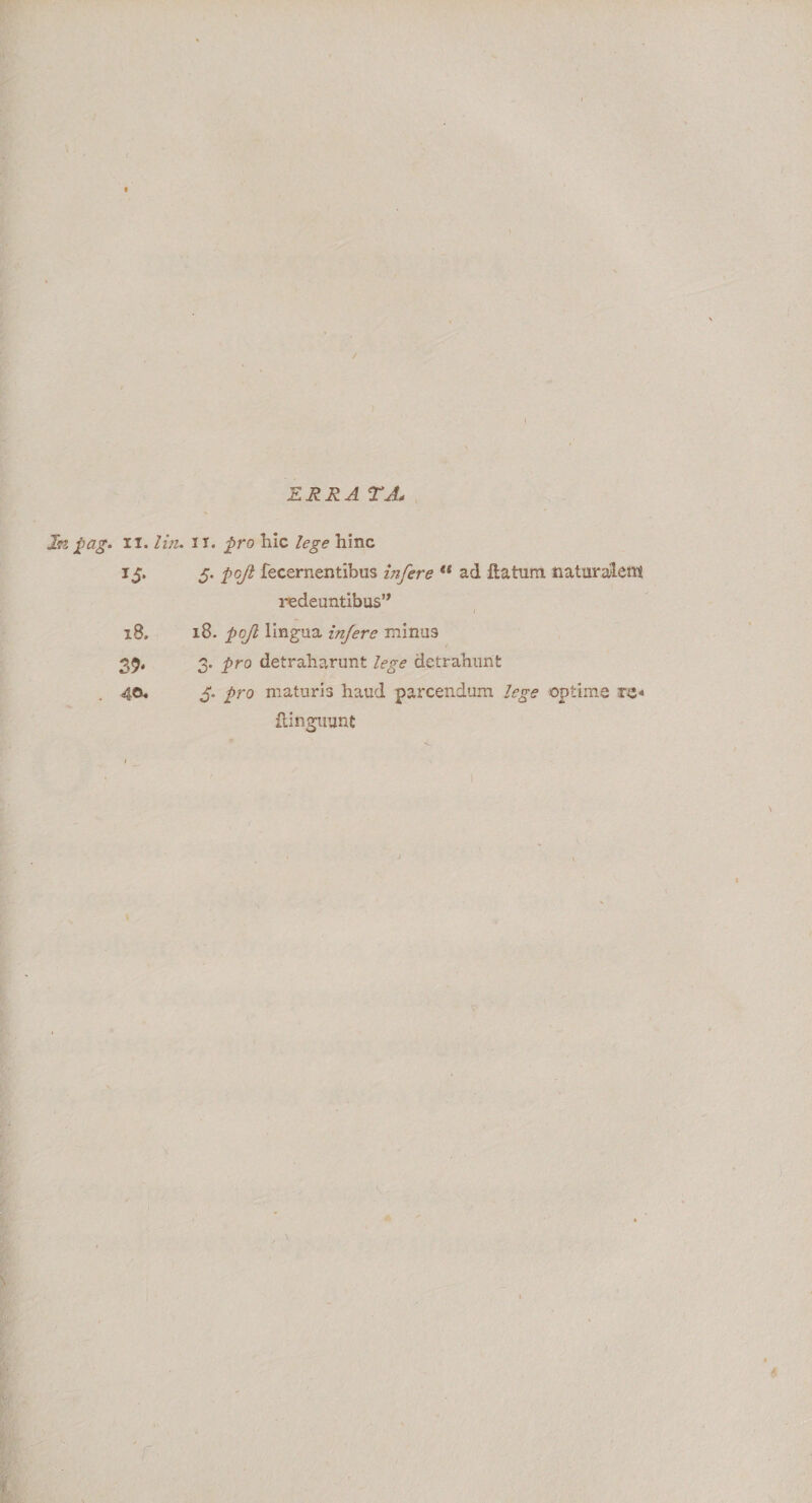 ERRA TJ* pag. II. lin. II. pro hic lege hinc 15. 5. pojl fecernentibus infere  ad ilatum naturalem redeuntibus” / 18. 18. pojl lingua infere minus 39« 3- Pr0 detraharunt lege detrahunt 40. 5. pro maturis haud parcendum lege optime re* itinguunt
