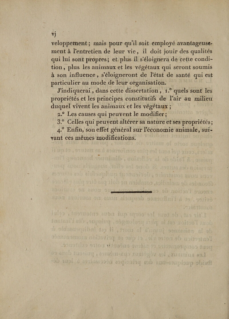 V veloppement ; mais pour qu’il soit employé avantageuse¬ ment à l’entretien de leur vie, il doit jouir des qualités qui lui sont propres; et plus il s’éloignera de cette condi¬ tion , plus les animaux et les végétaux qui seront soumis à son influence, s’éloigneront de l’état de santé qui est particulier au mode de leur organisation. J’indiquerai , dans cette dissertation , i.° quels sont les propriétés et les principes constitutifs de l’air au milieu duquel vivent les animaux et les végétaux ; 2. ° Les causes qui peuvent le modifier; 3. ° Celles qui peuvent altérer sa nature et ses propriétés ; 4.0 Enfin, son effet général sur l’économie animale, sui¬ vant ces mêmes modifications. i f