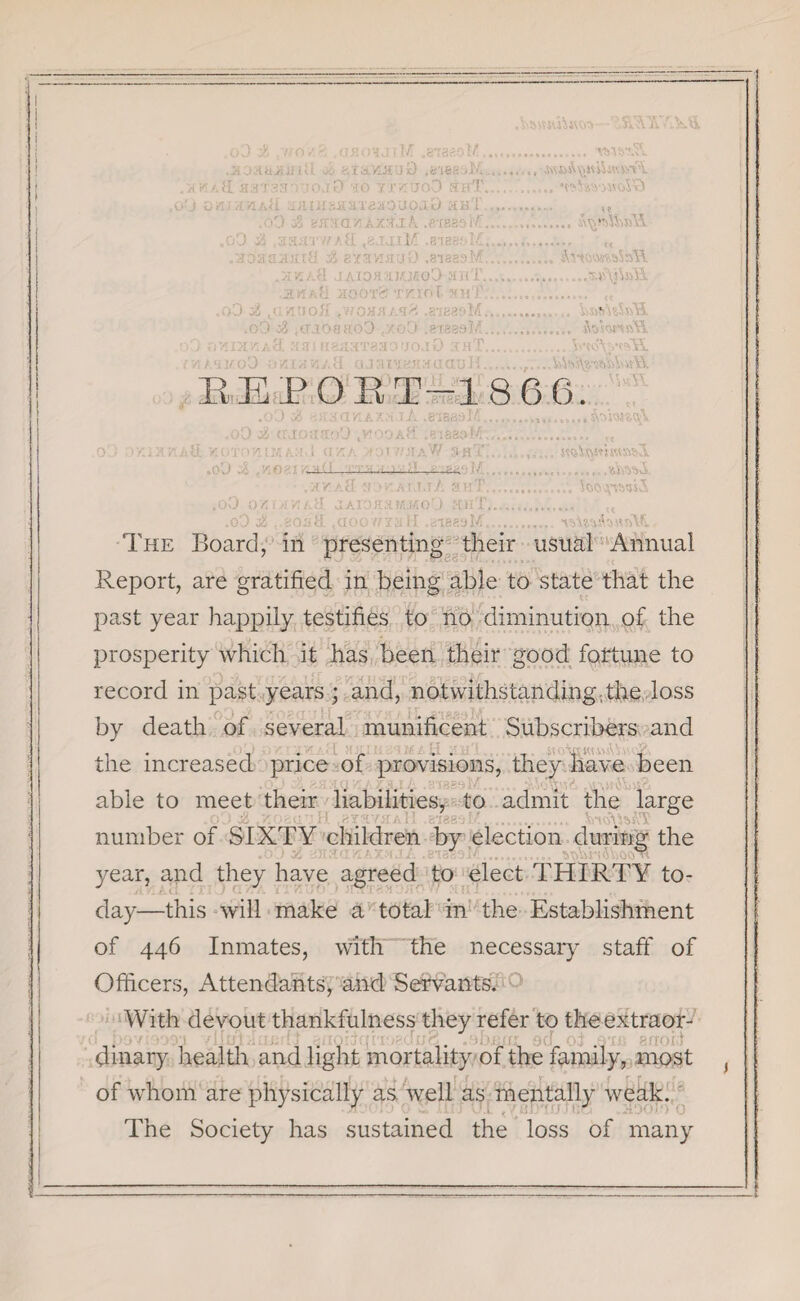 . 'WAVSiV ,o3 ± ,~na/< .anewjtM .giaeaM.. .ilOAiMUTlii ftT'ini^SUQ .is'iSS^Ii, '/haH s ,3 t 3 aroixoj0 30 TJ'dtjoO atsT'.. ■j Q'Ar&vudtl aauiaaaxgapuoaD a«T ... .'60 oS 8Haa'/5Ax:3jA .etseaMT.. .oO d ,s:sum/Aa ,8jaiM .aiessM;..,.. .aoaaiuuO jS eysviatiO .81233M. .aijAfl jAioaawiffoO anT...... hwaM xoox'd TKiot xhT;.,.;. ,o3 32 tawtio}f .woxxAxd .g'lBgjtM.-..,.. .oO 08 .oraoaRoO «xoO .aieeaM...... )3 aHIHAASC Hffl H8aaT830l/OjO xhT. ' M >SKOO 8KHJ5A8 OJ51I'38aMQ<IuH EEPORT-1866. .oO ii axxareAxxjA .esaasM....,,. ,o3 38 crjtoaaoO .viooaS .eisao ML,...„ sJJ. y.inus/•.;•! i a/;/. • ;> ■ maW 3jiT'. . ...... «<»5uvs«msfcl. -u-£!—__« • - ,3/aS fj :>v'A!..t.tA anrT.... ioo^ssJ .oO ovir-<iviAll XA.iofl:tM.MOO KhT... ,t .oO ; ft .aoo/r/a II .giessl/L,.isUsjfottftVIt. ...■y.Ap'iJsii * ... jVywtftVL LW The Board, in presenting their usual Annual Report, are gratified in being able to state that the past year happily testifies to no diminution of the prosperity which it has been their good fortune to record in past years; and, notwithstanding, the loss by death of several munificent Subscribers and the increased price of provisions, they have been - ■ . . ' / *5 I - - . v . (• able to meet their liabilities, to admit the large „..v. 5m\iw\TJ number of SIXTY children by election during the year, and they have agreed to elect THIRTY to¬ day—this will make a total in the Establishment of 446 Inmates, with the necessary staff of Officers, Attendants, and Servants. With devout thankfulness they refer to theextraor- . Hi/8. ..->iWr 9d_ oi ,9'ui arrorl dmary health and light mortality of the family, most of whom are physically as well as mentally weak. X J A ■ . , ;!! • :V The Society has sustained the loss of many
