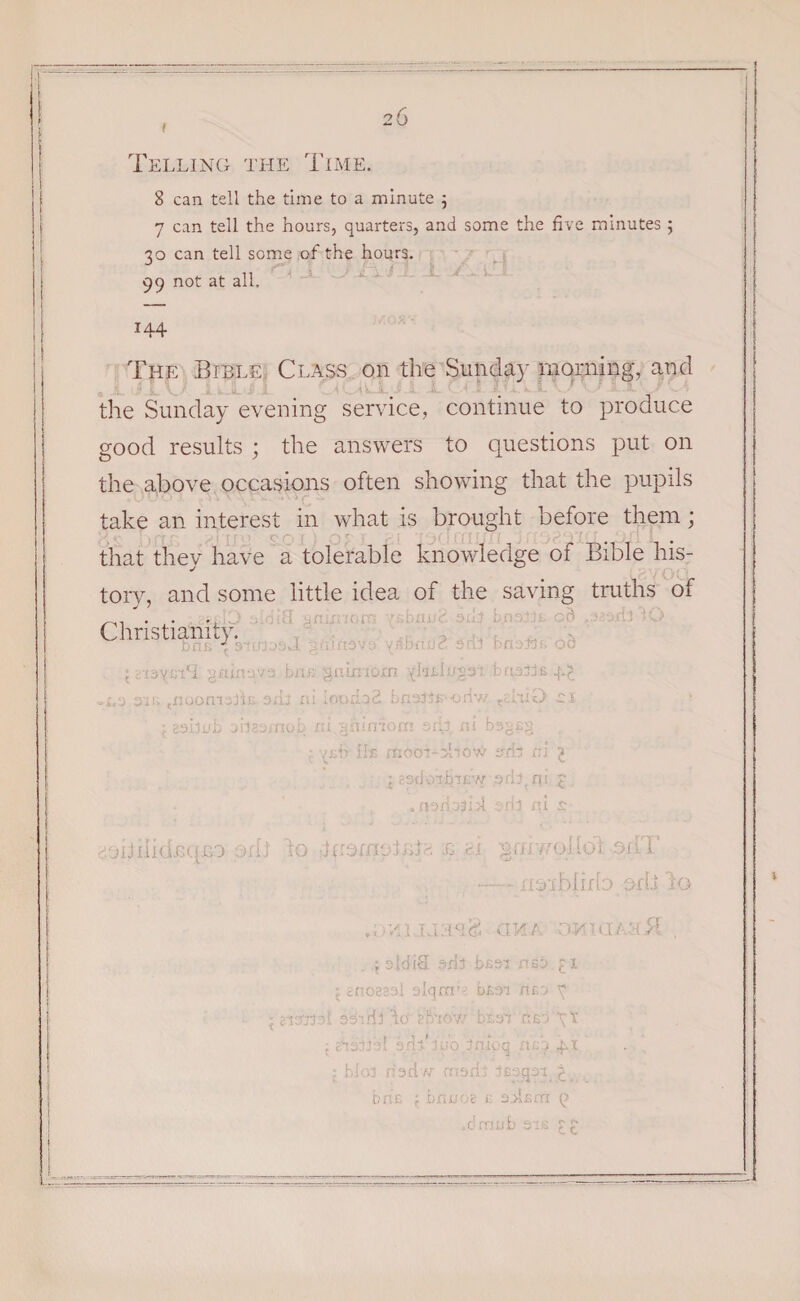Telling the Time. 8 can tell the time to a minute ; 7 can tell the hours, quarters, and some the five minutes ; 30 can tell some of the hours. 99 not at all. 144 The Bible, Class on the Sunday morning, and the Sunday evening service, continue to produce good results ; the answers to questions put on the above occasions often showing that the pupils take an interest in what is brought before them; that they have a tolerable knowledge of Bible his¬ tory, and some little idea of the saving truths of ) sldifl gmmorr. 'sbnuS sitybnons cd q^xil >G 9-tro>>3f> Qci {g-tsyaTI gnhtava bar, gnimom '(htlujo: bnaUB 4? x.o 31 u tnooma3^B sib ni ioodb2 bnMJjs-oriw ,£itiO • esilub oilsomob ni §niniom srb ni bsgsg . vBtr ilx mooir-shovCr 3rb ni £ • ?.3clotbr£w Oiil, ni £ . narbfijl oril ni £ Christianity ns. doijilidnqjso aril do dfiornotnia l bi guiv/ol iot oriT — noibhrb odi lo '* 1 T 4 <- l<£ (IMA OHIO/ T (A ; sldiS arh b^si nso £1 ; cnoaaal olqm’' b£o*! nco r • f io'jlol 33'..dj do ?b‘iov.’ bissr nG \t , man 2 afif luodnipq n/;h 41 : blots had // marls SBaqaq £ bri.c j brtijoe e ‘jA&m q