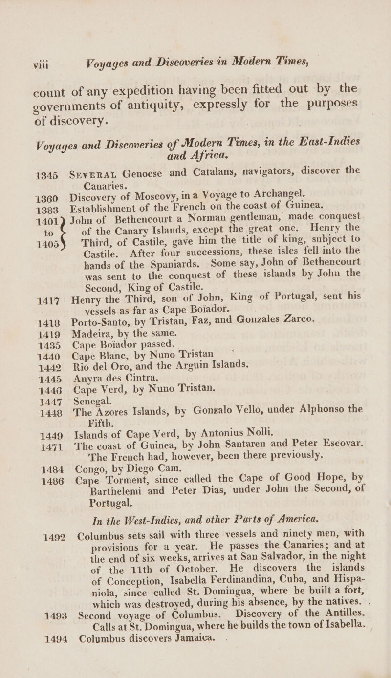 count of any expedition having been fitted out by the governments of antiquity, expressly for the purposes of discovery. Voyages and Discoveries ^Modern TivaeSy in the East-Indies and AJ'rica, 1345 Several Genoese and Catalans, navigators, discover the Discovery of Moscovy, in a Voyage to Archangel. Establishiiient of the French on the coast of Guinea. John of Bethencourt a Norman gentleman, made conquest of the Canary Islands, except the great one. Henry the Third, of Castile, gave him the title of king, subject to Castile. After four successions, these isles fell into the hands of the Spaniards. Some say, John of Bethencourt was sent to the conquest of these islands by John the Second, King of Castile. 1417 Henry the Third, son of John, King of Portugal, sent his vessels as far as Cape Boiador. 1418 Porto-Santo, by Tristan, Faz, and Gonzales Zarco. 1419 Madeira, by the same. 1435 Cape Boiador passed. 1440 Cape Blanc, by Nuno Tristan 1442 Rio del Oro, and the Arguin Islands. 1445 Anyra des Cintra. 1440 Cape Verd, by Nuno Tristan. 1447 Senegal. i * i , . 1448 The Azores Islands, by Gonzalo Velio, under Alphonso the Fifth. 1449 Islands of Cape Verd, by Antonius Nolli. 1471 The coast of Guinea, by John Santaren and Peter Escovar. The French had, however, been there previously. 1484 Congo, by Diego Cam. ^ ^ „ 1486 Cape Torment, since called the Cape of Good Hope, by Barthelemi and Peter Dias, under John the Second, of Portugal. In the West-Indies, and other Parts of America, 1492 Columbus sets sail with three vessels and ninety men, with provisions for a year. He passes the Canaries; and at the end of six weeks, arrives at San Salvador, in the night of the 11th of October. He discovers the islands of Conception, Isabella Ferdinandina, Cuba, and Hispa¬ niola, since called St. Domingua, where he built a fort, which was destroyed, during his absence, by the natives. . 1493 Second voyage of Columbus. Discovery of the Antilles. Calls at St. Domingua, where he builds the town of Isabella. 1494 Columbus discovers Jamaica.