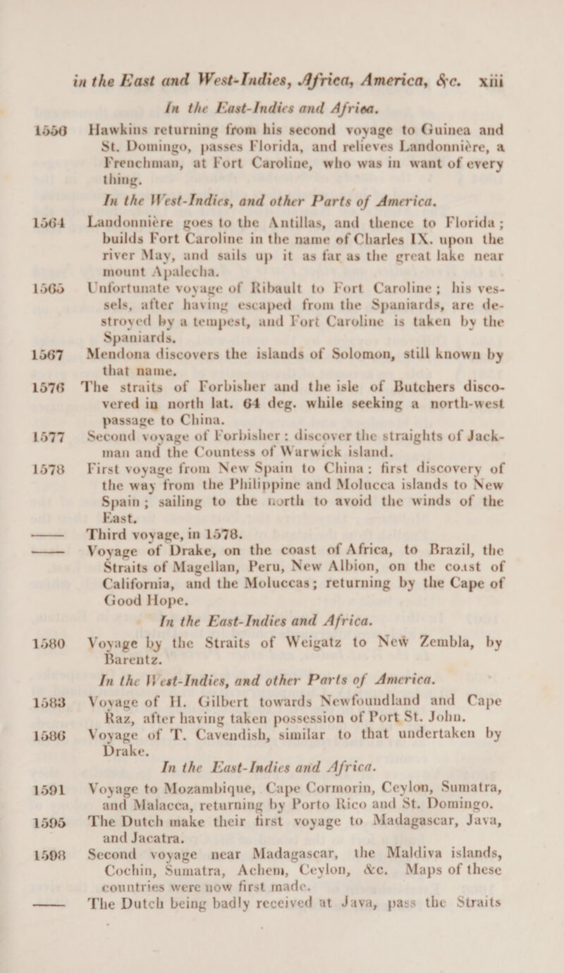 /h the East-Indies and AJrim, lo50 Hawkins returning from his second voyage to Guinea and i&gt;t. Domingo, passes Florida, and relieves Landonni^re, a Frenchman, at Fort Caroline, who was in want of every thing. In the West-Indies, and other Parts of America. lodl Landonniere goes to the Antillas, and thence to Florida; builds Fort Caroline in the name of Charles I\. upon the river May, and sails up it as far as the great lake near mount Apaleclia. loGo Unfortunate voyage of Kibault to Fori Caroline ; his ves¬ sels, after having escaped from the Spaniards, are de¬ stroyed by a tempest, and Fort Caroline is taken by the Spaniards. loG7 Mendona discovers the islands of Solomon, still known by that name. 157G I'he straits of Forbisher and the isle of Butchers disco¬ vered iu north lat. 64 deg. while seeking a north-west passage to China. 1577 Second voyage of Forbisher : discover the straights of Jack- man and the Countess of Warwick island. 1578 First voyage from New Spain to China: first discovery of the way from the Philit)pine and Molucca islands to New Spain ; sailing to the north to avoid the winds of the Fast. - Third voyage, in 1578. - Voyage of Drake, on the coast of Africa, to Brazil, the Straits of Magellan, Peru, New Albion, on the coast of California, and the Moluccas; returning by the Cape of Good Hope. fn the East-Indies and Africa. 1580 Voyage by the Straits of Weigatz to Nc\V Zembla, by Barentz. In the West-Indies, and other Parts of America. 1583 Vo^age of H. Gilbert towards Newfoundland and Cape Haz, after having taken possession of Port St. John. 1586 Voyage of T. Cavendish, similar to that undertaken by Drake. In the East-Indies and Africa. 1501 Voyage to Mozambique, Cape Corrnorin, Ceylon, Sumatra, and Malacca, returning by Porto Rico aiul St. Domingo. 1505 The Dutch make their first voyage to Madagascar, Java, and Jacatra. 1508 Second voyage near Madagascar, the Maldiva islands, Cochin, Sumatra, Achem, Ceylon, cVc. Maps of these countries were now first made. - The Dutch being badly received at Java, pass the Straits