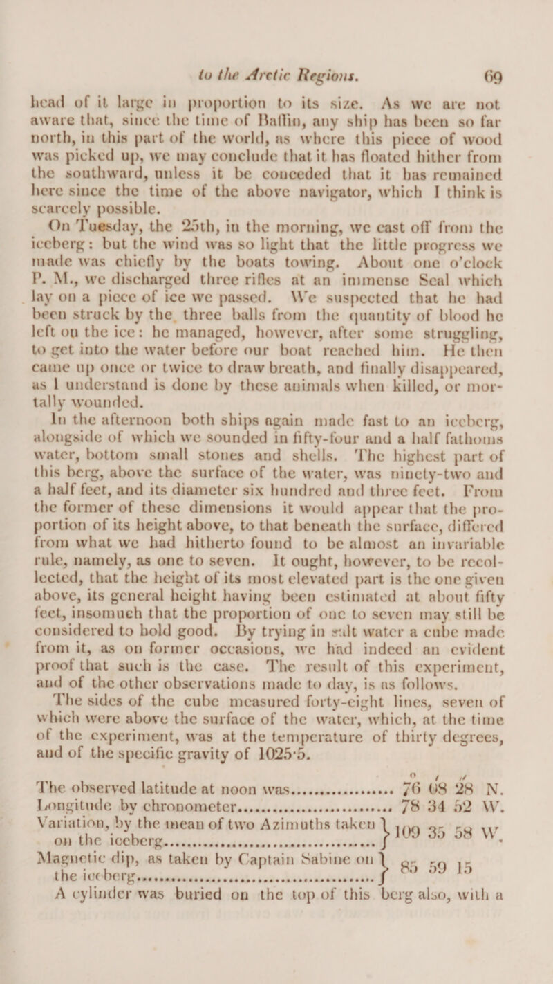 licad of it largo in j)rt)[)oi*tion to its size. As \vc arc not aware that, since the time of Ilallin, any ship has been so far north, in this part of tlic world, as where this piece of wood was picked up, we may conclude that it has floated hither from the southward, unless it be conceded that it has remained here since the time of the above navigator, which I think is scarcely possible. On Tuesday, the ‘ioth, in the morning, we cast off from the iceberg: but the wind was so light that the little progress we made was chiefly by the boats towing. About one o’clock V. M., we discharged three rifles at an immense Seal which , lay on a piece of ice we passed. \Vc siispccted that he had been struck by the three balls from the (jaantity of blood he left on the ice: he managed, however, after some struggling, to get into the water before our boat reached him. He then came up once or twice to draw breath, and finally disappeared, us I understufui is done by these animals when killed, or mor¬ tally wounded. In the afternoon both ships again made fast to an iceberg, alongside of which we sounded in fifty-four and a half fathoms water, bottom small stones and shells. The higlicst part of this berg, above the surface of the water, was ninety-two and a ludf feet, and its diameter six hundred and three feet. From the former of these dimensions it would appear that the pro¬ portion of its height above, to that beneath the surface, difTcred from what we liad hitherto found to be almost an invariable rule, namely, as one to seven. It ought, however, to be recol¬ lected, that the height of its most elevated part is the one given above, its general height having been estimated at about fifty feet, insomuch that the proportion of one to seven may still be considered to hold good. By trying in stilt water a cube made from it, as on former occasions, we had indeed an evident proof that such is the case. The result of this cx[)crimcnt, and of the other observations made to day, is as follows. The vsidcs of the cube measured forty-eight lines, seven of which were above the surface of the water, which, at the time of the experiment, was at the temperature of thirty degrees, and of the specific gravity of 1025‘5. o The observed latitude at noon was. 7^5 b8 28 N. Longitude by chronometer. 7H 34 b2 \V. Variation, by the mean of two Azimuths taken 1 on ll.c icchc-K./ o8 W. Magnetic dip, as taken by Captain Sabine on 1 mi- theiocboiK.......I./ A cylinder was buried on the top of this berg also, with a