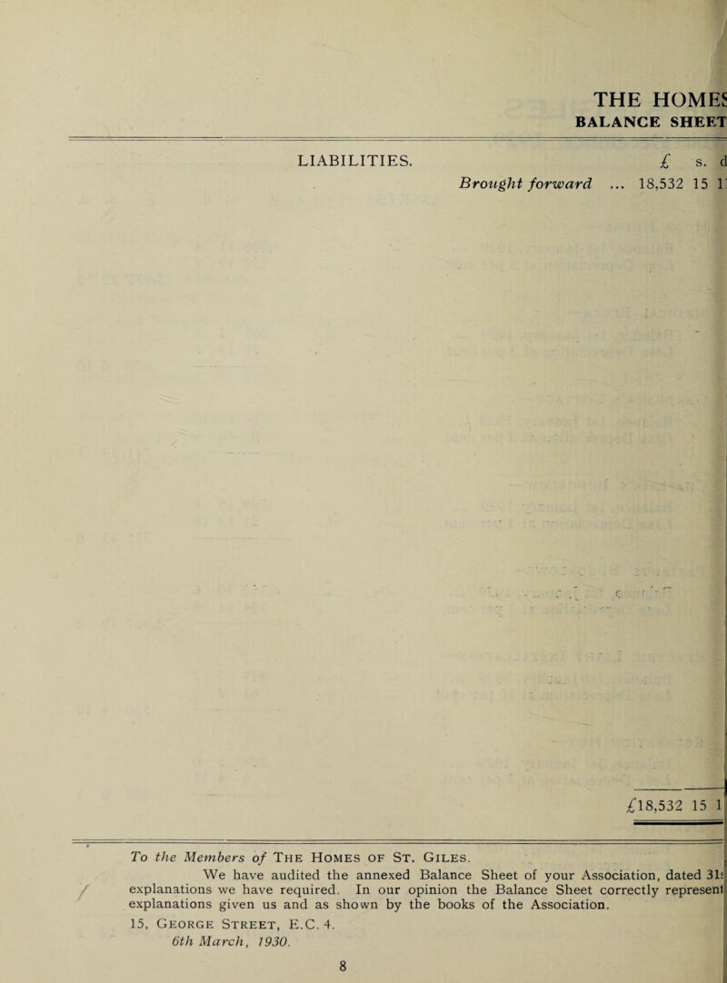 THE HOMES BALANCE SHEET LIABILITIES. £ s. d Brought forward ... 18,532 15 L — £18,532 15 1 To the Members of The Homes of St. Giles. We have audited the annexed Balance Sheet of your Association, dated 31s explanations we have required. In our opinion the Balance Sheet correctly represent explanations given us and as shown by the books of the Association. 15, George Street, E.C. 4. 6th March, 1930.