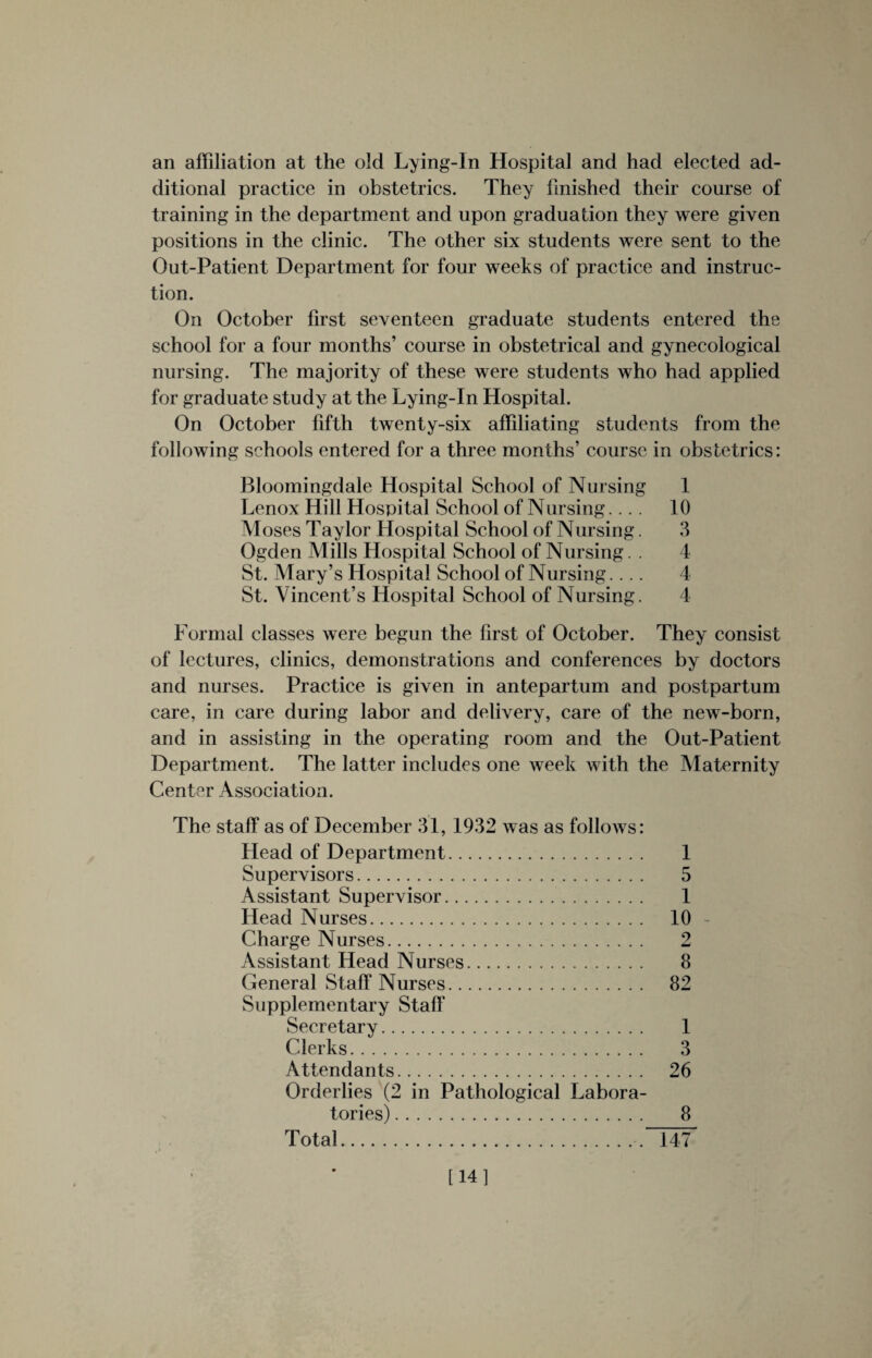 an affiliation at the old Lying-In Hospital and had elected ad¬ ditional practice in obstetrics. They finished their course of training in the department and upon graduation they were given positions in the clinic. The other six students were sent to the Out-Patient Department for four weeks of practice and instruc¬ tion. On October first seventeen graduate students entered the school for a four months’ course in obstetrical and gynecological nursing. The majority of these were students who had applied for graduate study at the Lying-In Hospital. On October fifth twenty-six affiliating students from the following schools entered for a three months’ course in obstetrics: Bloomingdale Hospital School of Nursing 1 Lenox Hill Hospital School of Nursing.... 10 Moses Taylor Hospital School of Nursing. 3 Ogden Mills Hospital School of Nursing. . 4 St. Mary’s Hospital School of Nursing.... 4 St. Vincent’s Hospital School of Nursing. 4 Formal classes were begun the first of October. They consist of lectures, clinics, demonstrations and conferences by doctors and nurses. Practice is given in antepartum and postpartum care, in care during labor and delivery, care of the new-born, and in assisting in the operating room and the Out-Patient Department. The latter includes one week with the Maternity Center Association. The staff as of December 31, 1932 was as follows: Head of Department. Supervisors. Assistant Supervisor.. Head Nurses. Charge Nurses. Assistant Head Nurses. General Staff Nurses. Supplementary Staff Secretary. Clerks. Attendants. Orderlies (2 in Pathological Labora¬ tories) . Total.. 1 5 1 10 2 8 82 1 3 26 8 147 [14]