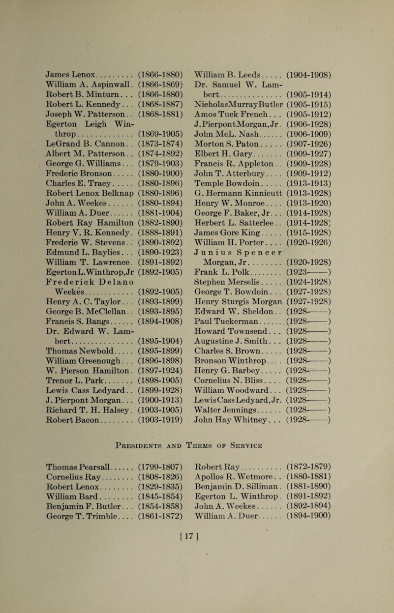 James Lenox. (1866-1880) William A. Aspinwall. (1866-1869) Robert B. Minturn.. . (1866-1880) Robert L. Kennedy.. . (1868-1887) Joseph W. Patterson. . (1868-1881) Egerton Leigh Win- throp. (1869-1905) LeGrand B. Cannon. . (1873-1874) Albert M. Patterson. . (1874-1892) George G. Williams. . . (1879-1903) Frederic Bronson. (1880-1900) Charles E. Tracy.(1880-1896) Robert Lenox Belknap (1880-1896) John A. Weekes.(1880-1894) William A. Duer. (1881-1904) Robert Ray Hamilton (1882-1890) Henry V. R. Kennedy. (1888-1891) Frederic W. Stevens. . (1890-1892) Edmund L. Baylies. . . (1890-1923) William T. Lawrence. (1891-1892) EgertonL.Winthrop,Jr (1892-1905) Frederick Delano Weekes. (1892-1905) Henry A. C. Taylor. . . (1893-1899) George B. McClellan.. (1893-1895) Francis S. Bangs. (1894-1908) Dr. Edward W. Lam¬ bert. (1895-1904) Thomas Newbold. (1895-1899) William Greenough.. . (1896-1898) W. Pierson Hamilton. (1897-1924) Trenor L. Park. (1898-1905) Lewis Cass Ledyard .. (1899-1928) J. Pierpont Morgan. .. (1900-1913) Richard T. H. Halsey. (1903-1905) Robert Bacon. (1903-1919) William B. Leeds.(1904-1908) Dr. Samuel W. Lam¬ bert. (1905-1914) NicholasMurrayButler (1905-1915) Amos Tuck French. . . (1905-1912) J.PierpontMorgan,Jr. (1906-1928) John McL. Nash. (1906-1909) Morton S. Paton.(1907-1926) Elbert H. Gary. (1909-1927) Francis R. Appleton. . (1909-1928) John T. Atterbury. . . . (1909-1912) Temple Bowdoin.(1913-1913) G. Hermann Kinnicutt (1913-1928) Henry W. Monroe.... (1913-1920) George F. Baker, Jr. .. (1914-1928) Herbert L. Satterlee .. (1914-1928) James Gore King.(1915-1928) William H. Porter. . . . (1920-1926) Junius Spencer Morgan, Jr. (1920-1928) Frank L. Polk. (1923--) Stephen Merselis.(1924-1928) George T. Bowdoin. .. (1927-1928) Henry Sturgis Morgan (1927-1928) Edward W. Sheldon.. (1928-) Paul Tuckerman. (1928--) Howard Townsend . . . (1928-) Augustine J. Smith. . . (1928--) Charles S. Brown. (1928-) Bronson Winthrop... . (1928-) Henry G. Barbey. (1928-) Cornelius N. Bliss.... (1928-) William Woodward.. . (1928-) Lewis Cass Ledyard, Jr. (1928-) Walter Jennings. (1928--) John Hay Whitney. . . (1928——) Presidents and Terms of Service Thomas Pearsall. (1799-1807) Cornelius Ray. (1808-1826) Robert Lenox. (1829-1835) William Bard_.... (1845-1854) Benjamin F. Butler. . . (1854-1858) George T. Trimble.... (1861-1872) Robert Ray. (1872-1879) Apollos R. Wetmore . . (1880-1881) Benjamin D. Silliman. (1881-1890) Egerton L. Winthrop . (1891-1892) John A. Weekes.(1892-1894) William A. Duer. (1894-1900) [17]