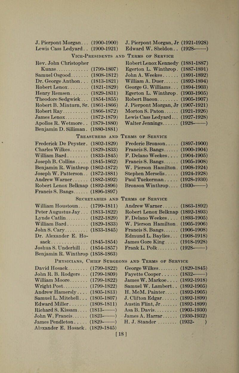 J. Pierpont Morgan. .. (1900-1900) J. Pierpont Morgan, Jr (1921-1928) Lewis Cass Ledyard. . (1900-1921) Edward W. Sheldon. . (1928- ) Vice-Presidents and Terms of Service Rev. John Christopher Kunze. (1799-1807) Samuel Osgood. (1808-1812) Dr. George Anthon.. . (1813-1821) Robert Lenox. (1821-1829) Henry Remsen. (1829-1831) Theodore Sedgwick . . . (1854-1855) Robert B. Minturn, Sr. (1861-1866) Robert Ray. (1866-1872) James Lenox. (1872-1879) Apollos R. Wetmore. . (1879-1880) Benjamin D. Silliman. (1880-1881) Robert Lenox Kennedy (1881-1887) Egerton L. Winthrop. (1887-1891) John A. Weekes.(1891-1892) William A. Duer. (1892-1894) George G. Williams.. . (1894-1903) Egerton L. Winthrop. (1903-1905) Robert Bacon. (1905-1907) J. Pierpont Morgan, Jr (1907-1921) Morton S. Paton. (1921-1926) Lewis Cass Ledyard... (1927-1928) Walter Jennings. (1928-) Treasurers and Terms of Service Frederick De Peyster. (1802-1829) Charles Wilkes. (1829-1833) William Bard. (1833-1845) Joseph B. Collins.(1845-1862) Benjamin R. Winthrop (1862-1872) Joseph W. Patterson.. (1872-1881) Andrew Warner. (1882-1892) Robert Lenox Belknap (1892-1896) Francis S. Bangs. (1896-1897) Frederic Bronson. (1897-1900) Francis S. Bangs. (1900-1904) F. Delano Weekes. . . . (1904-1905) Francis S. Bangs. (1905-1908) W. Pierson Hamilton. (1908-1924) Stephen Merselis.(1924-1928) Paul Tuckerman.(1928-1930) Bronson Winthrop.... (1930--) Secretaries and Terms of Service William Houstoun.. . . (1799-1811) Peter Augustus Jay.. . (1813-1822) Lynde Catlin. (1822-1829) William Bard.(1829-1833) John S. Cary. (1833-1845) Dr. Alexander E. Ho- sack. (1845-1854) Joshua S. Underhill.. . (1854-1857) Benjamin R. Winthrop (1858-1863) Andrew Warner. (1863-1892) Robert Lenox Belknap (1892-1893) F. Delano Weekes. . .. (1893-1905) W. Pierson Hamilton. (1905-1906) Francis S. Bangs. (1906-1908) Edmund L. Baylies. . . (1908-1918) James Gore King.(1918-1928) Frank L. Polk. (1928-) Physicians, Chief Surgeons and Terms of Service David Hosack. (1799-1822) John R. B. Rodgers. . . (1799-1809) William Moore. (1799-1822) Wright Post. (1799-1822) Andrew Hamersly.... (1805-1813) Samuel L. Mitchell.. . (1805-1807) Edward Miller. (1808-1811) Richard S. Kissam.. .. (1813-) John W. Francis. (1823-) James Pendleton.(1829-) Alexander E. Hosack. (1829-1845) George Wilkes. (1829-1845) Fayette Cooper.(1832--) James W. Markoe... . (1892-1918) Samuel W. Lambert. . (1892-1905) H. McM. Painter.(1892-1905) J. Clifton Edgar.(1892-1899) Austin Flint, Jr. (1892-1899) Asa B. Davis. (1903-1930) James A. Harrar. (1930-1932) H. J. Stander. (1932- ) [18]