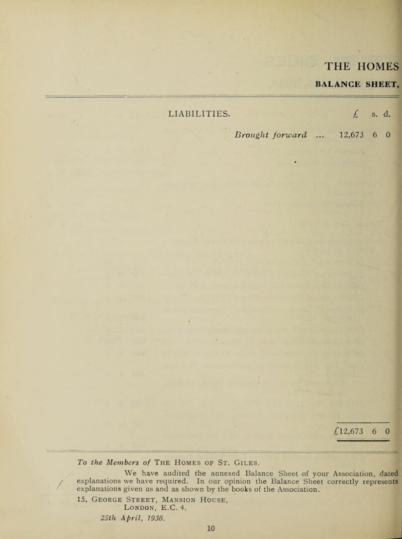 BALANCE SHEET, LIABILITIES. £ s. d. Brought forward ... 12,673 6 0 £12,673 6 0 To the Members of The Homes of St. Giles. We have audited the annexed Balance Sheet of your Association, dated explanations we have required. In our opinion the Balance Sheet correctly represents explanations given us and as shown by the books of the Association. 15, George Street, Mansion House, London, E.C. 4. 25th April, 1936.