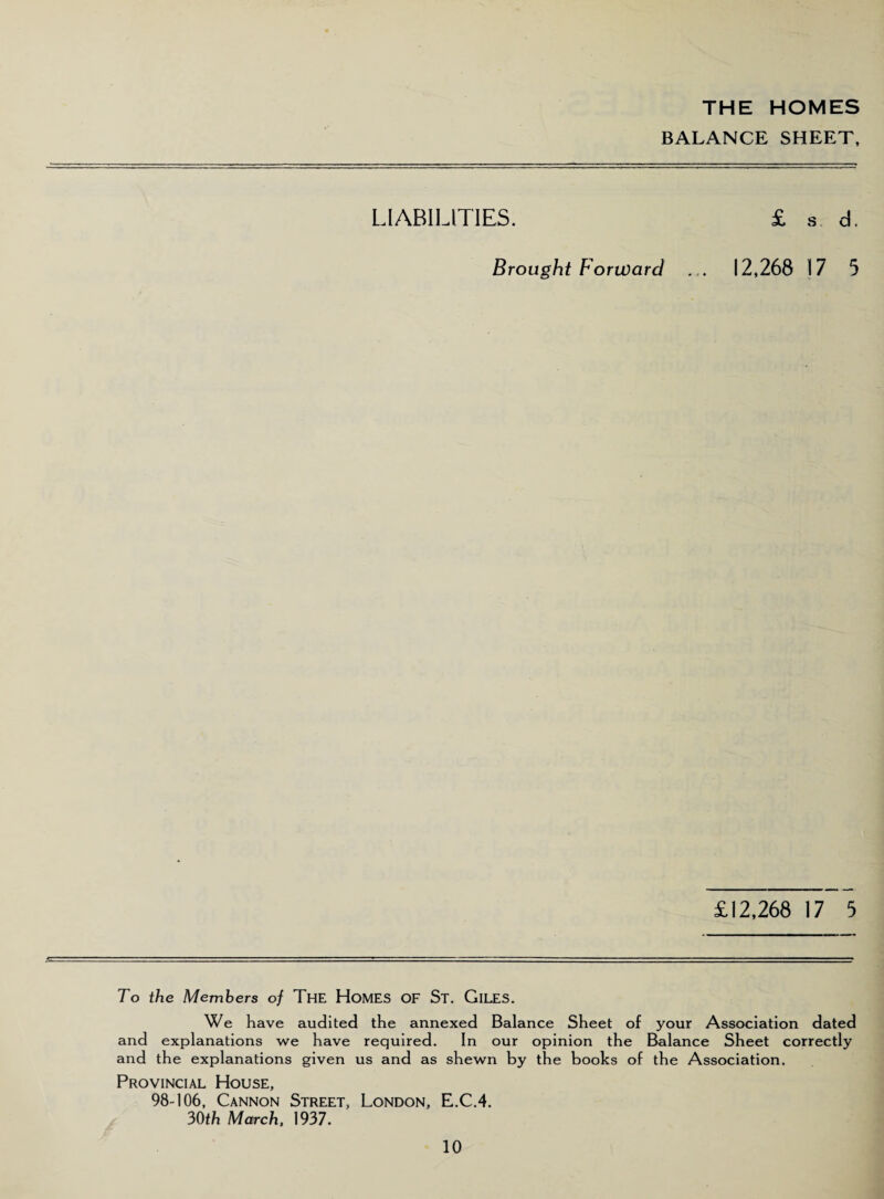 BALANCE SHEET, LIABILITIES. £ s d. Brought Forward ... 12,268 17 5 £12,268 17 5 To the Members of The HOMES OF St. GILES. We have audited the annexed Balance Sheet of your Association dated and explanations we have required. In our opinion the Balance Sheet correctly and the explanations given us and as shewn by the books of the Association. Provincial House, 98-106, Cannon Street, London, E.C.4. 30th March, 1937.