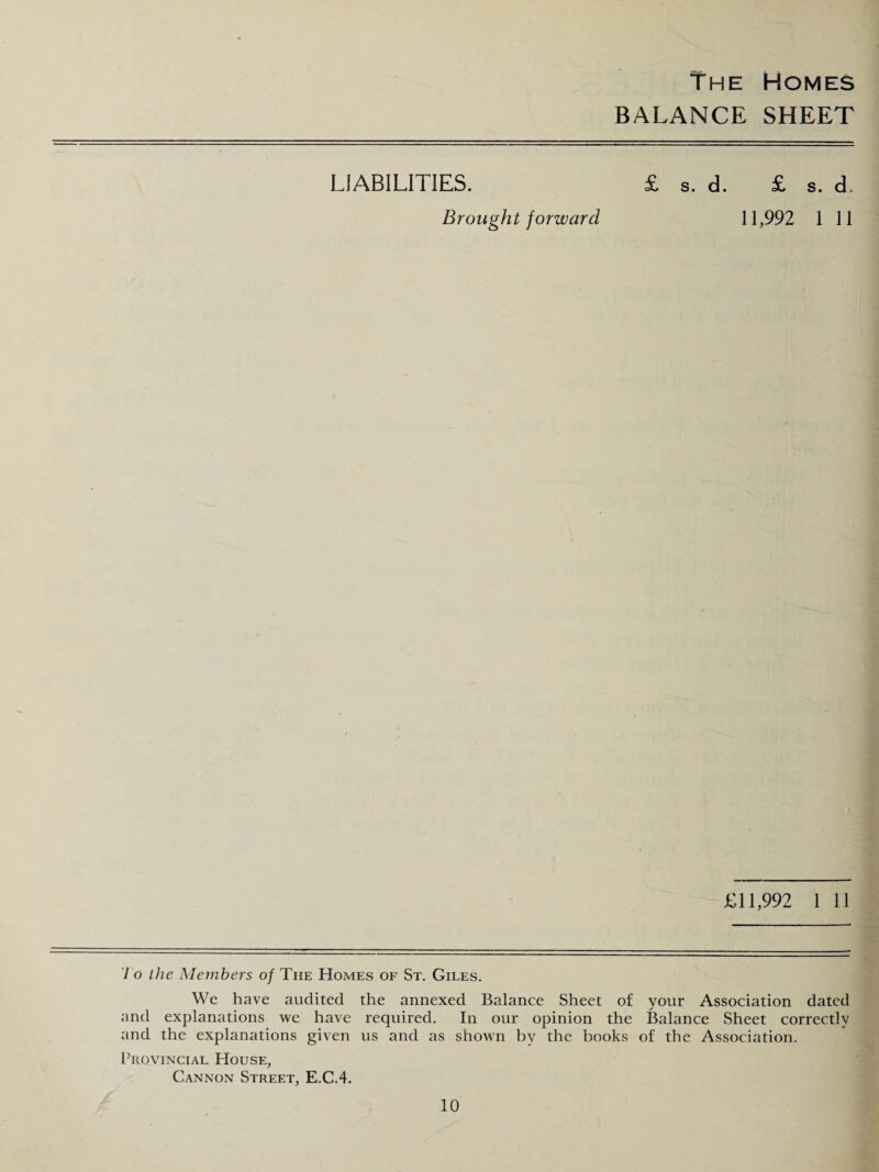 BALANCE SHEET LIABILITIES. Brought forward i. d. £ s. d. 11,992 1 11 £11,992 1 11 1 o the Members of The Homes of St. Giles. We have audited the annexed Balance Sheet of your Association dated and explanations we have required. In our opinion the Balance Sheet correctly and the explanations given us and as shown by the books of the Association. Provincial House, Cannon Street, E.C.4.