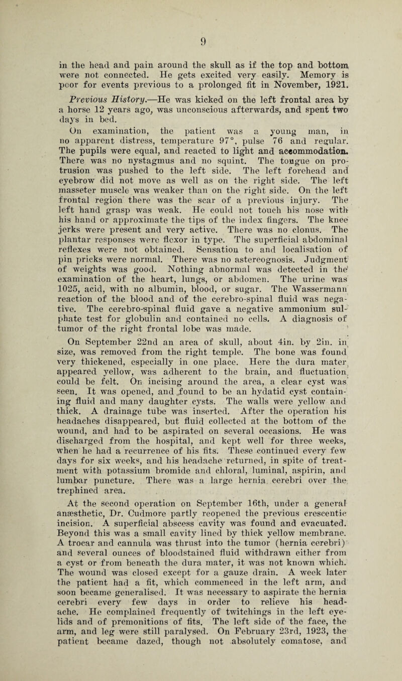 in the head and pain around the skull as if the top and bottom were not connected. He gets excited very easily. Memory is poor for events previous to a prolonged fit in November, 1921. Previous History.—He was kicked on the left frontal area by a horse 12 years ago, was unconscious afterwards, and spent two days in bed. On examination, the patient was a young man, in no apparent distress, temperature 97°, pulse 76 and regular. The pupils were equal, and reacted to light and accommodation. There was no nystagmus and no squint. The tongue on pro¬ trusion was pushed to the left side. The left forehead and eyebrow did not move as well as on the right side. The left masseter muscle was weaker than on the right side. On the left frontal region there was the scar of a previous injury. The left hand grasp was weak. He could not touch his nose with his hand or approximate the tips of the index fingers. The knee jerks were present and very active. There was no clonus. The plantar responses were flexor in type. The superficial abdominal reflexes were not obtained. Sensation to and localisation of pin pricks were normal. There was no astereognosis. Judgment of weights was good. Nothing abnormal was detected in the1 examination of the heart, lungs, or abdomen. The urine was 1025, acid, with no albumin, blood, or sugar. The Wassermann reaction of the blood and of the cerebro-spinal fluid was nega¬ tive. The cerebro-spinal fluid gave a negative ammonium sul¬ phate test for globulin and contained no cells. A diagnosis of tumor of the right frontal lobe was made. On September 22nd an area of skull, about 4in. by 2in. in size, was removed from the right temple. The bone was found very thickened, especially in one place. Here the dura mater appeared yellow, was adherent to the brain, and fluctuation, could be felt. On incising around the area, a clear cyst was seen. It was opened, and found to be an hydatid cyst contain¬ ing fluid and many daughter cysts. The walls were yellow and thick. A drainage tube was inserted. After the operation his headaches disappeared, but fluid collected at the bottom of the wound, and had to be aspirated on several occasions. He was discharged from the hospital, and kept well for three weeks, when he had a recurrence of his fits. These continued every few days for six weeks, and his headache returned, in spite of treat¬ ment with potassium bromide and chloral, luminal, aspirin, and lumbar puncture. There was a large hernia cerebri over the trephined area. At the second operation on September 16th, under a general anaesthetic, Dr. Cudmore partly reopened the previous crescentic incision. A superficial abscess cavity was found and evacuated. Beyond this was a small cavity lined by thick yellow membrane. A trocar and cannula was thrust into the tumor (hernia cerebri) and several ounces of bloodstained fluid withdrawn either from a cyst or from beneath the dura mater, it was not known which. The wound was closed except for a gauze drain. A week later the patient had a fit, which commenced in the left arm, and soon became generalised. It was necessary to aspirate the hernia cerebri every few days in order to relieve his head¬ ache. He complained frequently of twitchings in the left eye¬ lids and of premonitions of fits. The left side of the face, the arm, and leg were still paralysed. On February 23rd, 1923, the patient became dazed, though not absolutely comatose, and