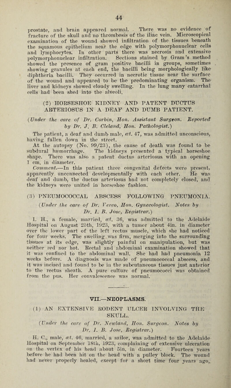 prostate, and brain appeared normal. There was no evidence of fracture of the skull and no thrombosis of the iliac vein. Microscopical examination of the wound showed infiltration of the tissues beneath the squamous epithelium near the edge with polymorphonuclear cells and lymphocytes. In other parts there wa,s necrosis and extensive polymorphonuclear infiltration. Sections stained by Gram’s method showed the presence of gram positive bacilli in groups, sometimes showing granules at each end, the bacilli being morphologically like diphtheria bacilli. They occurred in necrotic tissue near the surface of the wound and appeared to be the predominating organism. The liver and kidneys showed cloudy swelling. In the lung many catarrhal cells had been shed into the alveoli. (2) HORSESHOE KIDNEY AND PATENT DUCTUS ARTERIOSUS IN A DEAF AND DUMB PATIENT. (Under the care of Dr. Corbin, Hon. Assistant Surgeon. Deported by Dr. J. B. Cleland, Hon. Pathologist.) The patient, a deaf and dumb male, cet. 47, was admitted unconscious, having fallen down in the street. At the autopsy (No. 99/23), the cause of death was found to be subdural haemorrhage. The kidneys presented a typical horseshoe shape. There was also a patent ductus arteriosus with an opening 1 cm. in diameter. Comment.—In this patient three congenital defects were present, apparently unconnected developmentally with each other. He was deaf and dumb, the ductus arteriosus had not completely closed, and the kidneys were united in horseshoe fashion. (3) PNEUMOCOCCAL ABSCESS FOLLOWING PNEUMONIA. (Under the care of Dr. Verco, Hon. Gynecologist. Notes by Dr. I. B. Jose, Begistrar.) I. H., a female, married, cet. 36, was admitted to the Adelaide Hospital on August 25th, 1923, with a tumor about 4in. in diameter over the lower part of the left rectus muscle, which she had noticed for four weeks. The swelling was firm, merging into the surrounding tissues at its edge, was slightly painful on manipulation, but was neither red nor hot. Rectal and abdominal examination showed that it was confined to the abdominal wall. She had had pneumonia 12 weeks before. A diagnosis was made of pneumococcal abscess, and it was incised and found to be in the subcutaneous tissues just anterior to the rectus sheath. A pure culture of pneumococci was obtained from the pus. Her convalescence was normal. VII.—NEOPLASMS. (1) AN EXTENSIVE RODENT ULCER INVOLVING THE SKULL. (Under the care of Dr. Newland, Hon. Surgeon. Notes by Dr. I. B. Jose, Begistrar.) H. C., male, at. 46, married, a sailor, was. admitted to the Adelaide Hospital on September 18th, 1923, complaining of extensive ulceration on the vertex of his head about Sin. in diameter. Fourteen years before he had been hit on the head with a pulley block. The wound had never properly healed, except for a short time four years ago.