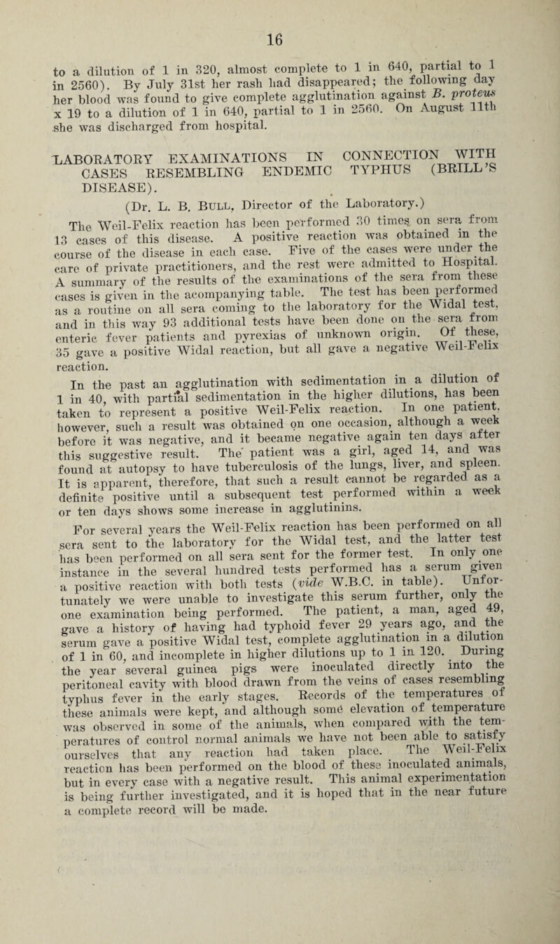 to a dilution of 1 in 320, almost complete to 1 in 640, partial to 1 in 2560). By July 31st lier rash had disappeared; the following day her blood was found to give complete agglutination against B. proteus x 19 to a dilution of 1 in 640, partial to 1 in 2560. On August 11th she was discharged from hospital. LABORATORY EXAMINATIONS IN CONNECTION WITH CASES RESEMBLING ENDEMIC TYPHUS (BRILL S DISEASE). (Dr. L. B. Bull, Director of the Laboratory.) The Weil-Felix reaction has been performed 30 times, on sera from 13 cases of this disease. A positive reaction was obtained in the course of the disease in each case. Five of the cases were tmdei the care of private practitioners, and the rest were admitted to Hospital. A summary of the results of the examinations of the sera from these cases is given in the acompanying table. The test has been performed as a, routine on all sera coming to the laboratory for the Widal test, and in this way 93 additional tests have been done on the sera from enteric fever patients and pyrexias of unknown origin. Of these, 35 gave a positive Widal reaction, but all gave a negative Weil-kelix reaction. In the past an agglutination with sedimentation in a dilution of 1 in 40 with partml sedimentation in the higher dilutions, has been taken to represent a positive Weil-Felix reaction. In one patient, however, such a result was obtained on one occasion, although a week before it was negative, and it became negative again ten days after this suggestive result. The patient was a girl, aged 14, and was found at autopsy to have tuberculosis of the lungs, liver, and spleen. It is apparent, therefore, that such a result cannot be regarded as a definite positive until a subsequent test performed within a week or ten days shows some increase in agglutinins. For several years the Weil-Felix reaction has been performed on all sera sent to the laboratory for the Widal test, and the latter test has been performed on all sera sent for the former test. In only one instance in the several hundred tests performed has a serum given a positive reaction with both tests (vide W.B.C. in table). Unfor¬ tunately we were unable to investigate this serum further, only the one examination being performed. The patient, a man, aged 49, gave a history of having had typhoid fever 29 years ago, and the serum gave a positive Widal test, complete agglutination m a dilution of 1 in 60, and incomplete in higher dilutions up to 1 in 120. . During the year several guinea pigs were inoculated directly into the peritoneal cavity with blood drawn from the veins of cases resembling typhus fever in the early stages. Records of the temperatures of these animals were kept, and although som6 elevation of temperatuie was observed in some of the animals, when compared with the tem¬ peratures of control normal animals we have not been able to satisfy ourselves that any reaction had taken place. The Weil-Felix reaction has been performed on the blood of these inoculated animals, but in every case with a negative result. This animal experimentation is being further investigated, and it is hoped that in the near future a complete record will be made.