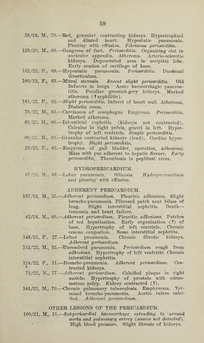 58/24, M., 70.—Red, granular contracting kidneys. Hypertrophied and dilated heart. Hypostatic pneumonia. Pleurisy with effusion. Fibrinous pericarditis. 120/20, M., 66.—Gangrene of foot. Pericarditis. Organising clot in auricular appendix. Atheroma. Arterio-sclerotic kidneys. Degenerated area in occipital lobe. Early erosion of cartilage of knee. 132/22, F., 69.—Hypostatic pneumonia. Pericarditis. Duodenal- diverticulum. 100/23, F., 63.—Mitral stenosis. Recent slight perica/)'ditis. Old Infarcts in lungs. Acute haemorrhagic pancrea¬ titis. Peculiar greenish-grey kidneys. Marked atheroma ( ? syphilitic). 161/22, F., 62.—Slight pericarditis. Infarct of heart wall. Atheroma. Diabetic coma. 76/22, M., 61.—Carcinoma of oesophagus. Empyema. Pericarditis. Marked atheroma. 63/23, M., 66.—Interstitial nephritis (kidneys not contracted). Calculus in right pelvis, gravel in left. Hyper¬ trophy of left ventricle. Simple pericarditis. 89/21, M., 10.—Granular contracted kidneys (lead). Cardiac hyper¬ trophy. Slight pericarditis. 25/25, F., 63.—Empyema of gall bladder, operation, adhesions.’ Mass with pus adherent to hepatic flexure. Early pericarditis. Thrombosis in popliteal veins. HYDROPERICARDIUM. 67/2-t, M., 46.—Lobar pneumonia. Silicosis. Hydro pericardium and pleurisy with effusion. ADHERENT PERICARDIUM. 187/24, M., 53.—Adherent pericardium. Pleuritic adhesions. Slight bronclio-pneumonia. Fibrosed patch near hilum of lung. Slight interstitial nephritis. Death—• toxaemia and heart failure. > 42/24, M., 60.—Adherent pericardium. Pleuritic adhesions. Patches of red hepatization. Early organization (?) of base. Hypertrophy of left ventricle. Chronic venous congestion. Some interstitial nephritis. 148/21, F., 27.—Lobar pneumonia. Chronic fibrotic kidneys. Adherent pericardium. 112/22, M., 55.—Unresolved pneumonia. Pericardium rough from adhesions. Hypertrophy of left ventricle. Chronic interstitial nephritis. 124/22, F., 31.—Broncho-pneumonia. Adherent pericardium. Con¬ tracted kidneys. 72/22, M., 77.—Adherent pericardium. Calcified plaque in right auricle. Hypertrophy of prostate with adeno¬ matous polyp. Kidney contracted (?). 141/21, M„ 70.—-Chronic pulmonary tuberculosis. Emphysema. Ter¬ minal broncho-pneumonia. Aortic valves calci¬ fied. Adherent pericardium. OTHER LESIONS OF THE PERICARDIUM. 100/21, M., 51.—Sub pericardial haemorrhage extending to around aorta and pulmonary artery (source not detected). ' High blood pressure. Slight fibrosis of kidneys.