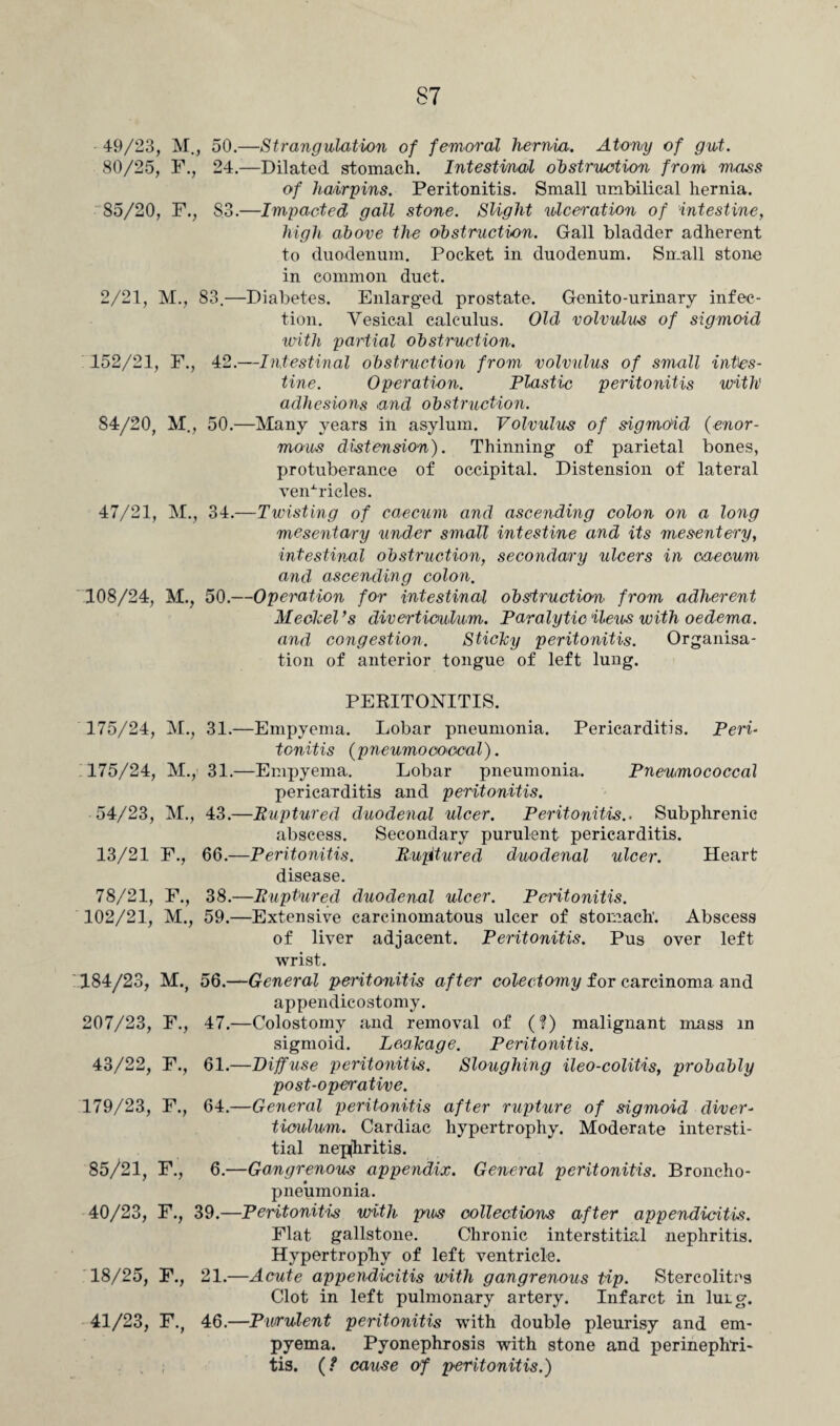 49/23, M., 50.—Strangulation of femoral hernia. Atony of gut. 80/25, F., 24.—Dilated stomach. Intestinal obstruction from mass of hairpins. Peritonitis. Small umbilical hernia. 85/20, F., S3.—Impacted gall stone. Slight ulceration of intestine, high above the obstruction. Gall bladder adherent to duodenum. Pocket in duodenum. Small stone in common duct. 2/21, M., 83.—Diabetes. Enlarged prostate. Genito-urinary infec¬ tion. Vesical calculus. Old volvulus of sigmoid with partial obstruction. 152/21, F., 42.—Intestinal obstruction from volvulus of small intes¬ tine. Operation. Plastic peritonitis with' adhesions and obstruction. 84/20, M., 50.—Many years in asylum. Volvulus of sigmoid (enor¬ mous distension). Thinning of parietal bones, protuberance of occipital. Distension of lateral ventricles. 47/21, M., 34.—Twisting of caecum and ascendiyig colon on a long mesentary under small intestine and its mesentery, intestinal obstruction, secondary ulcers in caecum and ascending colon. 108/24, M., 50.—Operation for intestinal obstruction> from adherent Mechel’s diverticulum. Paralytic ileus with oedema, and coyigestion. Sticlcy peritonitis. Organisa¬ tion of anterior tongue of left lung. PERITONITIS. 175/24, M., 31.—Empyema. Lobar pneumonia. Pericarditis. Peri¬ tonitis (pneumococcal). 175/24, M., 31.—Empyema. Lobar pneumonia. Pneumococcal pericarditis and peritonitis. 54/23, M., 43.—Ruptured duodenal ulcer. Peritonitis.. Subphrenic abscess. Secondary purulent pericarditis. 13/21 F., 66.—Peritonitis. Ruptured duodenal ulcer. Heart disease. 78/21, F., 38.—Ruptured duodenal ulcer. Peritonitis. 102/21, M., 59.—Extensive carcinomatous ulcer of stomach'. Abscess of liver adjacent. Peritonitis. Pus over left wrist. 184/23, M., 56.—General peritonitis after colectomy for carcinoma and appendicostomy. 207/23, F., 47.—Colostomy and removal of (?) malignant mass in sigmoid. Leakage. Peritonitis. 43/22, F., 61.—Diffuse peritonitis. Sloughing ileo-colitis, probably post-operative. 179/23, F., 64.—General peritonitis after rupture of sigmoid diver¬ ticulum. Cardiac hypertrophy. Moderate intersti¬ tial nepjhritis. 85/21, F., 6.—Gangrenous appendix. General peritonitis. Broncho¬ pneumonia. 40/23, F., 39.—Peritonitis with pus collections after appendicitis. Flat gallstone. Chronic interstitial nephritis. Hypertrophy of left ventricle. 18/25, F., 21.—Acute appendicitis with gangrenous tip. Stercolitas Clot in left pulmonary artery. Infarct in luLg. 41/23, F., 46.—Purulent peritonitis with double pleurisy and em¬ pyema. Pyonephrosis with stone and perinephri¬ tis. (? cause of peritonitis.)