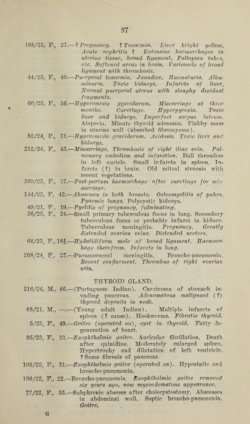18S/23, F., 44/25, F., 60/25, F., 82/24, F., 212/24, F., 109/23, F., 144/23, F, 49/21, F„ 36/25, F., 27.—? Pregnancy. ? Toxaemia. Liver bright yellow. Acute nephritis ? Extensive haemorrhages in uterine tissue, broad ligament, Fallopian tubes, etc. Softened areas in brain. Varicocele of broad ligament with thrombosis. 40.—Puerperal toxaemia. Jaundice. Haematuria. Albu¬ minuria. Toxic kidneys. Infarcts of liver. Normal puerperal uterus with sloughy decidual fragments. 36. —Hyperemesis gravidarum. Miscarriage at three months. Curettage. Hyperpyrexia. Toxic liver and kidneys. Imperfect corpus luteum. Alopecia. Minute thyroid adenoma. Flabby mass in uterine wall (absorbed fibromyoma). 31.—Hyperemesis gravidarum. Acidosis. Toxic liver and kidneys. 45.—Miscarriage. Thrombosis of right iliac vein. Pul¬ monary embolism and infarction. Ball thrombus in left auricle. Small irfarcts in spleen. In¬ farcts (?) in brain. Old mitral stenosis with recent vegetations. 37. —Post-partum haemorrhage after curettage for mis¬ carriage. 42.—Abscesses in both 'breasts. Osteomyelitis of pubes. Pyaemic lungs. Polycystic kidneys. 19.—Pyelitis of pregnancy, fulminating. 24.—Small primary tuberculous focus in lung. Secondary tuberculous focus or probably infarct in kidney. Tuberculous meningitis. Pregnancy. Greatly distended ovarian veins. Distended ureters. 64/23, F., 184.—Hydatidiform mole of broad ligament. Haemorr¬ hage therefrom. Infarcts in lung. 208/24, F., 27.—Pneumococcal meningitis. Broncho-pneumonia. Decent confinement. Thrombus of right ovarian vein. THYROID GLAND. 216/24, M., 46.— (Portuguese Indian). Carcinoma of stomach in¬ vading pancreas. Adenomatous malignant (?) thyroid deposits in neck. 68/21, M., —.— (Young adult Indian) . Multiple infarcts of spleen (? cause). Hookworms. Fibrotio thyroid. 5/23, F., 49.—Goitre (operated on), cyst in thyroid. Fatty de¬ generation of heart. 95/23, F., 33.—Exophthalmic goitre. Auricular fibrillation. Death after quinidine. Moderately enlarged spleen. Hypertrophy and dilatation of left ventricle. ? Some fibrosis of pancreas. 105/22, F., 31.—Exophthalmic goitre (operated on). Hypostatic and broncho-pneumonia. 106/22, F., 22.—Broncho-pneumonia. Exophthalmic goitre removed six years ago, now myxoedematous appearance. 77/22, F., 55.—Subphrenie abscess after cholecystostomy. Abscesses in abdominal wall. Septic broncho-pneumonia. Goitre. G