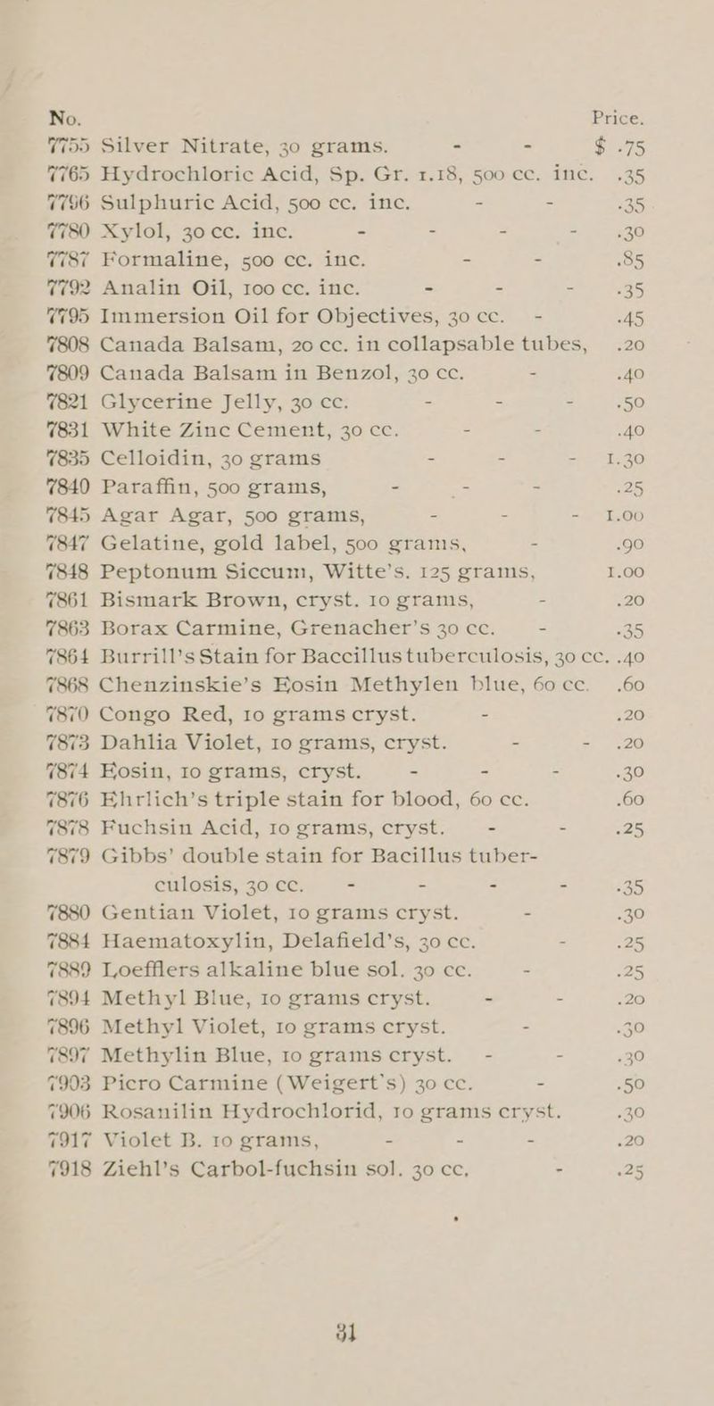 No. Price. 7755 Silver Nitrate, 30 grams. - - $ .75 7765 Hydrochloric Acid, Sp. Gr. 1.18, 500 ce. ine. .35 7796 Sulphuric Acid, 500 cc. ine. - : a5 7780 Xylol, 30 cc. inc. - = - =) = 530 7787 Formaline, 500 cc. inc. - - 85 7792 Analin Oil, roo cc. inc. - - . ret 7795 Immersion Oil for Objectives, 30 cc. - 45 7808 Canada Balsam, 20 cc. in collapsable tubes, .20 7809 Canada Balsam in Benzol, 30 cc. - .40 7821 Glycerine Jelly, 30 cc. - - = 350 7831 White Zinc Cement, 30 cc. - - .40 7835 Celloidin, 30 grams - - - 1.30 7840 Paraffin, 500 grams, - - - 25 7845 Agar Agar, 500 grams, - - - 1.00 7847 Gelatine, gold label, 500 grams, - .go 7848 Peptonum Siccum, Witte’s. 125 grams, I.00 7861 Bismark Brown, cryst. Io granis, - 20 7863 Borax Carmine, Grenacher’s 30 cc. - a5 7864 Burrill’s Stain for Baccillus tuberculosis, 30 cc. .40 7868 Chenzinskie’s EKosin Methylen blue, 60 cc. .60 7870 Congo Red, 1o grams cryst. . .20 7873 Dahlia Violet, 1o grams, cryst. : - .20 7874 Eosin, to grams, cryst. - - - .30 7876 Ehrlich’s triple stain for blood, 60 cc. .60 7878 Fuchsin Acid, 1o grams, cryst. - - -25 7879 Gibbs’ double stain for Bacillus tuber- culosis, 30 cc. - - - - 35 7 Gentian Violet, 10 grams cryst. - .30 7884 Haematoxylin, Delafield’s, 30 cc. - 25 7889 Loefflers alkaline blue sol. 30 cc. - 25 7894 Methyl Blue, 10 granis cryst. - - .20 7896 Methyl Violet, 1o grams cryst. - 330 7897 Methylin Blue, iogramscryst. - - .30 7903 Picro Carmine (Weigert’s) 30 cc. - .50 7906 Rosanilin Hydrochlorid, 1o grams cryst. 30 7917 Violet B. 1o grams, - ~ . .20 7918 Ziehl’s Carbol-fuchsin sol. 30 cc, - 28 3h