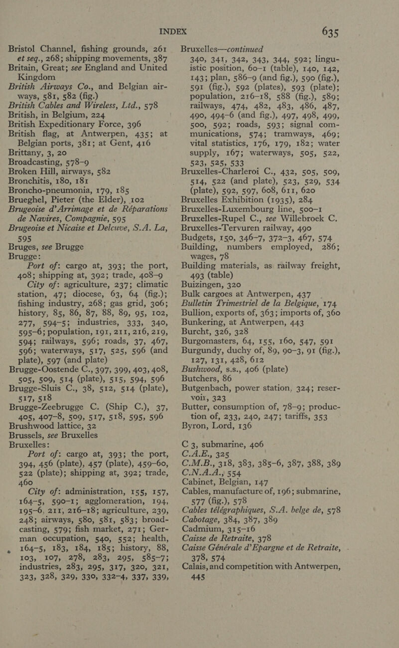 et seq., 268; shipping movements, 387 Britain, Great; see England and United Kingdom British Airways Co., and Belgian air- ways, 581, 582 (fig.) British Cables and Wireless, Lid., 578 British, in Belgium, 224 British Expeditionary Force, 396 British flag, at Antwerpen, 435; at Belgian ports, 381; at Gent, 416 Brittany, 3, 20 Broadcasting, 578-9 Broken Hill, airways, 582 Bronchitis, 180, 181 Broncho-pneumonia, 179, 185 Brueghel, Pieter (the Elder), 102 Brugeoise d’ Arrimage et de Réparations de Navires, Compagnie, 595 Brugeoise et Nicaise et Delcuve, S.A. La, 595 Bruges, see Brugge Brugge: Port of: cargo at, 393; the port, 408; shipping at, 392; trade, 408-9 City of: agriculture, 237; climatic station, 47; diocese, 63, 64 (fig.); fishing industry, 268; gas grid, 306; history, 85, 86, 87, 88, 89, 95, 102, 277, 594-5; industries, 333, 340, 595-6; population, 191, 211, 216, 219, 594; railways, 596; roads, 37, 467, 596; waterways, 517, 525, 596 (and plate), 597 (and plate) Brugge-Oostende C., 397, 399, 403, 408, 505, 509, 514 (plate), 515, 594, 596 Brugge-Sluis C., 38, 512, 514 (plate), 517, 518 Brugge-Zeebrugge C. (Ship C.), 37, 405, 407-8, 509, 517, 518, 595, 596 Brushwood lattice, 32 Brussels, see Bruxelles Bruxelles: Port of: cargo at, 393; the port, 394, 456 (plate), 457 (plate), 459-60, 522 (plate); shipping at, 392; trade, 460 City of: administration, 155, 157, 164-5, 590-1; agglomeration, 194, 195-6, 211, 216-18; agriculture, 239, 248; airways, 580, 581, 583; broad- casting, 579; fish market, 271; Ger- man occupation, 540, 552; health, 164-5, 183, 184, 185; history, 88, 103, .107, 278, 283, 295, 585-7; industries, 283, 295, 317, 320, 321, 323, 328, 329, 330, 332-4, 337, 339, 635 340, 341, 342, 343, 344, 592; lingu- istic position, 60-1 (table), 140, 142, 143; plan, 586-9 (and fig.), 590 (fig.), 591 (fig.), 592 (plates), 593 (plate); population, 216-18, 588 (fig.), 5890; railways, 474, 482, 483, 486, 487, 490, 494-6 (and fig.), 497, 498, 499, 500, 592; roads, 593; signal com- munications, 574; tramways, 469; vital statistics, 176, 179, 182; water supply, 167; waterways, 505, 522, 523, 525, 533 Bruxelles-Charleroi C., 432, 505, 509, 514, 522 (and plate), 523, 529, 534 (plate), 592, 597, 608, 611, 620 Bruxelles Exhibition (1935), 284 Bruxelles-Luxembourg line, 500-1 Bruxelles-Rupel C., see Willebroek C. Bruxelles-Tervuren railway, 490 Budgets, 150, 346-7, 372-3, 467, 574 Building, numbers employed, 286; wages, 78 Building materials, as railway freight, 493 (table) Buizingen, 320 Bulk cargoes at Antwerpen, 437 | Bulletin Trimestriel de la Belgique, 174 Bullion, exports of, 363; imports of, 360 Bunkering, at Antwerpen, 443 Burcht, 326, 328 Burgomasters, 64, 155, 160, 547, 591 Burgundy, duchy of, 89, 90-3, 91 (fig.), 127,131, 428, 612 Bushwood, s.s., 406 (plate) Butchers, 86 Butgenbach, power station, 324; reser- VOIX, 323 Butter, consumption of, 78-9; produc- tion of, 233, 240, 247; tariffs, 353 Byron, Lord, 136 C 3, submarine, 406 C.A.E., 325 C.M.B., 318, 383, 385-6, 387, 388, 389 C.N.A.A.; 554 Cabinet, Belgian, 147 Cables, manufacture of, 196; submarine, 577 (fig.), 578 Cables télégraphiques, S.A. belge de, 578 Cabotage, 384, 387, 389 Cadmium, 315-16 Caisse de Retraite, 3'78 Caisse Générale d’Epargne et de Retraite, - 378, 574 Calais, and competition with Antwerpen, 445