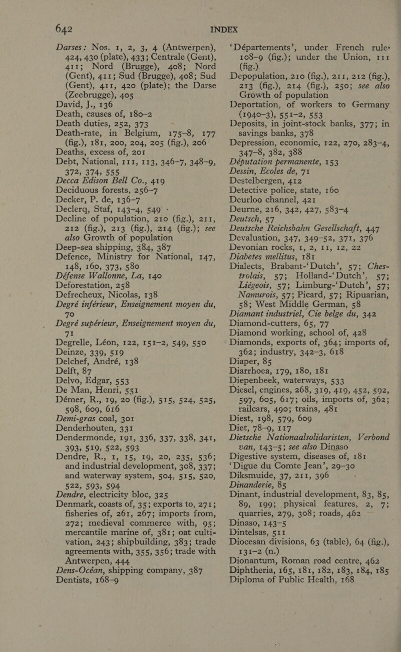 Darses: Nos. 1, 2, 3, 4 (Antwerpen), 424, 430 (plate), 433; Centrale (Gent), 411; Nord (Brugge), 408; Nord (Gent), 411; Sud (Brugge), 408; Sud (Gent), 411, 420 (plate); the Darse (Zeebrugge), 405 David, J., 136 Death, causes of, 180-2 Death duties, 252, 373 Death-rate, in Belgium, 175-8, 177 (fig.), 181, 200, 204, 205 (fig.), 206 Deaths, excess of, 201 Debt, National, 111, 113, 346-7, 348-9, 372, 374, 555 Decca Edison Bell Co., 419 Deciduous forests, 256-7 Decker, P. de, 136-7 Declerq, Staf, 143-4, 549 - Decline of population, 210 (fig.), 211, 212 (fig.), 213 (fig.), 214 (fig.); see also Growth of population Deep-sea shipping, 384, 387 Defence, Ministry for National, 147, 148, 160, 373, 580 Défense Wallonne, La, 140 Deforestation, 258 Defrecheux, Nicolas, 138 Degré inférieur, Enseignement moyen du, 70 Degré supérieur, Enseignement moyen du, 71 Degrelle, Léon, 122, 151-2, 549, 550 Deinze, 339, 519 Delchef, André, 138 Delft, 87 Delvo, Edgar, 553 De Man, Henri, 551 Démer, R., 19, 20 (fig.), 515, 524, 525, 598, 609, 616 Demi-gras coal, 301 Denderhouten, 331 Dendermonde, 191, 336, 337, 338, 341, 393, 519, 522, 593 Dendre,''R:, 1,. 15, 19, 20,-235, 539; and industrial development, 308, 337; and waterway system, 504, 515, 520, 522, 593, 594 Dendre, electricity bloc, 325 Denmark, coasts of, 35; exports to, 271; fisheries of, 261, 267; imports from, 272; medieval commerce with, 95; mercantile marine of, 381; oat culti- vation, 243; shipbuilding, 383; trade agreements with, 355, 356; trade with Antwerpen, 444 Dens-Océan, shipping company, 387 Dentists, 168-9 ‘Départements’, under French rule? 108-9 (fig.); under the Union, 111 (fig.) Depopulation, 210 (fig.), 211, 212 (fig.), 213 (fig.), 214 (fig.), 250; see also Growth of population Deportation, of workers to Germany (1940-3), 551-2, 553 Deposits, in joint-stock banks, 377; in savings banks, 378 Depression, economic, 122, 270, 283-4, 347-8, 382, 388 Députation permanente, 153 Dessin, Ecoles de, 71 Destelbergen, 412 Detective police, state, 160 Deurloo channel, 421 Deurne, 216, 342, 427, 583-4 Deutsch, 57 Deutsche Reichsbahn Gesellschaft, 447 Devaluation, 347, 349-52, 371, 376 Devonian rocks, I, 2, II, I2, 22 Diabetes mellitus, 181 Dialects, Brabant-‘Dutch’, 57; Ches- trolais, 57; MHolland-‘Dutch’, 57; Liégeois, 57; Limburg-‘Dutch’, 57; Namurois, 57; Picard, 57; Ripuarian, 58; West Middle German, 58 Diamant industriel, Cie belge du, 342 Diamond-cutters, 65, 77 Diamond working, school of, 428 Diamonds, exports of, 364; imports of, 362; industry, 342-3, 618 Diaper, 85 Diarrhoea, 179, 180, 181 Diepenbeek, waterways, 533 Diesel, engines, 268, 319, 419, 452, 592, 597, 605, 617; oils, imports of, 362; railcars, 490; trains, 481 Diest, 198, 579, 609 Diet, 78-9, 117 Dietsche Nationaalsolidaristen, Verbond van, 143-5; see also Dinaso Digestive system, diseases of, 181 ‘Digue du Comte Jean’, 29-30 Diksmuide, 37, 211, 396 . Dinanderie, 85 Dinant, industrial development, 83, 85, 89, 199; physical features, 2, 7; quarries, 279, 308; roads, 462 Dinaso, 143-5 Dintelsas, 511 Diocesan divisions, 63 (table), 64 (fig.), 131-2 (n.) Dionantum, Roman road centre, 462 Diphtheria, 165, 181, 182, 183, 184, 185 Diploma of Public Health, 168