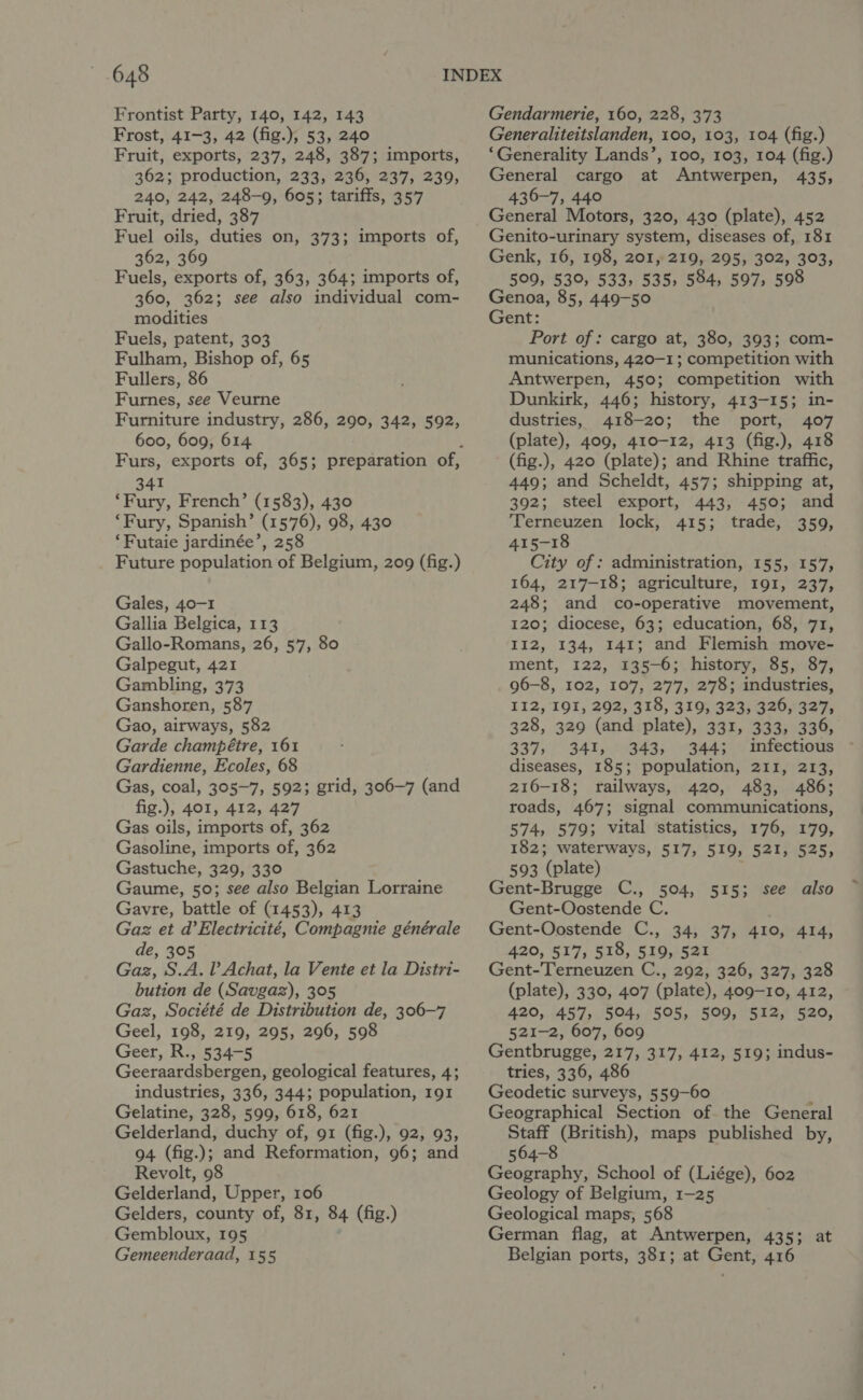 Frontist Party, 140, 142, 143 Frost, 41-3, 42 (fig.), 53, 240 Fruit, exports, 237, 248, 387; imports, 362; production, 233, 236, 237, 239, 240, 242, 248-9, 605; tariffs, 357 Fruit, dried, 387 Fuel oils, duties on, 373; imports of, 362, 369 Fuels, exports of, 363, 364; imports of, 360, 362; see also individual com- modities Fuels, patent, 303 Fulham, Bishop of, 65 Fullers, 86 Furnes, see Veurne Furniture industry, 286, 290, 342, 592, 600, 609, 614 341 ‘Fury, French’ (1583), 430 ‘Fury, Spanish’ (1576), 98, 430 ‘Futaie jardinée’, 258 Future population of Belgium, 209 (fig.) Gales, 40-1 Gallia Belgica, 113 Gallo-Romans, 26, 57, 80 Galpegut, 421 Gambling, 373 Ganshoren, 587 Gao, airways, 582 Garde champétre, 161 Gardienne, Ecoles, 68 Gas, coal, 305-7, 592; grid, 306-7 (and fig.), 401, 412, 427 Gas oils, imports of, 362 Gasoline, imports of, 362 Gastuche, 329, 330 Gaume, 50; see also Belgian Lorraine Gavre, battle of (1453), 413 Gaz et d’Electricité, Compagnie générale de, 305 Gaz, S.A. Tl Achat, la Vente et la Distri- bution de (Savgaz), 305 Gaz, Société de Distribution de, 306-7 Geel, 198, 219, 295, 296, 598 Geer, R., 534-5 Geeraardsbergen, geological features, 4; industries, 336, 344; population, 191 Gelatine, 328, 599, 618, 621 Gelderland, duchy of, g1 (fig.), 92, 93, 94 (fig.); and Reformation, 96; and Revolt, 98 Gelderland, Upper, 106 Gelders, county of, 81, 84 (fig.) Gembloux, 195 Gemeenderaad, 155 Gendarmerie, 160, 228, 3'73 Generaliteitslanden, 100, 103, 104 (fig.) ‘Generality Lands’, 100, 103, 104 (fig.) General cargo at Antwerpen, 435, 436-7, 440 General Motors, 320, 430 (plate), 452 Genito-urinary system, diseases of, 181 Genk, 16, 198, 201, 219, 295, 302, 303, 509, 530, 533, 535, 584, 597, 598 Genoa, 85, 449-50 Gent: Port of: cargo at, 380, 393; com- munications, 420-1; competition with Antwerpen, 450; competition with Dunkirk, 446; history, 413-15; in- dustries, 418-20; the port, 407 (plate), 409, 410-12, 413 (fig.), 418 (fig.), 420 (plate); and Rhine traffic, 449; and Scheldt, 457; shipping at, 392; steel export, 443, 450; and Terneuzen lock, 415; trade, 359, 415-18 City of : administration, 155, 157, 164, 217-18; agriculture, 191, 237, 248; and co-operative movement, 120; diocese, 63; education, 68, 71, II2, 134, 141; and Flemish move- ment, 122, 135-6; history, 85, 87, 96-8, 102, 107, 277, 278; industries, 112, 191, 292, 318, 319, 323, 326, 327, 328, 329 (and plate), 331, 333, 336, 337, 341, 343, 344; infectious diseases, 185; population, 211, 213, 216-18; railways, 420, 483, 486; roads, 467; signal communications, 574, 579; vital statistics, 176, 179, 182; waterways, 517, 519, 521, 525, 593 (plate) Gent-Brugge C., 504, 515; see also Gent-Oostende C. \ Gent-Oostende C., 34, 37, 410, 414, 420, 517, 518, 519, 521 Gent-Terneuzen C., 292, 326, 327, 328 (plate), 330, 407 (plate), 409-10, 412, 420, 457, 504, 505, 509, 512, 520, 521-2, 607, 609 Gentbrugge, 217, 317, 412, 519; indus- tries, 336, 486 Geodetic surveys, 559-60 Geographical Section of the General Staff (British), maps published by, 564-8 Geography, School of (Liége), 602 Geology of Belgium, 1-25 Geological maps, 568 German flag, at Antwerpen, 435; at Belgian ports, 381; at Gent, 416