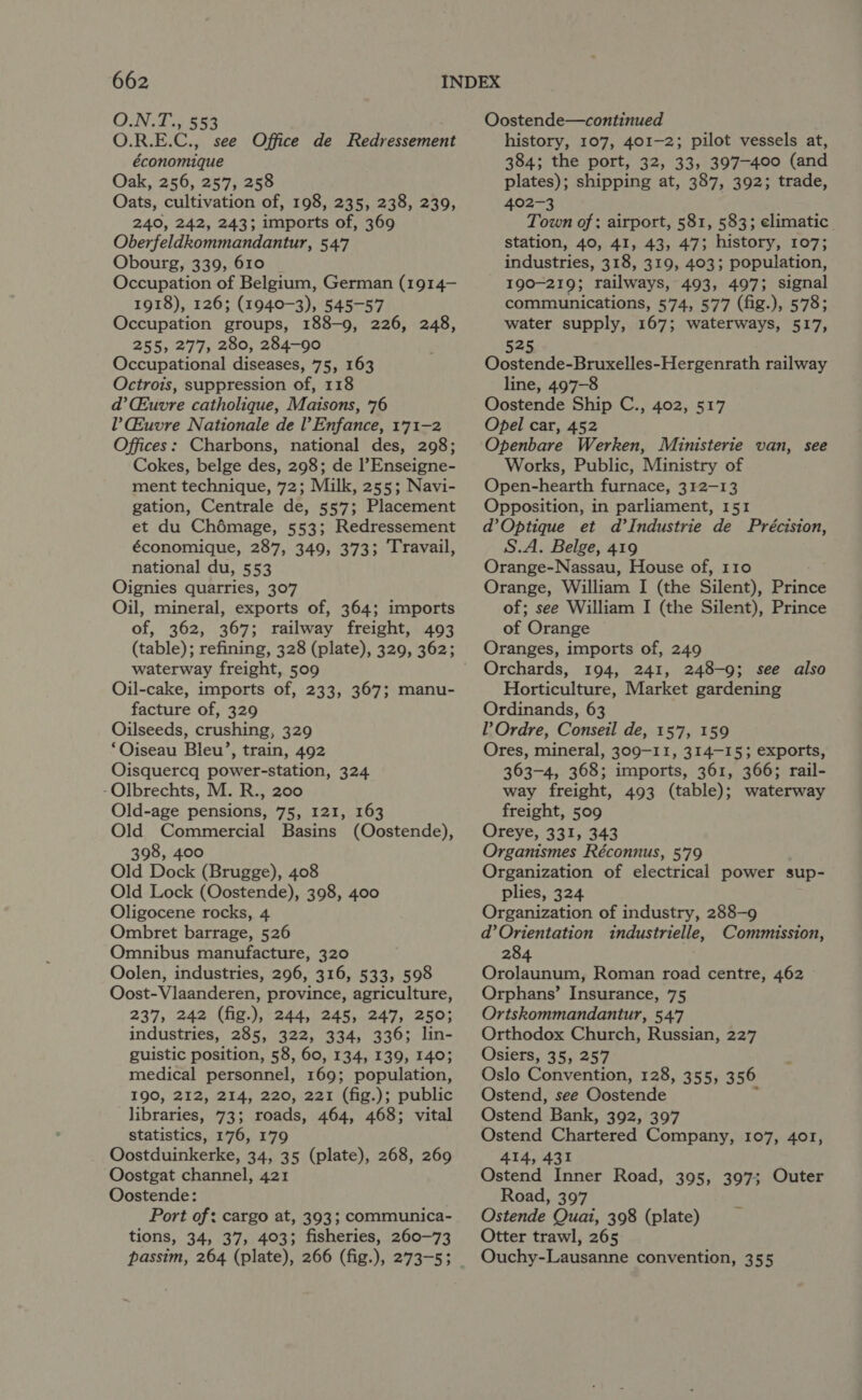 ON. T.; 553 O.R.E.C., see Office de Redressement économique Oak, 256, 257, 258 Oats, cultivation of, 198, 235, 238, 239, 240, 242, 243; imports of, 369 Oberfeldkommandantur, 547 Obourg, 339, 610 Occupation of Belgium, German (1914- 1918), 126; (1940-3), 545-57 Occupation groups, 188-9, 226, 248, 255, 277; 280, 284-90 Occupational diseases, 75, 163 Octrois, suppression of, 118 d’CEuvre catholique, Maisons, 76 V Geuvre Nationale de l Enfance, 171-2 Offices: Charbons, national des, 298; Cokes, belge des, 298; de l’Enseigne- ment technique, 72; Milk, 255; Navi- gation, Centrale de, 557; Placement et du Chémage, 553; Redressement économique, 287, 349, 373; Travail, national du, 553 Oignies quarries, 307 Oil, mineral, exports of, 364; imports of, 362, 367; railway freight, 493 waterway freight, 509 Oil-cake, imports of, 233, 367; manu- facture of, 329 Oilseeds, crushing, 329 ‘Oiseau Bleu’, train, 492 Oisquercq power-station, 324 -Olbrechts, M. R., 200 Old-age pensions, 75, 121, 163 Old Commercial Basins (Oostende), 398, 400 Old Dock (Brugge), 408 Old Lock (Oostende), 398, 400 Oligocene rocks, 4 Ombret barrage, 526 Omnibus manufacture, 320 Oolen, industries, 296, 316, 533, 598 Oost-Vlaanderen, province, agriculture, 237, 242 (fig.), 244, 245, 247, 250; industries, 285, 322, 334, 336; lin- guistic position, 58, 60, 134, 139, 140; medical personnel, 169; population, 190, 212, 214, 220, 221 (fig.); public libraries, 73; roads, 464, 468; vital statistics, 176, 179 Oostduinkerke, 34, 35 (plate), 268, 269 Oostgat channel, 421 Oostende: Port of: cargo at, 393; communica- tions, 34, 37, 403; fisheries, 260-73 Oostende—continued history, 107, 401-2; pilot vessels at, 384; the port, 32, 33, 397-400 (and plates); shipping at, 387, 392; trade, 402-3 Town of: airport, 581, 583; climatic. station, 40, 41, 43, 47; history, 107; industries, 318, 319, 403; population, 190-219; railways, 493, 497; signal communications, 574, 577 (fig.), 578; water supply, 167; waterways, 517, 525 Oostende-Bruxelles-Hergenrath railway line, 497-8 Oostende Ship C., 402, 517 Opel car, 452 Openbare Werken, Ministerie van, see Works, Public, Ministry of Open-hearth furnace, 312-13 Opposition, in parliament, 151 d’Optique et d’Industrie de Préciston, S.A. Belge, 419 Orange-Nassau, House of, 110 Orange, William I (the Silent), Prince of; see William I (the Silent), Prince of Orange Oranges, imports of, 249 Orchards, 194, 241, 248-9; see also Horticulture, Market gardening Ordinands, 63 P Ordre, Conseil de, 157, 159 Ores, mineral, 309-11, 314-15; exports, 363-4, 368; imports, 361, 366; rail- way freight, 493 (table); waterway freight, 509 Oreye, 331, 343 Organismes Réconnus, 5'79 Organization of electrical power sup- plies, 324 Organization of industry, 288—9 d’Orientation industrielle, Commission, 284 Orolaunum, Roman road centre, 462 Orphans’ Insurance, 75 Ortskommandantur, 547 Orthodox Church, Russian, 227 Osiers, 35, 257 Oslo Convention, 128, 355, 356 Ostend, see Oostende . Ostend Bank, 392, 397 Ostend Chartered Company, 107, 401, 414, 431 Ostend Inner Road, 395, 397; Outer Road, 397 Ostende Quai, 398 (plate) Otter trawl, 265 Ouchy-Lausanne convention, 355