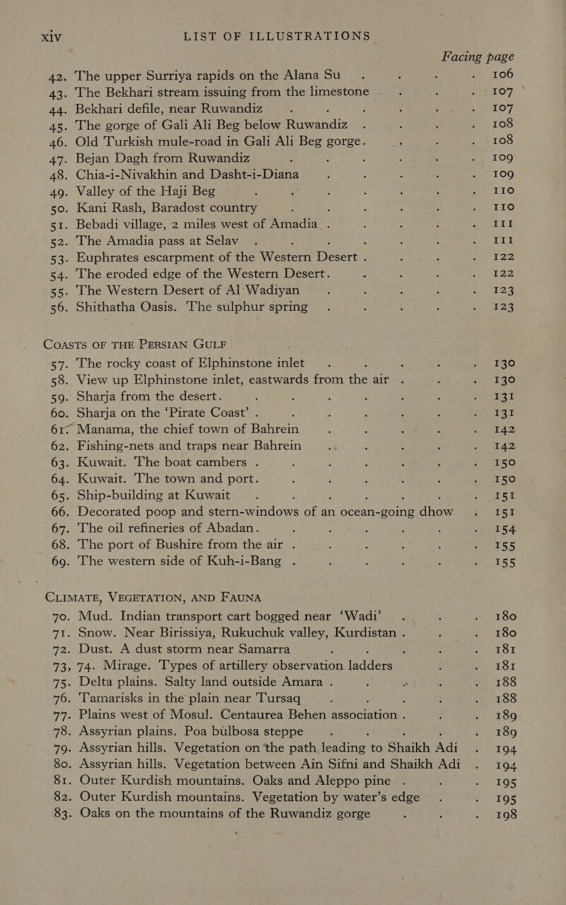 83. Oaks on the mountains of the Ruwandiz gorge Facing page 42. The upper Surriya rapids on the Alana Su 106 43. The Bekhari stream issuing from the limestone 107 44. Bekhari defile, near Ruwandiz 107 45. The gorge of Gali Ali Beg below Se 108 46. Old Turkish mule-road in Gali Ali Beg gorge. 108 47. Bejan Dagh from Ruwandiz 109 48. Chia-i-Nivakhin and Dasht-i-Diana 109 49. Valley of the Haji Beg 110 50. Kani Rash, Baradost country 110 51. Bebadi village, 2 miles west of Amadia . III 52. The Amadia pass at Selav : : III 53. Euphrates escarpment of the Western Weterth 122 54. The eroded edge of the Western Desert. Tz 55. The Western Desert of Al Wadiyan 123 56. Shithatha Oasis. The sulphur spring 123 COASTS OF THE PERSIAN GULF 57. The rocky coast of Elphinstone flee 130 58. View up Elphinstone inlet, eastwards from the air 130 59. Sharja from the desert. 131 60. Sharja on the ‘Pirate Coast’ . 131 61~ Manama, the chief town of Bahrein 142 62. Fishing-nets and traps near Bahrein 142 63. Kuwait. The boat cambers . 150 64. Kuwait. The town and port. 150 65. Ship-building at Kuwait ; I51 66. Decorated poop and stern-windows of an ocean-going hae I51 67. The oil refineries of Abadan. 154 68. The port of Bushire from the air . 155 - 69. The western side of Kuh-i-Bang . 155 CLIMATE, VEGETATION, AND FAUNA 70. Mud. Indian transport cart bogged near ‘Wadi’ 180 71. Snow. Near Birissiya, Rukuchuk valley, Kurdistan . 180 72. Dust. A dust storm near Samarra : 181 73, 74. Mirage. Types of artillery nbactentan isddere 181 75. Delta plains. Salty land outside Amara . 188 76. ‘Tamarisks in the plain near Tursaq : 188 77. Plains west of Mosul. Centaurea Behen association . 189 78. Assyrian plains. Poa bulbosa steppe ; 189 79. Assyrian hills. Vegetation on ‘the path Sapte to Shaikh Adi 194 80. Assyrian hills. Vegetation between Ain Sifni and Shaikh Adi 194 81. Outer Kurdish mountains. Oaks and Aleppo pine 195 82. Outer Kurdish mountains. Vegetation by water’s edge 195 198