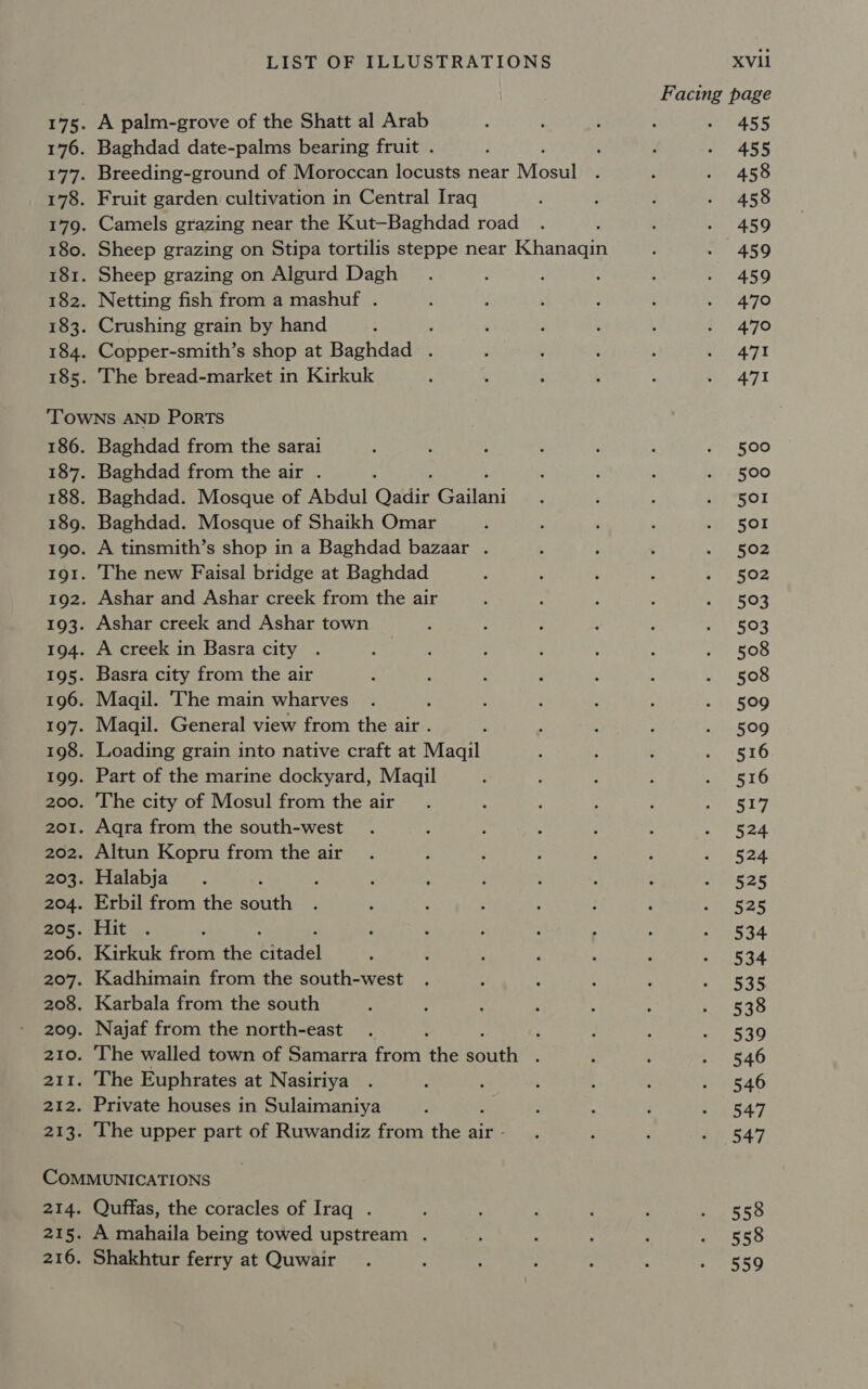 A palm-grove of the Shatt al Arab Baghdad date-palms bearing fruit . Breeding-ground of Moroccan locusts near Nise Fruit garden cultivation in Central Iraq Camels grazing near the Kut-Baghdad road Sheep grazing on Stipa tortilis steppe near Khanaqin Sheep grazing on Algurd Dagh : Netting fish from a mashuf . Crushing grain by hand ; Copper-smith’s shop at Baghdad . The bread-market in Kirkuk Baghdad from the sarai Baghdad from the air . : Baghdad. Mosque of Abdul Oaldir Cailani Baghdad. Mosque of Shaikh Omar A tinsmith’s shop in a Baghdad bazaar . The new Faisal bridge at Baghdad Ashar and Ashar creek from the air Ashar creek and Ashar town A creek in Basra city Basra city from the air Magqil. ‘The main wharves - Magil. General view from the air . Loading grain into native craft at Maqil Part of the marine dockyard, Maqil The city of Mosul from the air Agra from the south-west Altun Kopru from the air Halabja : Erbil from the south Hit ; Kirkuk from the titadel Kadhimain from the south-west Karbala from the south Najaf from the north-east : : The walled town of Samarra from the Leh 3 The Euphrates at Nasiriya Private houses in Sulaimaniya The upper part of Ruwandiz from the air - Quffas, the coracles of Iraq . A mahaila being towed upstream . Shakhtur ferry at Quwair XVii Facing page 455 455 458 458 459 459 459 470 470 471 471 500 500 501 501 502 502 593 593 508 508 509 509 516 516 517 524 524 525 525 534 534 535 538 539 546 546 547 547 558 558 559