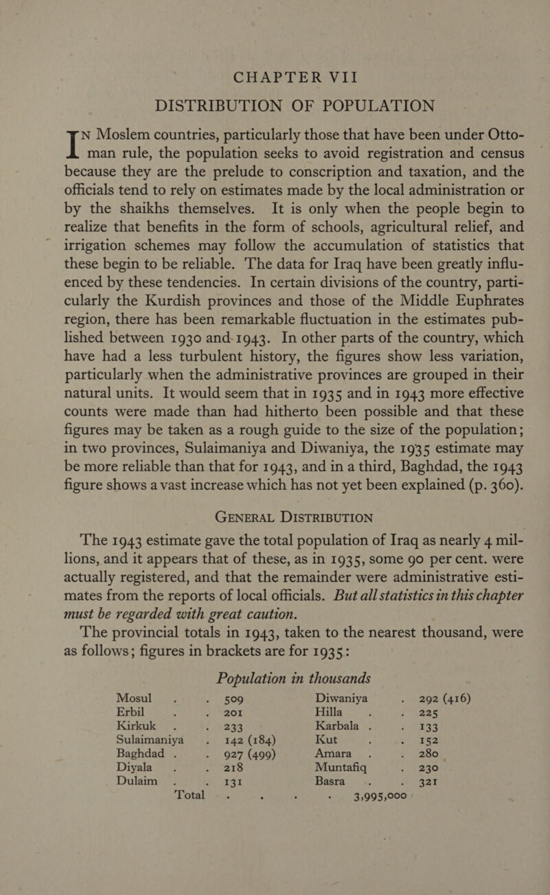DISTRIBUTION OF POPULATION if Moslem countries, particularly those that have been under Otto- man rule, the population seeks to avoid registration and census because they are the prelude to conscription and taxation, and the officials tend to rely on estimates made by the local administration or by the shaikhs themselves. It is only when the people begin to realize that benefits in the form of schools, agricultural relief, and irrigation schemes may follow the accumulation of statistics that these begin to be reliable. 'The data for Iraq have been greatly influ- enced by these tendencies. In certain divisions of the country, parti- cularly the Kurdish provinces and those of the Middle Euphrates region, there has been remarkable fluctuation in the estimates pub- lished between 1930 and-1943. In other parts of the country, which have had a less turbulent history, the figures show less variation, particularly when the administrative provinces are grouped in their natural units. It would seem that in 1935 and in 1943 more effective counts were made than had hitherto been possible and that these figures may be taken as a rough guide to the size of the population; in two provinces, Sulaimaniya and Diwaniya, the 1935 estimate may be more reliable than that for 1943, and in a third, Baghdad, the 1943 figure shows a vast increase which has not yet been explained (p. 360). GENERAL DISTRIBUTION The 1943 estimate gave the total population of Iraq as nearly 4 mil- lions, and it appears that of these, as in 1935, some go per cent. were actually registered, and that the remainder were administrative esti- mates from the reports of local officials. But all statistics in this chapter must be regarded with great caution. The provincial totals in 1943, taken to the nearest thousand, were as follows; figures in brackets are for 1935: Population in thousands Mosul . ES ROR Diwaniya . 292 (416) Erbil ; “POT Hilla : fSSae Kirkuk . ek Karbala . fo 8S3 Sulaimaniya . 142 (184) Kut ; ap tes Baghdad . . 927 (499) Amara . 2 R8Op Diyala as) heda Fe.) Muntafiq shane Dulaim . Lomas if Basra ; + Say Total 3,995,000
