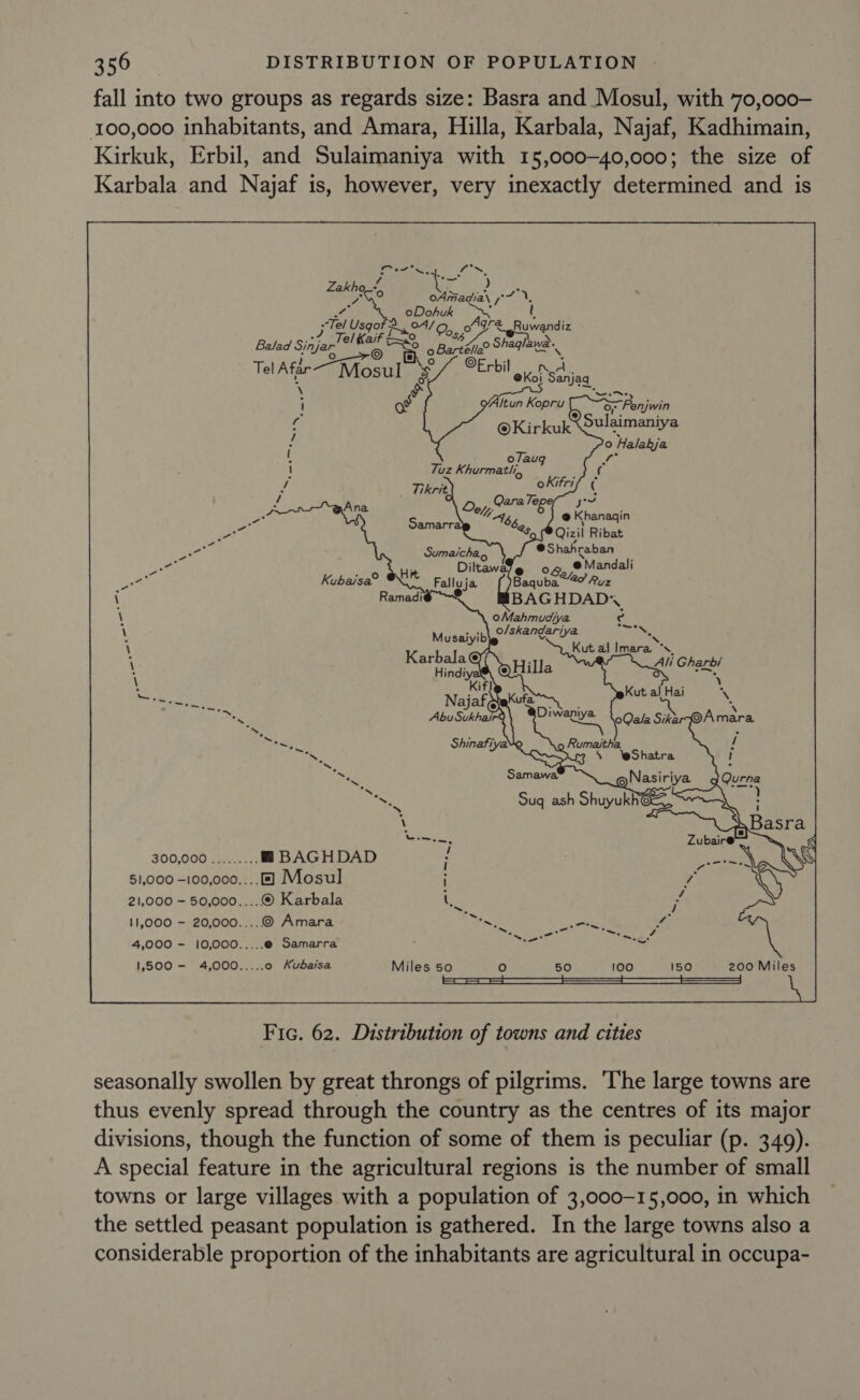 fall into two groups as regards size: Basra and Mosul, with 70,000- 100,000 inhabitants, and Amara, Hilla, Karbala, Najaf, Kadhimain, Kirkuk, Erbil, and Sulaimaniya with 15,000-40,000; the size of Karbala and Najaf is, however, very inexactly determined and is Zakho.”. a tre ey ve oAmadia\ 7a 7X, oDohuk &gt; 4 i Tel Usgof &gt;, 24/0, gre &amp; QBuwandiz j 5, Balad Siijagleeas 3 eA hn Ao Shah Shaglawa..     Tel Afle—Mosul $ ©Erbil ee sia a &amp; genase | o 0, Fenjwin 7 @Kitkuk Sulaimaniya o Halabja | ; Tikrit : Ana @ Khanagin Qizil Ribat @Shahraban  Feed : Pe ) Mandali oes Kubaisa® NOt j Saqubs?2o’ Ruz i Ramadig-“~$ BAGHDAD. \ oMahmudiya ¢ , Musaiyib Spigot e he a eee S, ‘ Karbala @ ; : : Hindiye ‘ @Hilla Ali he \ Kif| so ddd ml se Naj af st Kuta Kut al Hai \ Pn Abu Sukhai ‘ Diwaniya Qala Sikar ©Amara “ . rote. ShinafiyaMe 5 desor hg = / Rate SQN oe : ek Samawa @Nasiriya QQurna aac Suq ash Shuyukh@x, : \ Basra Wee, &gt;: Zubair@ : q 300,000 ......... @ BAGHDAD : See, eine. ee \ WY I ra NZ 51,000 -100,000....&amp;] Mosul ? S 21,000 - 50,000....© Karbala aie / 11,000 — 20,000....© Amara PA eee] rai 4,000 - 10,000.....e Samarra aie Pe 1,500 - 4,000.....0 Kubaisa Miles 50 fe) 50 100 150 200 Miles Fic. 62. Distribution of towns and cities seasonally swollen by great throngs of pilgrims. The large towns are thus evenly spread through the country as the centres of its major divisions, though the function of some of them is peculiar (p. 349). A special feature in the agricultural regions is the number of small towns or large villages with a population of 3,000-15,000, in which the settled peasant population is gathered. In the large towns also a considerable proportion of the inhabitants are agricultural in occupa-