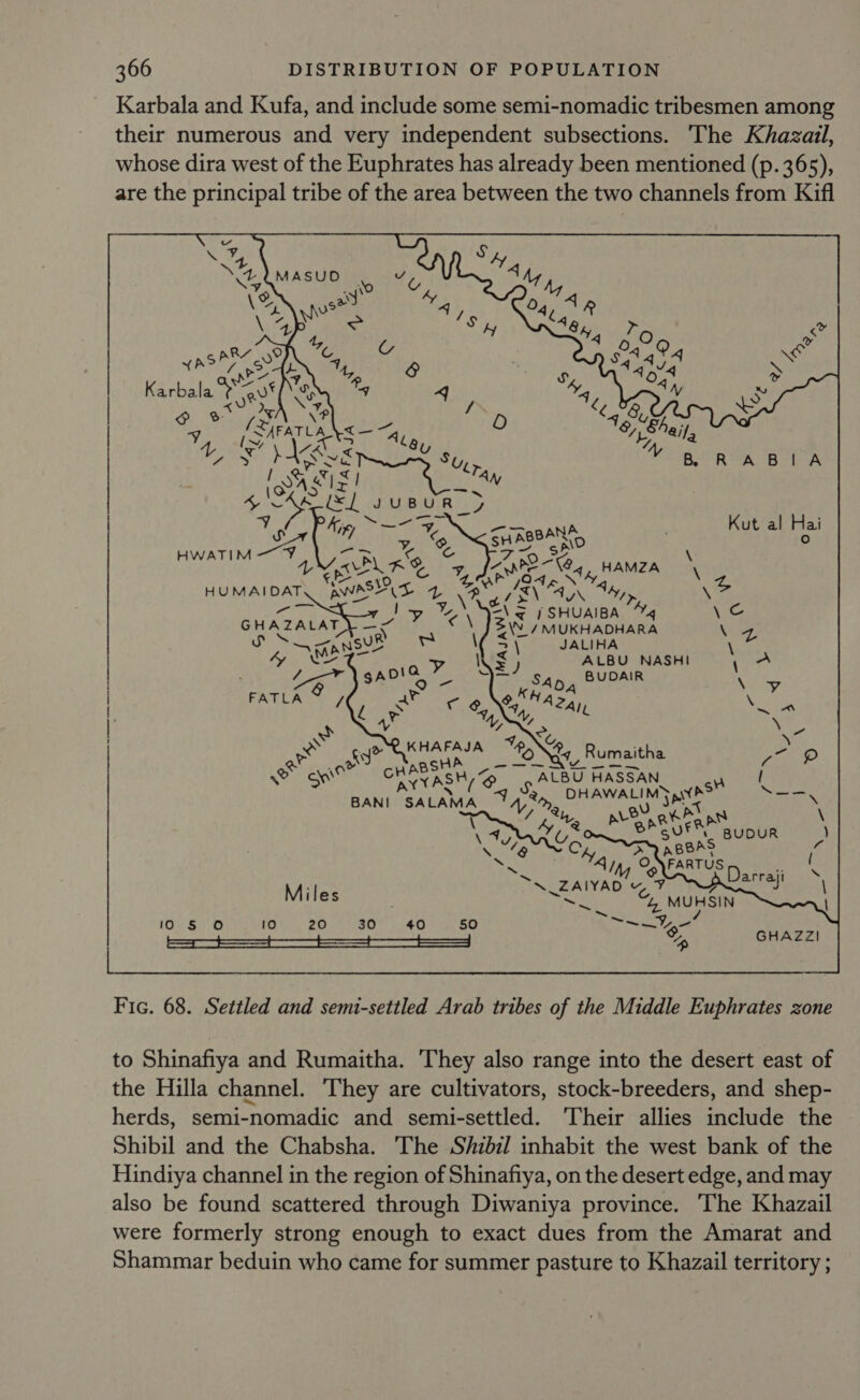 Karbala and Kufa, and include some semi-nomadic tribesmen among their numerous and very independent subsections. The Khazail, whose dira west of the Euphrates has already been mentioned (p.365), are the principal tribe of the area between the two channels from Kifl   RABIA   BUR » ig ok Kut al Hai « SHABBAN, ) ea oe ae o mie Ba HAMZA \ ar A\S ie \4 ace AN aoa \ ohana Ay tC i SHUAIBA “4 \c S\N. / MUKHADHARA TE 2 JALIHA Gaia ALBU NASHI 1B y BUDAIR A AS A Y a A2aiy rae i : e | wg eae i %, Rumaitha Lo 2 NER A CH ABs, @ _, ALBU HASSAN Lek, BANI SALAMA_ 14,2, OH AWALIM Jai aa Ee VV, av ovat Fé 1 an ak apn \ \ Vy ede O Sturn BUDUR ) elie meee NERTES ay “ Mil iio ZAIYAD ~ VY J \ és ae aN, Z, MUHSIN \ ~~ (Or'Sy Ott. 20-6080, 46. 480 ~~,” tt “% GHAZZ2! Fic. 68. Settled and semi-settled Arab tribes of the Middle Euphrates zone to Shinafiya and Rumaitha. They also range into the desert east of the Hilla channel. They are cultivators, stock-breeders, and shep- herds, semi-nomadic and semi-settled. Their allies include the Shibil and the Chabsha. The S/zbil inhabit the west bank of the Hindiya channel in the region of Shinafiya, on the desert edge, and may also be found scattered through Diwaniya province. The Khazail were formerly strong enough to exact dues from the Amarat and Shammar beduin who came for summer pasture to Khazail territory ;