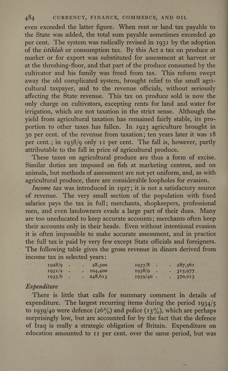 even exceeded the latter figure. When rent or land tax payable to the State was added, the total sum payable sometimes exceeded 40 per cent. The system was radically revised in 1931 by the adoption of the zstthlak or consumption tax. By this Act a tax on produce at market or for export was substituted for assessment at harvest or at the threshing-floor, and that part of the produce consumed by the cultivator and his family was freed from tax. ‘This reform swept away the old complicated system, brought relief to the small agri- cultural taxpayer, and to the revenue officials, without seriously affecting the State revenue. This tax on produce sold is now the only charge on cultivators, excepting rents for land and water for irrigation, which are not taxation in the strict sense. Although the yield from agricultural taxation has remained fairly stable, its pro- portion to other taxes has fallen. In 1923 agriculture brought in 30 per cent. of the revenue from taxation; ten years later it was 18 per cent.; in 1938/9 only 11 per cent. The fall is, however, partly attributable to the fall in price of agricultural produce. These taxes on agricultural produce are thus a form of excise. Similar duties are imposed on fish at marketing centres, and on animals, but methods of assessment are not yet uniform, and, as with agricultural produce, there are considerable loopholes for evasion. Income tax was introduced in 1927; it is not a satisfactory source of revenue. The very small section of the population with fixed salaries pays the tax in full; merchants, shopkeepers, professional men, and even landowners evade a large part of their dues. Many are too uneducated to keep accurate accounts; merchants often keep their accounts only in their heads. Even without intentional evasion it is often impossible to make accurate assessment, and in practice the full tax is paid by very few except State officials and foreigners. The following table gives the gross revenue in dinars derived from income tax in selected years: 1928/9 . - 28,500 1937/8 . - 287,561 1931/2 - » 104,400 1938/9. - 315,977 1935/6. - 248,613 1939/40 - » 370,013 Expenditure There is little that calls for summary comment in details of expenditure. ‘The largest recurring items during the period 1934/5 to 1939/40 were defence (26%) and police (13%), which are perhaps surprisingly low, but are accounted for by the fact that the defence of Iraq is really a strategic obligation of Britain. Expenditure on education amounted to 11 per cent. over the same period, but was