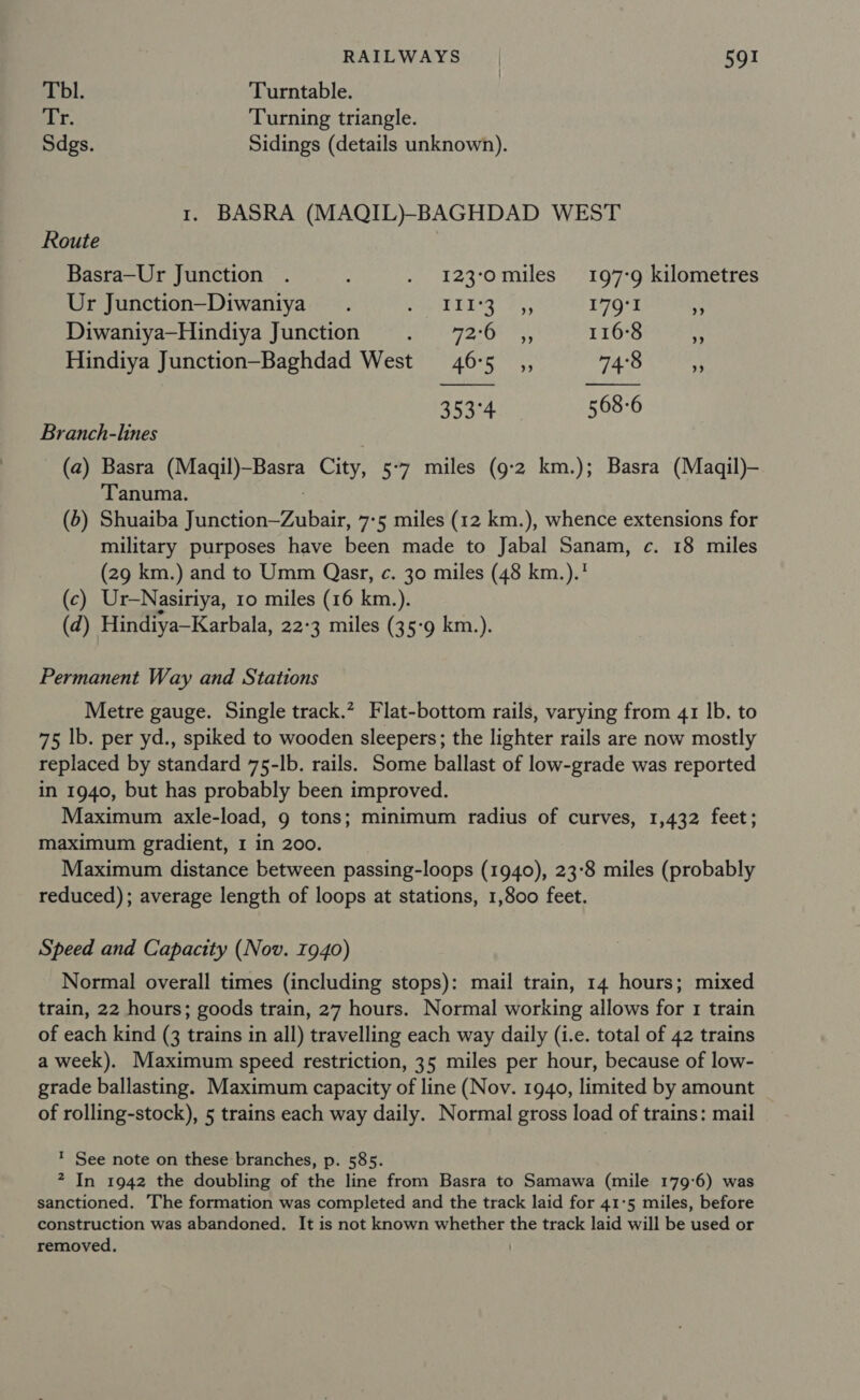 Tbl. Turntable. ar. Turning triangle. Sdgs. Sidings (details unknown). 1. BASRA (MAQIL)-BAGHDAD WEST Route Basra—Ur Junction . . 123-0miles 197-9 kilometres Ur Junction—Diwaniya . Pree PRES SS, 179°I « Diwaniya—Hindiya Junction = ata fA eee 116°8 i Hindiya Junction—Baghdad West 46:5 ,, 74:8 s: 353°4 568-6 Branch-lines (a) Basra (Maqil)-Basra City, 5-7 miles (9:2 km.); Basra (Maqil)— Tanuma. (6) Shuaiba finchon Zabair 7:5 miles (12 km.), whence extensions for military purposes have been made to Jabal Sanam, c. 18 miles (29 km.) and to Umm Qasr, c. 30 miles (48 km.).' (c) Ur—Nasiriya, 10 miles (16 km.). (d) Hindiya—Karbala, 22-3 miles (35-9 km.). Permanent Way and Stations Metre gauge. Single track.” Flat-bottom rails, varying from 41 lb. to 75 lb. per yd., spiked to wooden sleepers; the lighter rails are now mostly replaced by standard 75-lb. rails. Some ballast of low-grade was reported in 1940, but has probably been improved. Maximum axle-load, 9 tons; minimum radius of curves, 1,432 feet; maximum gradient, I in 200. Maximum distance between passing-loops (1940), 23:8 miles (probably reduced); average length of loops at stations, 1,800 feet. Speed and Capacity (Nov. 1940) Normal overall times (including stops): mail train, 14 hours; mixed train, 22 hours; goods train, 27 hours. Normal working allows for 1 train of each kind (3 trains in all) travelling each way daily (i.e. total of 42 trains a week). Maximum speed restriction, 35 miles per hour, because of low- grade ballasting. Maximum capacity of line (Nov. 1940, limited by amount of rolling-stock), 5 trains each way daily. Normal gross load of trains: mail ? See note on these branches, p. 585. 2 In 1942 the doubling of the line from Basra to Samawa (mile 179°6) was sanctioned. The formation was completed and the track laid for 41°5 miles, before construction was abandoned. It is not known whether the track laid will be used or removed.