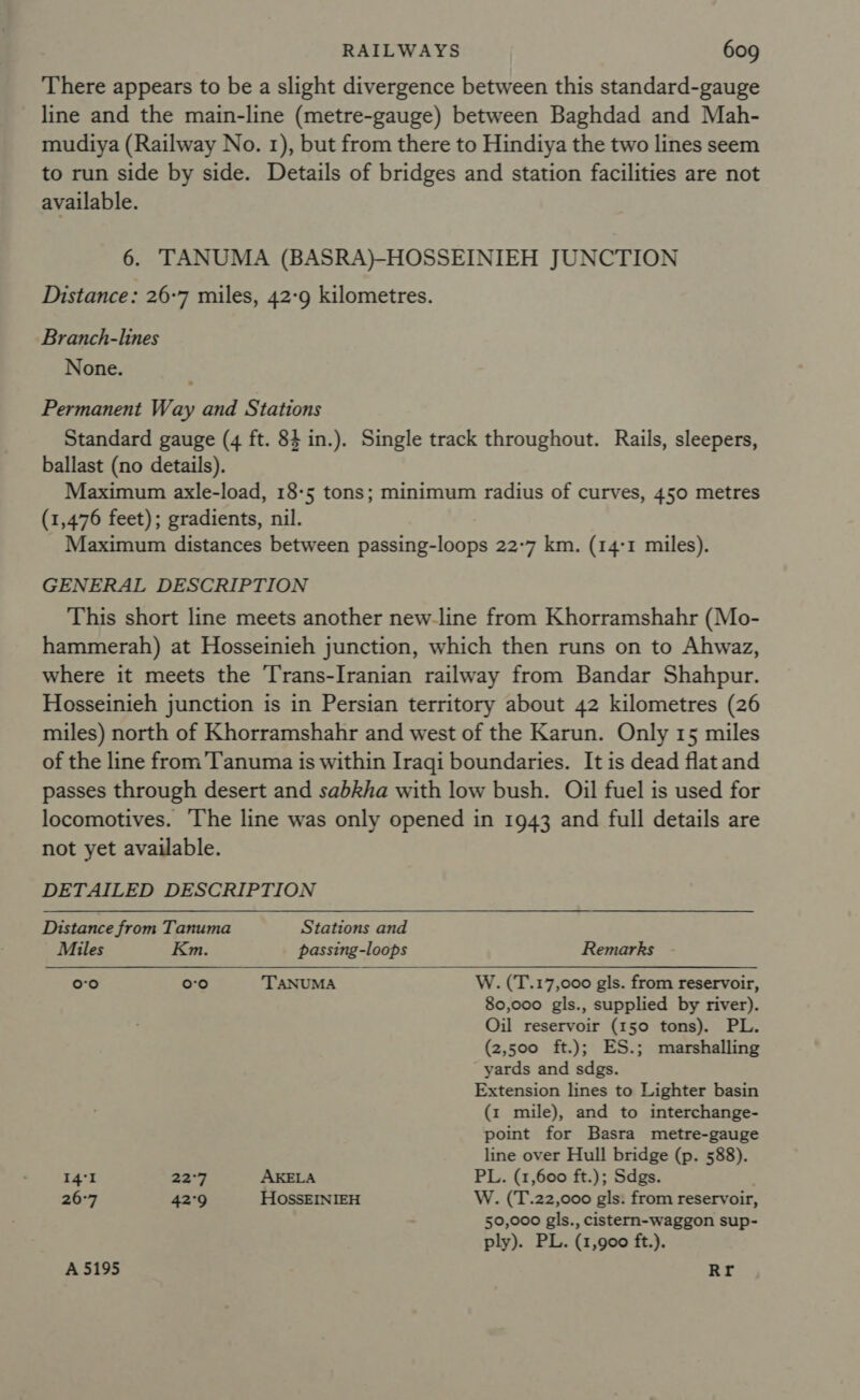 There appears to be a slight divergence between this standard-gauge line and the main-line (metre-gauge) between Baghdad and Mah- mudiya (Railway No. 1), but from there to Hindiya the two lines seem to run side by side. Details of bridges and station facilities are not available. 6. TANUMA (BASRA)HOSSEINIEH JUNCTION Distance: 26-7 miles, 42-9 kilometres. Branch-lines None. Permanent Way and Stations Standard gauge (4 ft. 84 in.). Single track throughout. Rails, sleepers, ballast (no details). Maximum axle-load, 18-5 tons; minimum radius of curves, 450 metres (1,476 feet); gradients, nil. Maximum distances between passing-loops 22°7 km. (14:1 miles). GENERAL DESCRIPTION This short line meets another new-line from Khorramshahr (Mo- hammerah) at Hosseinieh junction, which then runs on to Ahwaz, where it meets the Trans-Iranian railway from Bandar Shahpur. Hosseinieh junction is in Persian territory about 42 kilometres (26 miles) north of Khorramshahr and west of the Karun. Only 15 miles of the line from’Tanuma is within Iraqi boundaries. It is dead flat and passes through desert and sabkha with low bush. Oil fuel is used for locomotives. ‘The line was only opened in 1943 and full details are not yet available. DETAILED DESCRIPTION  Distance from Tanuma Stations and Miles Km. passing-loops Remarks roo) fone) TANUMA W. (T.17,000 gls. from reservoir, 80,000 gls., supplied by river). Oil reservoir (150 tons). PL. (2,500 ft.); ES.; marshalling yards and sdgs. Extension lines to Lighter basin (1 mile), and to interchange- point for Basra metre-gauge line over Hull bridge (p. 588). 14°! 22°7 AKELA PL. (1,600 ft.); Sdgs. 26°7 42°9 HOSSEINIEH W. (T.22,000 gls. from reservoir, 50,000 gls., cistern-waggon sup- ply). PL. (1,900 ft.). A 5195 Rr