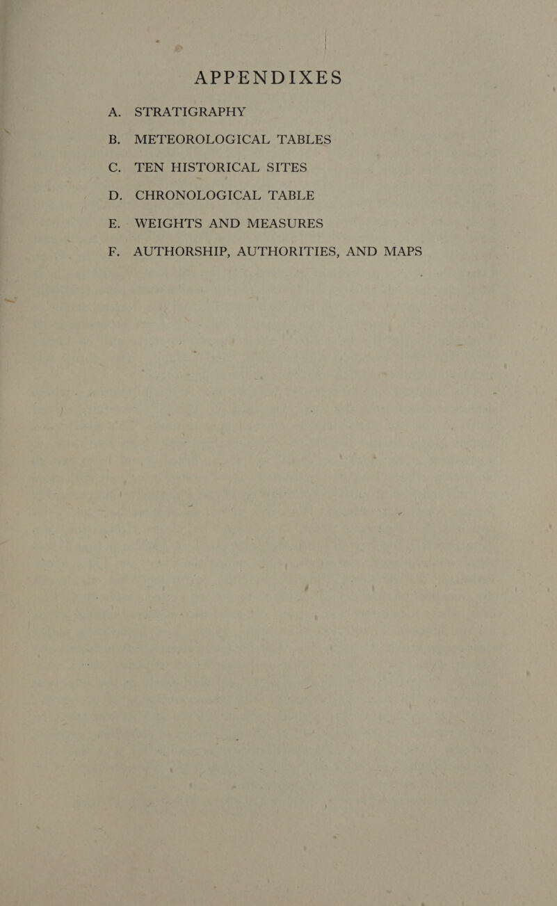 ae ngs gata ee ee APPENDIXES STRATIGRAPHY METEOROLOGICAL TABLES TEN HISTORICAL SITES CHRONOLOGICAL TABLE WEIGHTS AND MEASURES AUTHORSHIP, AUTHORITIES, AND MAPS