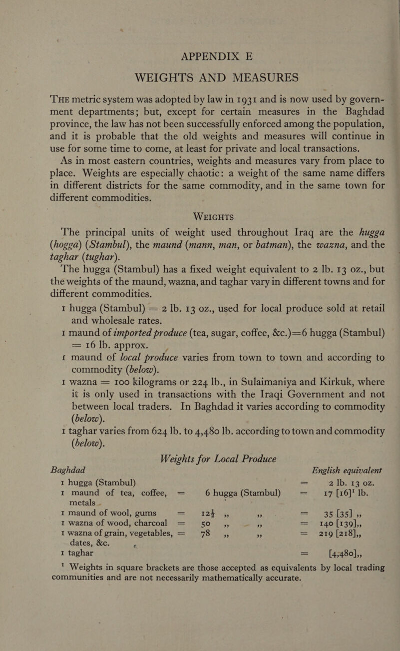 WEIGHTS AND MEASURES ‘THE metric system was adopted by law in 1931 and is now used by govern- ment departments; but, except for certain measures in the Baghdad province, the law has not been successfully enforced among the population, and it is probable that the old weights and measures will continue in use for some time to come, at least for private and local transactions. As in most eastern countries, weights and measures vary from place to place. Weights are especially chaotic: a weight of the same name differs in different districts for the same commodity, and in the same town for different commodities. WEIGHTS The principal units-of weight used throughout Irag are the hugga (hogga) (Stambul), the maund (mann, man, or batman), the wazna, and the taghar (tughar). The hugga (Stambul) has a fixed weight equivalent to 2 lb. 13 0z., but the weights of the maund, wazna, and taghar vary in different towns and for different commodities. 1 hugga (Stambul) = 2 lb. 13 0z., used for local produce sold at retail and wholesale rates. 1 maund of imported produce (tea, sugar, coffee, &amp;c.)=6 hugga (Stambul) = 16 lb. approx. t maund of local produce varies from town to town and according to commodity (below). I wazna = 100 kilograms or 224 lb., in Sulaimaniya and Kirkuk, where it is only used in transactions with the Iraqi Government and not between local traders. In Baghdad it varies according to commodity (below). 1 taghar varies from 624 lb. to 4,480 lb. according to town and commodity (below). Weights for Local Produce Baghdad English equivalent 1 hugga (Stambul) = 21b3/1302; 1 maund of tea, coffee, = 6 hugga (Stambul) = 17: {16) 1b. metals . 4 1 maund of wool, gums = Toes. “ = “- S85 Lehn, I wazna of wood, charcoal = 50 ,, + = 140[139],, I wazna of grain, vegetables, = 78 ,, “ = 219 [218},, dates, &amp;c. b I taghar = [4,480],, * Weights in square brackets are those accepted as equivalents by local trading communities and are not necessarily mathematically accurate.