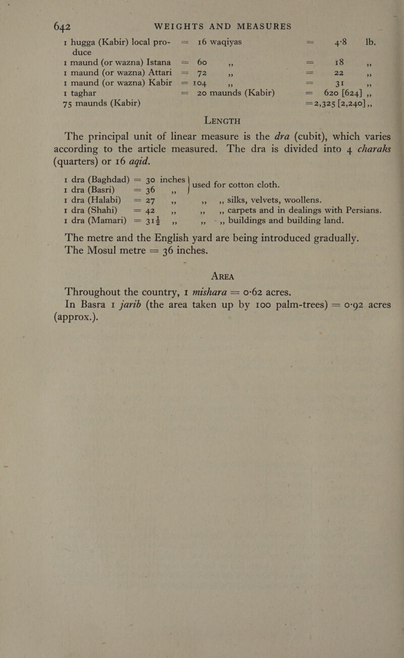 4'8 lb. 1 hugga (Kabir) local pro- = 16 waqiyas — duce 1 maund (or wazna) Istana = 60 s = 18 - 1 maund (or wazna) Attari = 72 e = 22 ef I maund (or wazna) Kabir = 104 ee = 3I r 1 taghar = 20 maunds (Kabir) = 620 [624] ,, 75 maunds (Kabir) 2,325 [2,240],, LENGTH The principal unit of linear measure is the dra (cubit), which varies according to the article measured. The dra is divided into 4 charaks (quarters) or 16 aqid. ; is en ad) 42 ie inches used for cotton cloth. 1 dra: (Halahi)** = 27 Py 5, », Silks, velvets, woollens. 1 dra (Shahi) = 42 i 5» 9) Carpets and in dealings with Persians. 1 dra (Mamari) = 313 ,, »» ~», buildings and building land. The metre and the English yard are being introduced gradually. The Mosul metre = 36 inches. AREA Throughout the country, 1 mishara = 0-62 acres. In Basra 1 jarib (the area taken up by 100 palm-trees) = 0-92 acres (approx.).