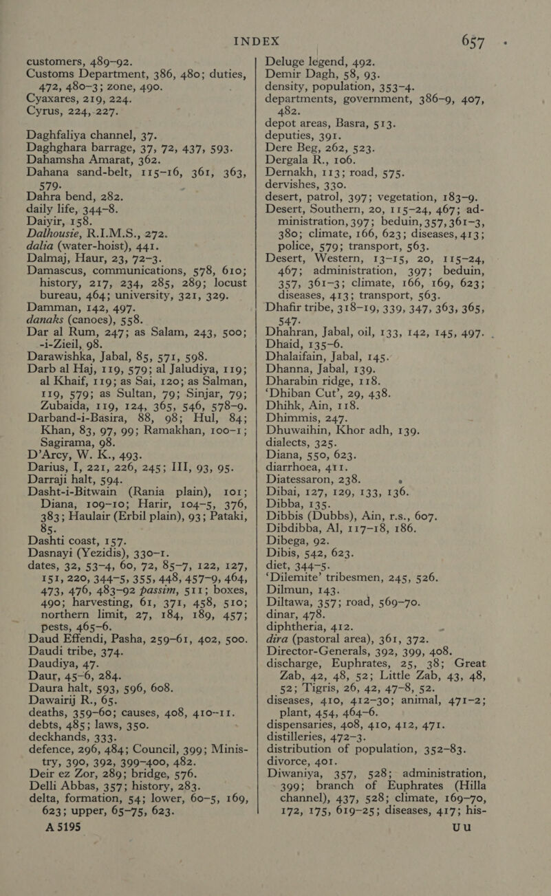 customers, 489-92 Customs Deer aca, 386, 480; a 472, 480-3; zone, 490. Cyaxares, 219, 224. Cyrus, 224,-227. Daghfaliya channel, 37. Daghghara barrage, 37, 72, 437, 593. Dahamsha Amarat, 362. Dahana _ sand- belt, 115-16, isis 363, 579. Be bend, 282. daily life, 344-8. Daiyir, 1 58. Dalhousie, R.I.M.S., 272. dalia (water-hoist), 441. Dalmaj, Haur, 23, 72-3. Damascus, communications, 578, 610; history, 217, 234, 285, 289; locust bureau, 464; university, 321, 329. Damman, 142, 497. danaks (canoes), 558. Dar al Rum, 247; as Salam, 243, 500; - =1-Zieil, 98. Darawishka, Jabal, 85, 571, 598. Darb al Haj, 119, 579; al Jaludiya, 119; al Khaif, 119; as Sai, 120; as Salman, 119, 579; as Sultan, 79; Sinjar, 79; Zubaida, 119, 124, 365, 546, 578-9. Darband-i-Basira, 88, 98; Hul, 84; Khan, 83, 97, 99; Ramakhan, 100-1; Sagirama, 98. D’Arcy, W. K., 493. Darius; I, 221, 226, 245; III} 93, 9s. Darraji halt, 594. Dasht-i-Bitwain (Rania plain), 101; Diana, 109-10; Harir, 104-5, 376, 383; Haulair (Erbil plain), 93; Pataki, 85. Dashti coast, 157. Dasnayi (Yezidis), 330-1. dates, 32, 53-4, 60, 72, 85-7, 122, 127, 151, 220, 344-5, 355, 448, 457-9, 464, 493; 476, 483-92 passim, 511; boxes, 490; harvesting, 61, 371, 458, 510; northern limit, 27, 184, 189, 457; pests, 465-6. Daud Effendi, Pasha, 259-61, 402, 500. Daudi tribe, 374. Daudiya, 47. Daur, 45-6, 284. Daura halt, 593, 596, 608. Dawairij R., 65. deaths, 3 59-60; causes, 408, ALOT debts, 485; laws, 350. deckhands, 333. defence, 296, 484; Council, 399; Minis- try, 390, 392, 399-400, 482. Deir ez Zor, 289; bridge, 576. Delli Abbas, 357; history, 283. delta, formation, 54; lower, 60-5, 169, 623; upper, 65-75, 623 A 5195 657 Deluge legend, 492. Demir Dagh, 58, 93. density, population, 353-4. departments, government, 386-9, 407, 482. depot areas, Basra, 513. deputies, 391. Dere Beg, 262, 523. Dergala R., 106. Dernakh, 113; road, 575. dervishes, 330. desert, patrol, 397; vegetation, 183-9. Desert, Southern, 20, 115-24, 467; ad- ministration, 397; beduin, 357, 361-3, 380; climate, 166, 623; diseases, 413; police, 579; transport, 563. Desert, Western, 13-15, 20, 115-24, 467; administration, 397; beduin, 357, 361-3; climate, 166, 169, 623; diseases, 413; transport, 563. Dhafir tribe, 318-19, 339, 347, 363, 365, 547- Dhahran, Jabal, oil, 133, 142, 145, 497. Dhaid, 135-6. Dhalaifain, Jabal, 145. Dhanna, Jabal, 139. Dharabin ridge, 118. ‘Dhiban Cut’, 29, 438. Dhihk, Ain, 118. Dhimmis, 247. Dhuwaihin, Khor adh, 139. dialects, 325. Diana, 550, 623. diarrhoea, 411. Diatessaron, 238. ° Dibai,:12'7):129;133;,,796: Dibba, 135. Dibbis (Dubbs), Ain, r.s., 607. Dibdibba, Al, 117-18, 186. Dibega, 92. Dibis, 542, 623. diet, 344-5. ‘Dilemite’ tribesmen, 245, 526. Dilmun, 143. Diltawa, 357; road, 569-70. dinar, 478. diphtheria, 412. dira (pastoral area), 361, 372. Director-Generals, 392, 399, 408. discharge, Euphrates, 25, 38; Great Zab, 42, 48, 52; Little Zab, 43, 48, §2; Tigris, 26, 42; 47-8, 52: diseases, 410, 412-30; animal, 471-2; plant, 454, 464-6. dispensaries, 408, 410, 412, 471. distilleries, 4772-3. distribution of population, 352-83. divorce, 401. Diwaniya, 357, 528; administration, 399; branch of Euphrates (Hilla channel), 437, 528; climate, 169-70, 172, 175, 619-25; diseases, 417; his- Uu