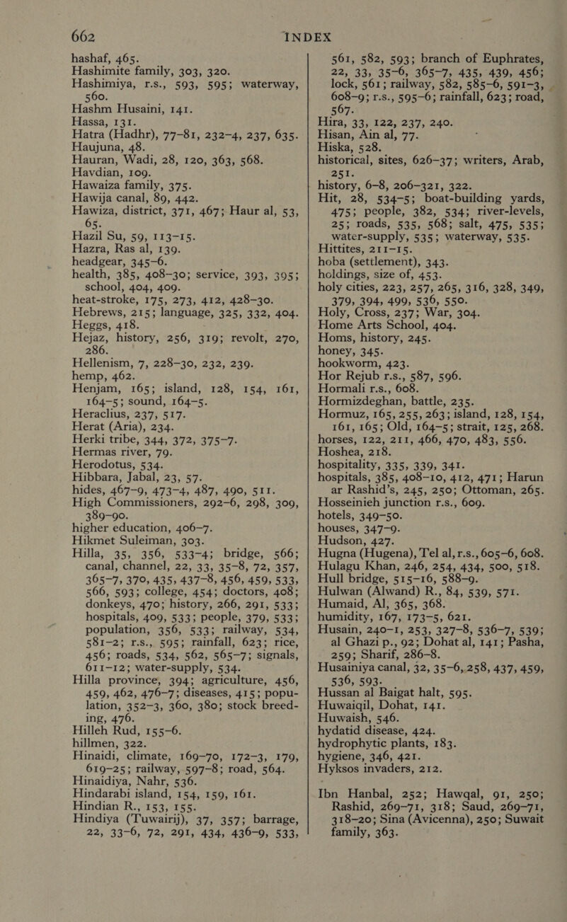 hashaf, 465. Hashimite family, 303, 320. er nieiths r.S., 593, 595; waterway, 560. Hashm Husaini, 141. Hassa, 131. Haujuna, 48. Hauran, Wadi, 28, 120, 363, 568. Havdian, 109. Hawya canal, 89, 442. Hawiza, district, 371, 467; Haur al, 53, Hazil Su, 59, 113-15. Hazra, Ras al, 139. headgear, 345-6. health, 385, 408-30; service, 393, 395; school, 404, 409. heat-stroke, 175, 273, 412, 428-30. Hebrews, 215; language, 325, 332, 404. Heggs, 418. Hejaz, history, 256, 319; revolt, 270, 286. hemp, 462. Henjam, 165; island, 164-5; sound, 164-5. Heraclius, 237, 517. Herat (Aria), 234. Herki tribe, 344, 372, 375-7. Hermas river, 79. Herodotus, 534. Hibbara, Jabal, 23, 57. hides, 467-9, 473-4, 487, 490, 5IT. High Commissioners, 292-6, 298, 309, 389-90. higher education, 406-7. Hikmet Suleiman, 303. Hilla, 35, 356, 533-4; bridge, 566; canal, channel, 22, 33, 35-8, 72, 357, 365-7, 379, 435, 437-8, 456, 459, 533, 566, 593; college, 454; doctors, 408; donkeys, 470; history, 266, 291, 533; hospitals, 409, 533; people, 379, 533; population, 356, 533; railway, 534, 581-2; r.s., 595; rainfall, 623; rice, 456; roads, 534, 562, 565- —7; signals, 611-12; water-supply, 534. Hilla province, 394; agriculture, 456, 459, 462, 476-7; diseases, 415; popu- lation, 352-3, 360, 380; stock breed- ing, 476. Hilleh Rud, 155-6. hillmen, 322. Hinaidi, climate, 169-70, 172-3, 179, 619-25; railway, 597-8; road, 564. Hinaidiya, Nahr, 536. Hindarabi island, 154, 159, 161. Hindian R., 153, 155. Hindiya (Tuwairij), 37, 357; barrage, 22, 33-6, 72, 291, 434, 436-9, 533, 128, 154, 161, 561, 582, 593; branch of Euphrates, 22, 33, 35-6, 365-7, 435, 439, 456; lock, 561; railway, 582, 585-6, 591-3, 608-9; r.s., 595-6; rainfall, 623; road, 567. Hira, 3301225239, 240: Hiska, 528. historical, sites, 626-37; writers, Arab, 251. Hit, 28, 534-5; boat-building yards, 475; people, 382, 534; river-levels, water-supply, 535; waterway, 535. Hittites, 211-15. hoba (settlement), 343. holdings, size of, 453. holy cities, 223, 257, 265, 316, 328, 349, 379, 394, 499, 536, 550. Holy, Cross, 237; War, 304. Home Arts School, 404. Homs, history, 245. honey, 345. Hor Rejub r.s., 587, 596. Hormali r.s., 608. Hormizdeghan, battle, 235. Hormuz, 165, 255, 263; island, 128, 154, 161, 165; Old, 164-5; strait, 125, 268. horses, 122, 211, 466, 470, 483, 556. Hoshea, 218. hospitality, 335, 339, 341. hospitals, 385, 408-10, 412, 471; Harun ar Rashid’s, 245, 250; Ottoman, 265. Hosseinieh junction r.s., 609. hotels, 349-50. houses, 347-9. Hudson, 427. Hugna (Hugena), Tel al, r.s., 605-6, 608. Hulagu Khan, 246, 254, 434, 500, 518. Hull bridge, 515-16, 588-9. Hulwan (Alwand) R., 84, 539, 571. Humaid, Al; 365, 3 humidity, 167, 173-5, 621. Husain, 240-1, 253, 327-8, 536-7, 539; al Ghazi p., 92; Dohat al, 141; Pasha, 259; Sharif, 286-8. Husainiya canal, 32, 35-6, 258, 437, 459, 536, 593. Hussan al Baigat halt, 595. Huwaigil, Dohat, 141. Huwaish, 546. hydatid disease, 424. hydrophytic plants, 183. hygiene, 346, 421. Hyksos invaders, 212. Ibn Hanbal, 252; Hawgqal, 91, 250; Rashid, 269-71, 318; Saud, 269-71, 318-20; Sina (Avicenna), 250; Suwait family, 363. z