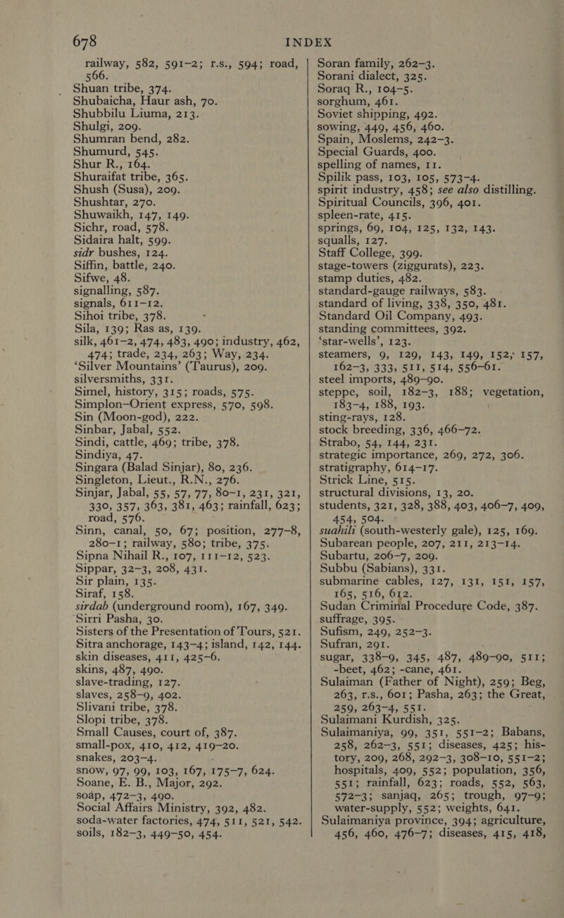 railway, 582, 591-2; f.s., 594; road, 66. 5 Shuan tribe, 374. Shubaicha, Haur ash, 70. Shubbilu Liuma, 213. Shulgi, 209. Shumran bend, 282. Shumurd, 545. Shur R., 164. Shuraifat tribe, 365. Shush (Susa), 209. Shushtar, 270. Shuwaikh, 147, 149. Sichr, road, 578. Sidaira halt, 599. sidr bushes, 124. Siffin, battle, 240. Sifwe, 48. signalling, 587. signals, 611-12. Sihoi tribe, 378. Sila, 139; Ras as, 139. silk, 461-2, 474, 483, 490; industry, 462, 474; trade, 234, 263; Way, 234. ‘Silver Mountains’ (Taurus), 209. silversmiths, 331. Simel, history, 315; roads, 575. Simplon-—Orient express, 570, 598. Sin (Moon-god), 222. Sinbar, Jabal, 552. Sindi, cattle, 469; tribe, 378. Sindiya, 47. Singara (Balad Sinjar), 80, 236. Singleton, Lieut., R.N., 276. Sinjar, Jabal, 55,57, 77; 80-1, 231, 321, 330, 357, 363, 381, 463; rainfall, 623; road, 576. Sinn, canal, 50, 67; position, 277-8, 280-1; railway, 580; tribe, 375. Sipna Nihail R., 107, 111-12, 523. Sippar, 32-3, 208, 431. Sir plain, 135. Siraf, 158. sirdab (underground room), 167, 349. ‘Sirri Pasha, 30. Sisters of the Presentation of Tours, 521. Sitra anchorage, 143-4; island, 142, 144. skin diseases, 411, 425-6. skins, 487, 490. slave-trading, 127. slaves, 258-9, 402. Slivani tribe, 378. Slopi tribe, 378. Small Causes, court of, 387. small-pox, 410, 412, Bane snakes, 203-4. snow, 97, 99, 103, 167, 175-7, 624. Soane, E. B., Major, 292. soap, 472-3, 490. Social Affairs Ministry, 392, 482. soda-water factories, 474, 511, 521, 542. soils, 182-3, 449-50, 454. Soran family, 262-3. Sorani dialect, 325. Soraq R., 104-5. sorghum, 461. Soviet shipping, 492. sowing, 449, 456, 460. Spain, Moslems, 242-3. Special Guards, 400. spelling of names, I1. Spilik pass, 103, 105, 573-4. spirit industry, 458; see also distilling. Spiritual Councils, 396, 401. spleen-rate, 415. springs, 69, THASESS, TIAA squalls, 127. Staff College, 399. stage-towers (ziggurats), 223. stamp duties, 482. standard-gauge railways, 583. standard of living, 338, 350, 481. Standard Oil Company, 493. standing committees, 392. ‘star-wells’, 123. steamers, 9, 129, 143, 149, 152, 157, 162-3, 333, 511, 514, 556-61 steel imports, 489-90. steppe, soil, 182-3, 188; 183-4, 188, 193. sting-rays, 128. stock breeding, 336, 466-72. Strabo, 54, 144, 231. strategic importance, 269, 272, 306. stratigraphy, 614-17. Strick Line, 515. structural divisions, 13, 20. students, 321, 328, 388, 403, 406-7, 409, 454, 504. suahili (south-westerly gale), 125, 169. Subarean people, 207, 211, 213-14. Subartu, 206-7, 209. Subbu (Sabians), 331. submarine cables, 127, 131, 151, 157, 165, 516, 612. Sudan Criminal Procedure Code, 387. suffrage, 395. Sufism, 249, 252-3. Sufran, 291. sugar, 338-9, 345, 487, 489-90, 511; -beet, 462; -cane, 461. Sulaiman (Father of Night), 259; Beg, 263, r.s., 601; Pasha, 263; the Great, 259, 263-4, 551. Sulaimani Kurdish, 325. Sulaimaniya, 99, 351, 551-2; Babans, 258, 262-3, 551; diseases, 425; his- tory, 209, 268, 292-3, 308-10, 551-2; hospitals, 409, 552; population, 356, 551; rainfall, 623; roads, 552, 563, 572-3; sanjaq, 265; trough, 97-9; water-supply, 552; weights, 641. Sulaimaniya province, 394; agriculture, 456, 460, 476-7; diseases, 415, 418, vegetation,