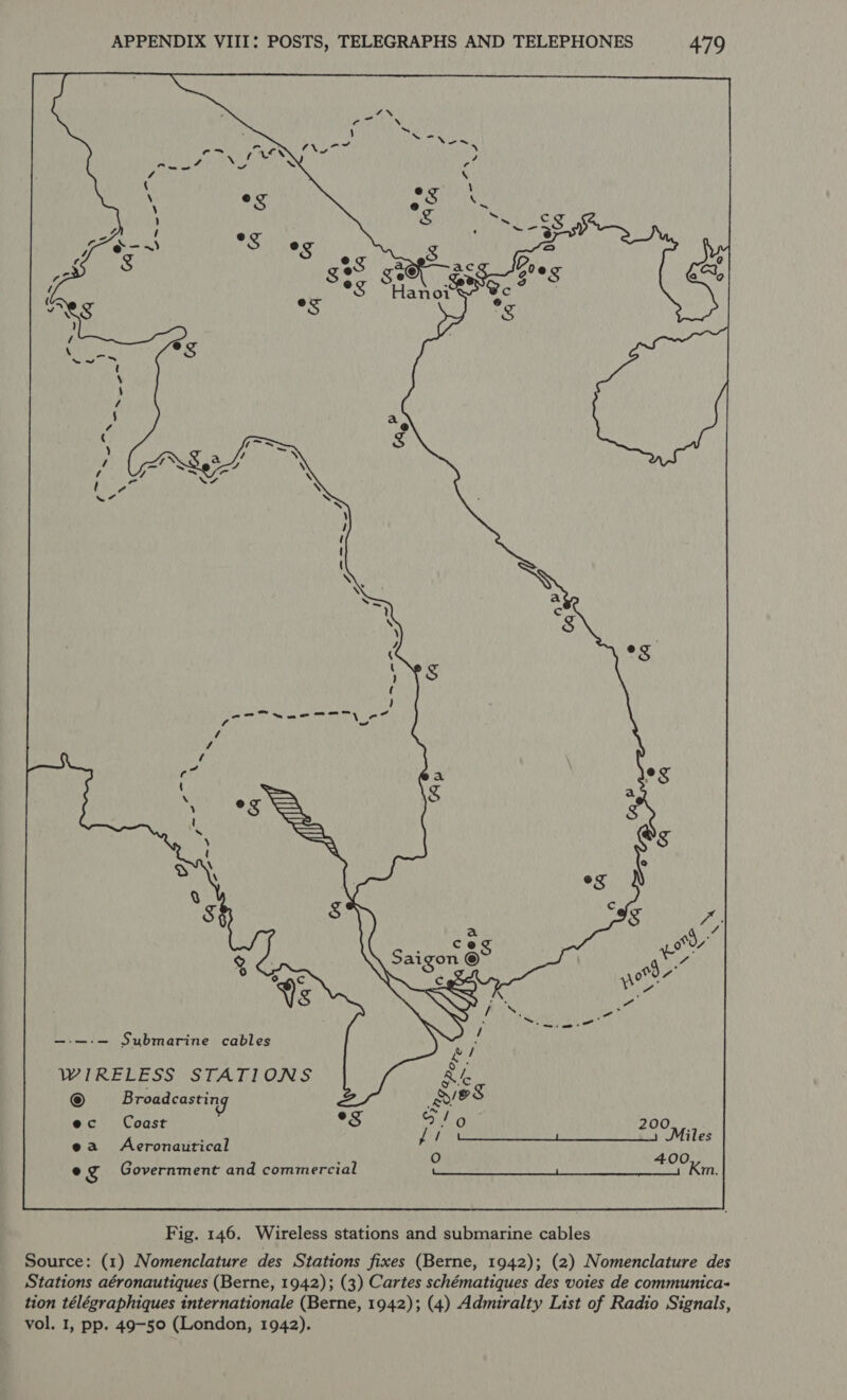   Sry hs ve aca Poe (oni 6 dbl e No Hava Gaels a c § eg a a aes 34 a or ° es c § A ¢ og oy f Saigon © Ani cB ad an je Sean ee Submarine cables 4 i rah WIRELESS STATIONS Ble © Broadcasting &amp; eS ec Coast °s ato 200,.. : Pi eee ai eo RS MALES ea Aeronautical : oO 400 eg Government and commercial Pie set dual i aE EY Ch Fig. 146. Wireless stations and submarine cables Source: (1) Nomenclature des Stations fixes (Berne, 1942); (2) Nomenclature des Stations aéronautiques (Berne, 1942); (3) Cartes schématiques des voies de communica- tion télégraphiques internationale (Berne, 1942); (4) Admiralty List of Radio Signals, vol. 1, pp. 49-50 (London, 1942).