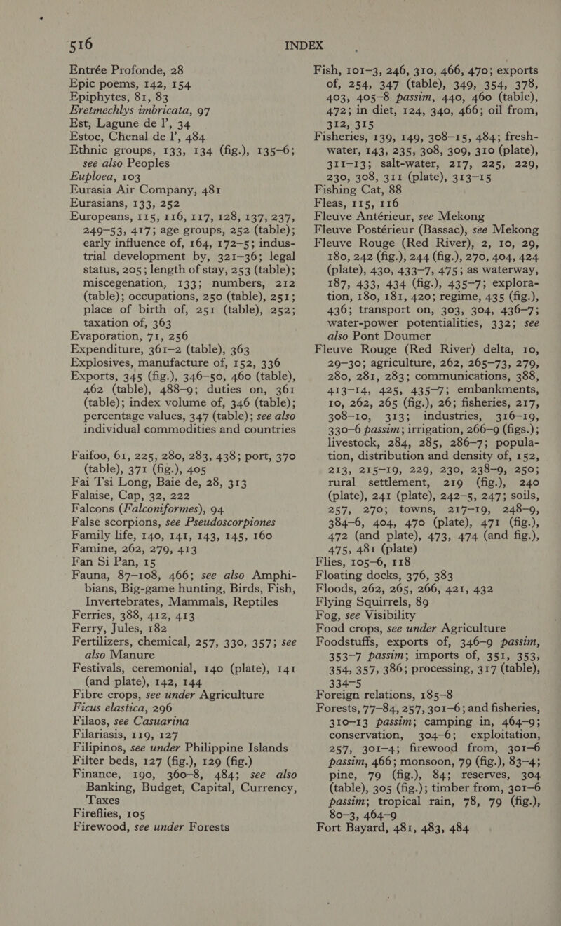 Entrée Profonde, 28 Epic poems, 142, 154 Epiphytes, 81, 83 Eretmechlys imbricata, 97 Est, Lagune de I’, 34 Estoc, Chenal de |’, 484 Ethnic groups, 133, 134 (fig.), 135-6; see also Peoples Euploea, 103 Eurasia Air Company, 481 Eurasians, 133, 252 Europeans, 115, 116, 117, 128, 137, 237; 249-53, 417; age groups, 252 (table); early influence of, 164, 172-5; indus- trial development by, 321-36; legal status, 205; length of stay, 253 (table); miscegenation, 133; numbers, 212 (table); occupations, 250 (table), 251; place of birth of, 251 (table), 252; taxation of, 363 Evaporation, 71, 256 Expenditure, 361-2 (table), 363 Explosives, manufacture of, 152, 336 Exports, 345 (fig.), 346-50, 460 (table), 462 (table), 488-9; duties on, 361 (table); index volume of, 346 (table); percentage values, 347 (table); see also individual commodities and countries Faifoo, 61, 225, 280, 283, 438; port, 370 (table), 371 (fig.), 405 Fai T'si Long, Baie de, 28, 313 Falaise, Cap, 32, 222 Falcons (Falconiformes), 94. False scorpions, see Pseudoscorpiones Family life, 140, 141, 143, 145, 160 Famine, 262, 279, 413 Fan Si Pan, 15 Fauna, 87-108, 466; see also Amphi- bians, Big-game hunting, Birds, Fish, Invertebrates, Mammals, Reptiles Ferries, 388, 412, 413 Ferry, Jules, 182 Fertilizers, chemical, 257, 330, 357; see also Manure Festivals, ceremonial, 140 (plate), 141 (and plate), 142, 144 Fibre crops, see under Agriculture Ficus elastica, 296 Filaos, see Casuarina Filariasis, 119, 127 Filipinos, see under Philippine Islands Filter beds, 127 (fig.), 129 (fig.) Finance, 190, 360-8, 484; see also Banking, Budget, Capital, Currency, Taxes Fireflies, 105 Firewood, see under Forests Fish, 101-3, 246, 310, 466, 470; exports of, 254, 347 (table), 349, 354, 378, 403, 405-8 passim, 440, 460 (table), 472; in diet, 124, 340, 466; oil from, 312, 315 Fisheries, 139, 149, 308-15, 484; fresh- water, 143, 235, 308, 309, 310 (plate), 311-13; salt-water, 217, 225, 229, 230, 308, 311 (plate), 313-15 Fishing Cat, 88 Fleas, 115, 116 Fleuve Antérieur, see Mekong Fleuve Postérieur (Bassac), see Mekong Fleuve Rouge (Red River), 2, 10, 29, 180, 242 (fig.), 244 (fig.), 270, 404, 424 (plate), 430, 433-7, 475; as waterway, 187, 433, 434 (fig.), 435-7; explora- tion, 180, 181, 420; regime, 435 (fig.), 436; transport on, 303, 304, 436-7; water-power potentialities, 332; see also Pont Doumer Fleuve Rouge (Red River) delta, 10, 29-30; agriculture, 262, 265-73, 279, 280, 281, 283; communications, 388, 413-14, 425, 435-7; embankments, 10, 262, 265 (fig.), 26; fisheries, 217, 308-10, 313; industries, 316-19, 330-6 passim; irrigation, 266-9 (figs.) ; livestock, 284, 285, 286-7; popula- tion, distribution and density of, 152, 213, 215-19, 229, 230, 238-9, 250; rural settlement, 219 (fig.), 240 (plate), 241 (plate), 242-5, 247; soils, 257, 270; towns, 217-19, 248-9, 384-6, 404, 470 (plate), 471 (fig.), 472 (and plate), 473, 474 (and fig.), 475, 481 (plate) Flies, 105-6, 118 Floating docks, 376, 383 Floods, 262, 265, 266, 421, 432 Flying Squirrels, 89 Fog, see Visibility Food crops, see under Agriculture Foodstuffs, exports of, 346-9 passim, 353-7 passim; imports of, 351, 353, 354, 357, 386; processing, 317 (table), 334-5 Foreign relations, 185-8 Forests, 77-84, 257, 301-6; and fisheries, 310-13 passim; camping in, 464-9; conservation, 304-6; exploitation, 257, 301-4; firewood from, 301-6 passim, 466; monsoon, 79 (fig.), 83-43 pine, 79 (fig.), 84; reserves, 304 (table), 305 (fig.); timber from, 301-6 passim; tropical rain, 78, 79 (fig.), 80-3, 464-9 Fort Bayard, 481, 483, 484