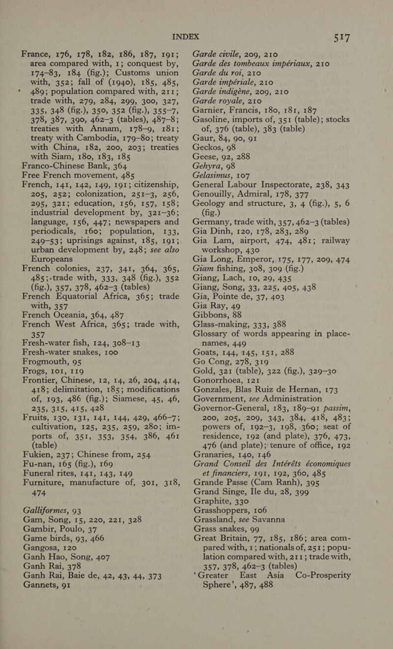 France, 176, 178, 182, 186, 187, 191; area compared with, 1; conquest by, 174-83, 184 (fig.); Customs union with, 352; fall of (1940), 185, 485, 489; population compared with, 211; trade with, 279, 284, 299, 300, 327, 335, 348 (fig.), 350, 352 (fig.), 355-7, 378, 387, 390, 462-3 (tables), 487-8; treaties with Annam, 178-9, 181; treaty with Cambodia, 179-80; treaty with China, 182, 200, 203; treaties with Siam, 180, 183, 185 Franco-Chinese Bank, 364 Free French movement, 485 French, 141, 142, 149, 191; citizenship, 205, 252; colonization, 251-3, 256, 295, 321; education, 156, 157, 158; industrial development by, 321-36; language, 156, 447; newspapers and periodicals, 160; population, 133, 249-53; uprisings against, 185, 191; urban development by, 248; see also Europeans French colonies, 237, 341, 364, 365, 485;-trade with, 333, 348 (fig.), 352 (fig.), 357, 378, 462-3 (tables) French Equatorial Africa, 365; trade with, 357 French Oceania, 364, 487 French West Africa, 365; trade with, 357 Fresh-water fish, 124, 308-13 Fresh-water snakes, 100 Frogmouth, 95 Frogs, 101, I19 Frontier, Chinese, 12, 14, 26, 204, 414, 418; delimitation, 185; modifications of, 193, 486 (fig.); Siamese, 45, 46, 235, 315, 415, 428 Fruits, 130, 131, 141, 144, 429, 466-7; cultivation, 125, 235, 259, 280; im- ports of, 351, 353, 354, 386, 461 (table) Fukien, 237; Chinese from, 254 Fu-nan, 165 (fig.), 169 Funeral rites, 141, 143, 149 Furniture, manufacture of, 301, 318, 474 Galliformes, 93 Gam, Song, 15, 220, 221, 328 Gambir, Poulo, 37 Game birds, 93, 466 Gangosa, 120 Ganh Hao, Song, 407 Ganh Rai, 378 Ganh Rai, Baie de, 42, 43, 44, 373 Gannets, 91 517 Garde civile, 209, 210 Garde des tombeaux impériaux, 210 Garde du roi, 210 Garde impériale, 210 Garde indigéne, 209, 210 Garde royale, 210 Garnier, Francis, 180, 181, 187 Gasoline, imports of, 351 (table); stocks of, 376 (table), 383 (table) Gaur, 84, 90, 91 Geckos, 98 Geese, 92, 288 Gehyra, 98 Gelasimus, 107 General Labour Inspectorate, 238, 343 Genouilly, Admiral, 178, 377 Geology and structure, 3, 4 (fig.), 5, 6 (fig.) Germany, trade with, 357, 462-3 (tables) Gia Dinh, 120, 178, 283, 289 Gia Lam, airport, 474, 481; railway workshop, 430 Gia Long, Emperor, 175, 177, 209, 474 Giam fishing, 308, 309 (fig.) Giang, Lach, 10, 29, 435 Giang, Song, 33, 225, 405, 438 Gia, Pointe de, 37, 403 Gia Ray, 49 Gibbons, 88 Glass-making, 333, 388 Glossary of words appearing in place- names, 449 Goats, 144, 145, 151, 288 Go Cong, 278, 319 Gold, 321 (table), 322 (fig.), 329-30 Gonorrhoea, 121 Gonzales, Blas Ruiz de Hernan, 173 Government, see Administration Governor-General, 183, 189-91 passim, 200, 205, 209, 343, 384, 418, 483; powers of, 192-3, 198, 360; seat of residence, 192 (and plate), 376, 473, 476 (and plate); tenure of office, 192 Granaries, 140, 146 Grand Conseil des Intéréts économiques et financiers, 191, 192, 360, 485 Grande Passe (Cam Ranh), 395 Grand Singe, Ile du, 28, 399 Graphite, 330 Grasshoppers, 106 Grassland, see Savanna Grass snakes, 99 Great Britain, 77, 185, 186; area com- pared with, 1; nationals of, 251; popu- lation compared with, 211; trade with, 357, 378, 462-3 (tables) ‘Greater East Asia Co-Prosperity Sphere’, 487, 488