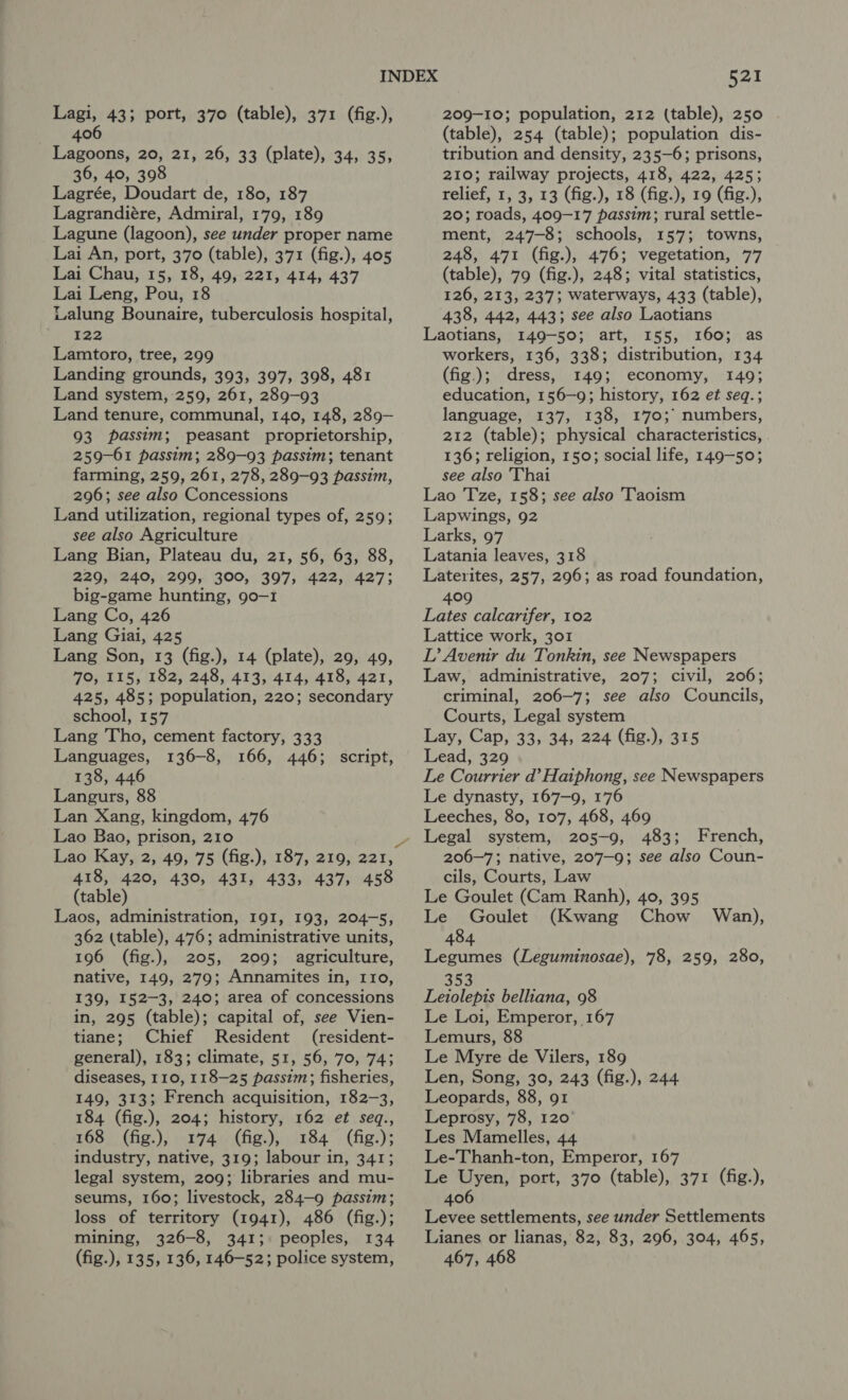 ae 43; port, 370 (table), 371 (fig.), 40 Lagoons, 20, 21, 26, 33 (plate), 34, 35, 36, 40, 398 Lagrée, Doudart de, 180, 187 Lagrandiére, Admiral, 179, 189 Lagune (lagoon), see under proper name Lai An, port, 370 (table), 371 (fig.), 405 Lai Chau, 15, 18, 49, 221, 414, 437 Lai Leng, Pou, 18 Lalung Bounaire, tuberculosis hospital, 122 Lamtoro, tree, 299 Landing grounds, 393, 397, 398, 481 Land system, 259, 261, 289-93 Land tenure, communal, 140, 148, 289- 93 passim; peasant proprietorship, 259-61 passim; 289-93 passim; tenant farming, 259, 261, 278, 289-93 passim, 296; see also Concessions Land utilization, regional types of, 259; see also Agriculture Lang Bian, Plateau du, 21, 56, 63, 88, 229, 240, 299, 300, 397, 422, 427; big-game hunting, 90-1 Lang Co, 426 Lang Giai, 425 Lang Son, 13 (fig.), 14 (plate), 29, 49, 70, 115, 182, 248, 413, 414, 418, 421, 425, 485; population, 220; secondary school, 157 Lang Tho, cement factory, 333 Languages, 136-8, 166, 446; script, 138, 446 Langurs, 88 Lan Xang, kingdom, 476 Lao Bao, prison, 210 Lao Kay, 2, 49, 75 (fig.), 187, 219, 221, 418, 420, 430, 431, 433, 437, 458 (table) Laos, administration, I91, 193, 204-5, 362 (table), 476; administrative units, 196 (fig.), 205, 209; agriculture, native, 149, 279; Annamites in, 110, 139, 152-3, 240; area of concessions in, 295 (table); capital of, see Vien- tiane; Chief Resident (resident- general), 183; climate, 51, 56, 70, 74; diseases, 110, 118-25 passim; fisheries, 149, 313; French acquisition, 182-3, 184 (fig.), 204; history, 162 et seq., 168 (fig.), 174 (fig.), 184 (fig.); industry, native, 319; labour in, 341; legal system, 209; libraries and mu- seums, 160; livestock, 284-9 passim; loss of territory (1941), 486 (fig.); mining, 326-8, 341; peoples, 134 (fig.), 135, 136, 146-52; police system, a 521 209-10; population, 212 (table), 250 (table), 254 (table); population dis- tribution and density, 235-6; prisons, 210; railway projects, 418, 422, 425; relief, 1, 3, 13 (fig.), 18 (fig.), 19 (fig.), 20; roads, 409-17 passim; rural settle- ment, 247-8; schools, 157; towns, 248, 471 (fig.), 476; vegetation, 77 (table), 79 (fig.), 248; vital statistics, 126, 213, 237; waterways, 433 (table), 438, 442, 443; see also Laotians Laotians, 149-50; art, 155, 160; as workers, 136, 338; distribution, 134 (fig.); dress, 149; economy, 149; education, 156-9; history, 162 et seq.; language, 137, 138, 170; numbers, 212 (table); physical characteristics, 136; religion, 150; social life, 149-50; see also Thai Lao Tze, 158; see also 'Taoism Lapwings, 92 Larks, 97 Latania leaves, 318 Laterites, 257, 296; as road foundation, 409 Lates calcarifer, 102 Lattice work, 301 L’ Avenir du Tonkin, see Newspapers Law, administrative, 207; civil, 206; criminal, 206-7; see also Councils, Courts, Legal system Lay, Cap, 33, 34, 224 (fig.), 315 Lead, 329 Le Courrier d’ Haiphong, see Newspapers Le dynasty, 167-9, 176 Leeches, 80, 107, 468, 469 205-9, 483; French, 206-7; native, 207-9; see also Coun- cils, Courts, Law Le Goulet (Cam Ranh), 40, 395 Le Goulet (Kwang Chow Wan), 484 Legumes (Leguminosae), 78, 259, 280, 353 Leiolepis belliana, 98 Le Loi, Emperor, 167 Lemurs, 88 Le Myre de Vilers, 189 Len, Song, 30, 243 (fig.), 244 Leopards, 88, 91 Leprosy, 78, 120 Les Mamelles, 44 Le-Thanh-ton, Emperor, 167 Le Uyen, port, 370 (table), 371 (fig.), 406 Levee settlements, see under Settlements Lianes or lianas, 82, 83, 296, 304, 465, 467, 468