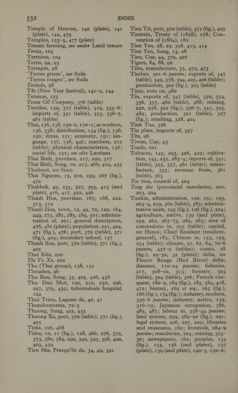 534 Temple of Heaven, 140 (plate), 141 (plate), 142, 475 Temples, 153-5, 477 (plate) Tenant farming, see under Land tenure Terias, 103 Termites, 104 Terns, 92, 93 Terrapin, 98 “Terres grises’, see Soils ‘Terres rouges’, see Soils Testudo, 98 Tét (New Year festival), 141-2, 144 Tetanus, 123 Texas Oil Company, 376 (table) Textiles, 139, 317 (table), 319, 335-6; imports of, 351 (table), 353, 356-7, 461 (table) Thai, 136, 138, 150-2, 170-1; as workers, 136, 338; distribution, 134 (fig.), 136, 150; dress, I51; economy, 151; lan- guage, 137, 138, 446; numbers, 212 (table); physical characteristics, 136; social life, 151; see also Laotians Thai Binh, province, 217, 290, 317 Thai Binh, Song, 10, 217, 266, 404, 435 Thailand, see Siam Thai Nguyen, 13, 210, 239, 267 (fig.), 472 Thakhek, 49, 235, 327, 395, 415 (and plate), 416, 417, 422, 426 Thanh Hoa, province, 167, 168, 222, 313, 319 Thanh Hoa, town, 12, 49, 70, 120, 164, 249, 273, 281, 285, 289, 301; adminis- tration of, 201; general description, 476, 480 (plate); population, 221, 404, 471 (fig.), 476; port, 370 (table), 371 (fig.), 404; secondary school, 157 Thanh Son, port, 370 (table), 371 (fig.), 405 That Khe, 220 Thi Ve Xu, 202 Tho (Thai group), 138, 151 Thrushes, 96 Thu Bon, Song, 35, 405, 426, 438 Thu Dau Mot, 120, 210, 230, 296, 297, 379, 439; tuberculosis hospital, 122 Thui Trieu, Lagune de, 40, 41 Thunderstorms, 72-3 Thuong, Song, 425, 435 Thuong Xa, port, 370 (table), 371 (fig.), 405 Ticks, 106, 468 Tides, 10, 11 (fig.), 128, 266, 276, 372, 373, 380, 389, 290, 392, 393, 398, 400, 403, 439 Tien Tri, port, 370 (table), 371 (fig.), 405 Tientsin, Treaty of (1858), 178; Con- vention of (1884), 182 Tien Yen, 28, 29, 398, 413, 414 Tien Yen, Song, 13, 2 Tieu, Cua, 44, 379, 407 Tigers, 84, 88, 90 Tiles, manufacture, 33, 472, 473 Timber, 301-6 passim; exports of, 347 (table), 349, 378, 394, 405, 406 (table); production, 302 (fig.), 303 (table) Time, note on, 480 Tin, exports of, 347 (table), 350, 354, 356, 357, 460 (table), 488; mining. 220, 238, 322 (fig.), 326-7, 341, 393, 489; production, 321 (table), 327 (fig.); smelting, 328, 404 Tinh Tuc, 326 Tin plate, imports of, 357 Tits, 96 Tiwan, Cap, 43 Toads, Io1 Tobacco, 145, 293, 406, 429; cultiva- tion, 143, 235, 283-4; inports of, 351, (table), 355, 357, 461 (table); manu- facture, 335; revenue from, 361 (table), 363 Toc bieu, council of, 204 Tong doc (provincial mandarin), 202, 203, 204 Tonkin, administration, 190, 191, 193, 203-4, 259, 362 (table), 383; adminis- trative units, 195 (fig.), 196 (fig.), 204; agriculture, native, 139 (and plate), 259, 262, 265-73, 282, 283; area of concessions in, 295 (table); capital, see Hanoi; Chief Resident (resident- general), 183; Chinese in, 153, 159, 254 (table); climate, 51, 62, 64, 70-6 passim, 457-9 (tables); coasts, 28 (fig.), 29-30, 32 (plate); delta, see Fleuve Rouge (Red River) delta; diseases, 110-24 passim; fisheries, 217, 308-10, 313; forestry, 303 (table), 304 (table), 306; French con- quest, 180-2, 184 (fig.), 185, 384, 418, 472; history, 162 et seq., 165 (fig.), 166 (fig.), 174 (fig.); industry, modern, 330-6 passim; industry, native, 139, 316-19; Japanese occupation, 386, 485, 487; labour in, 338-44 passim; land system, 259, 289-90 (fig.), 291; legal system, 206, 207, 209; libraries and museums, 160; livestock, 284-9 passim; mandarins, 204; mining, 323- 30; newspapers, 160; peoples, 134 (fig.), 135, 136 (and plates), 137