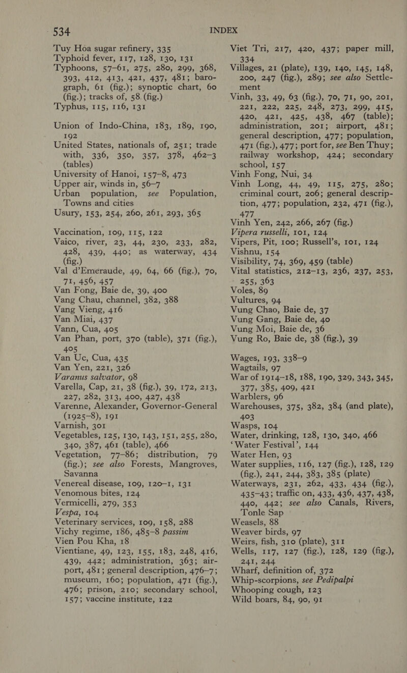 Tuy Hoa sugar refinery, 335 Typhoid fever, 117, 128, 130, 131 Typhoons, 57-61, 275, 280, 299, 368, 393, 412, 413, 421, 437, 481; baro- graph, 61 (fig.); synoptic chart, 60 (fig.); tracks of, 58. (fig.) Typhus, 115, 116, 131 Union of Indo-China, 183, 189, 190, 192 United States, nationals of, 251; trade with, 336, 350, 357, 378, 462-3 (tables) University of Hanoi, 157-8, 473 Upper air, winds in, 56-7 Urban population, _ see Towns and cities Usury, 153, 254, 260, 261, 293, 365 Population, Vaccination, 109, II5, 122 Valco, ssiver,s.23, (44; S30,neas, eens, 428, 439, 440; as waterway, 434 (fig.) Val d’Emeraude, 49, 64, 66 (fig.), 70, 71, 456, 457 Van Fong, Baie de, 39, 400 Vang Chau, channel, 382, 388 Vang Vieng, 416 Van Miai, 437 Vann, Cua, 405 Van Phan, port, 370 (table), 371 (fig.), 405 Van Uc, Cua, 435 Van Yen, 221, 326 Varanus salvator, 98 Varella, Cap, 21, 38 (fig.), 39, 172, 213, 227, 282, 313, 400, 427, 438 Varenne, Alexander, Governor-General (1925-8), 191 Varnish, 301 Vegetables, 125, 130, 143, I51, 255, 280, 340, 387, 461 (table), 466 Vegetation, 77-86; distribution, 79 (fig.); see also Forests, Mangroves, Savanna Venereal disease, 109, 120-1, 131 Venomous bites, 124 Vermicelli, 279, 353 Vespa, 104 Veterinary services, 109, 158, 288 Vichy regime, 186, 485-8 passim Vien Pou Kha, 18 Vientiane, 49, 123, 155, 183, 248, 416, 439, 442; administration, 363; air- port, 481; general description, 476-7; museum, 160; population, 471 (fig.), 476; prison, 210; secondary school, 1573; vaccine institute, 122 Viet Tri, 217, 420, 437; paper mill, 334 Villages, 21 (plate), 139, 140, 145, 148, 200, 247 (fig.), 289; see also Settle- ment Vinh, 33, 49, 63 (fig.), 70, 71, 90, 201, 221, 222, 225, 248, 273, 299, 415, 420, 421, 425, 438, 467 (table); administration, 201; airport, 481; general description, 477; population, 471 (fig.), 477; port for, see Ben Thuy; railway workshop, 424; secondary school, 157 Vinh Fong, Nui, 34 Vinh Long, 44, 49, 115, 275, 280; criminal court, 206; general descrip- tion, 477; population, 232, 471 (fig.), 477 Vinh Yen, 242, 266, 267 (fig.) Vipera russelli, 101, 124 Vipers, Pit, 100; Russell’s, ror, 124 Vishnu, 154 Visibility, 74, 369, 459 (table) Vital statistics, 212-13, 236, 237, 253, 255, 363 Voles, 89 Vultures, 94 Vung Chao, Baie de, 37 Vung Gang, Baie de, 40 Vung Moi, Baie de, 36 Vung Ro, Baie de, 38 (fig.), 39 Wages, 193, 338-9 Wagtails, 97 War of 1914-18, 188, 190, 329, 343, 345, 377, 385, 409, 421 Warblers, 96 Warehouses, 375, 382, 384 (and plate), 403 Wasps, 104 Water, drinking, 128, 130, 340, 466 ‘Water Festival’, 144 Water Hen, 93 Water supplies, 116, 127 (fig.), 128, 129 (fig.), 241, 244, 383, 385 (plate) Waterways, 231, 262, 433, 434 (fig.), 435-43; traffic on, 433, 436, 437, 438, 440, 442; see also Canals, Rivers, Tonle Sap Weasels, 88 Weaver birds, 97 Weirs, fish, 310 (plate), 311 Wells, 117, 127 (fig.), 128, 129 (fig.), 241, 244 Wharf, definition of, 372 Whip-scorpions, see Pedipalpi Whooping cough, 123 Wild boars, 84, 90, 91