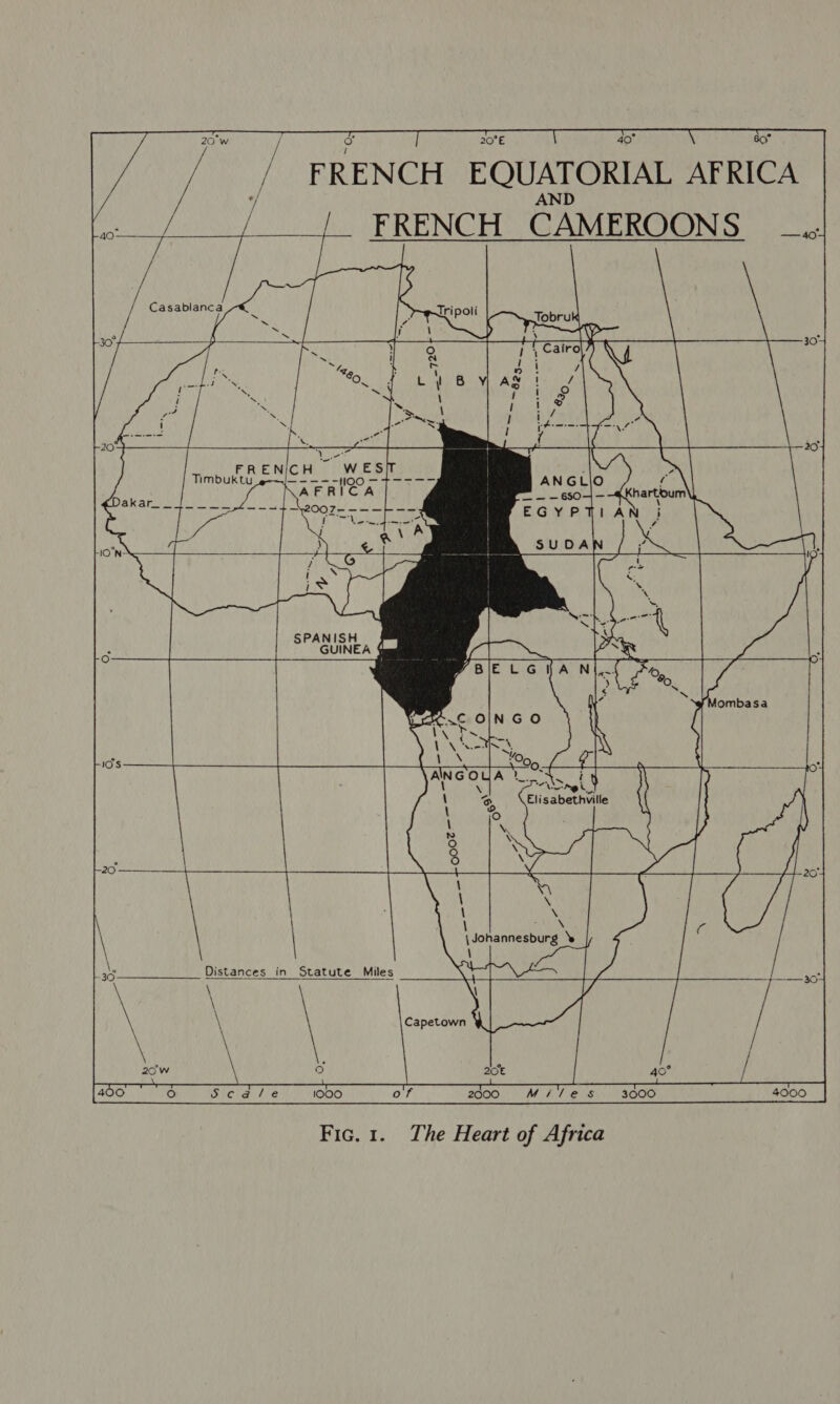         20°w / o 20°E 40° 60° uh / FRENCH EQUATORIAL AFRICA vf AND | FRENCH CAMEROONS _..   p   FRENICH _ Timbuktu c    Lae Distances in Statute Miles  sera ae DiC a fe