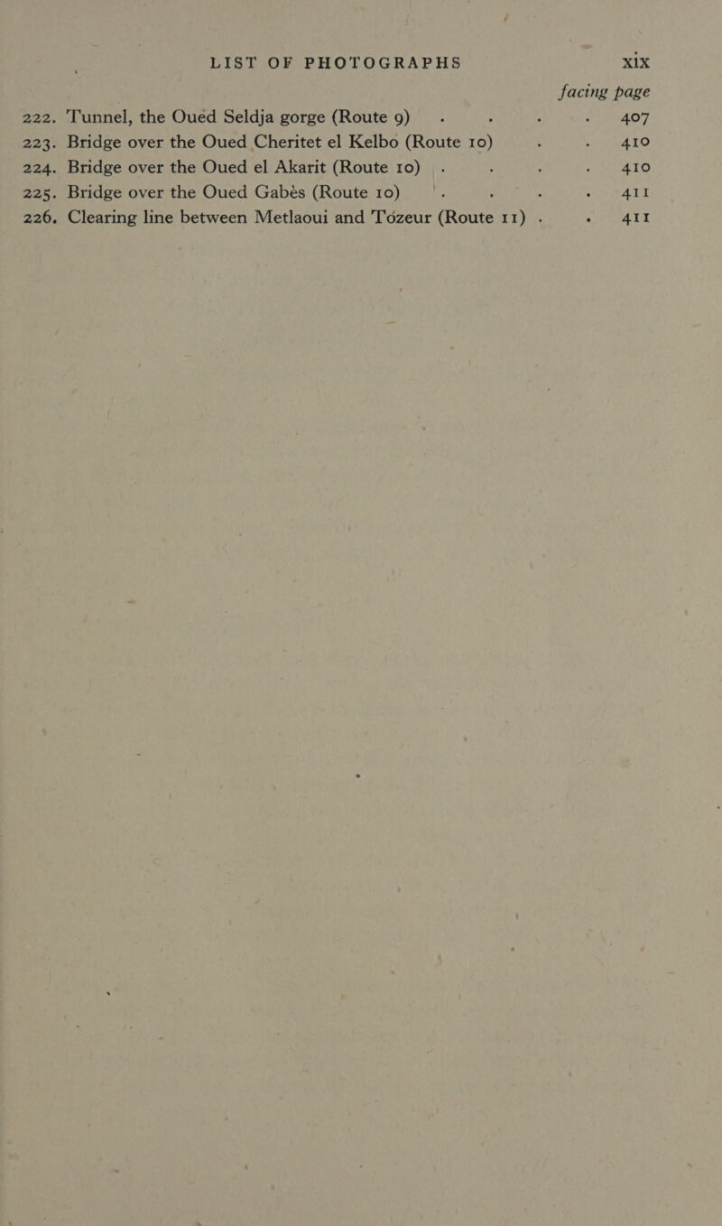 facing page 222. Tunnel, the Oued Seldja gorge (Route 9) . f : Puhr 223. Bridge over the Oued Cheritet el Kelbo (Route 10) “ kato 224. Bridge over the Oued el Akarit (Route 10) . ; : ATO 225. Bridge over the Oued Gabés (Route 10) Ne ; ; ee. Be 226. Clearing line between Metlaoui and Tozeur (Route 11) . pea it