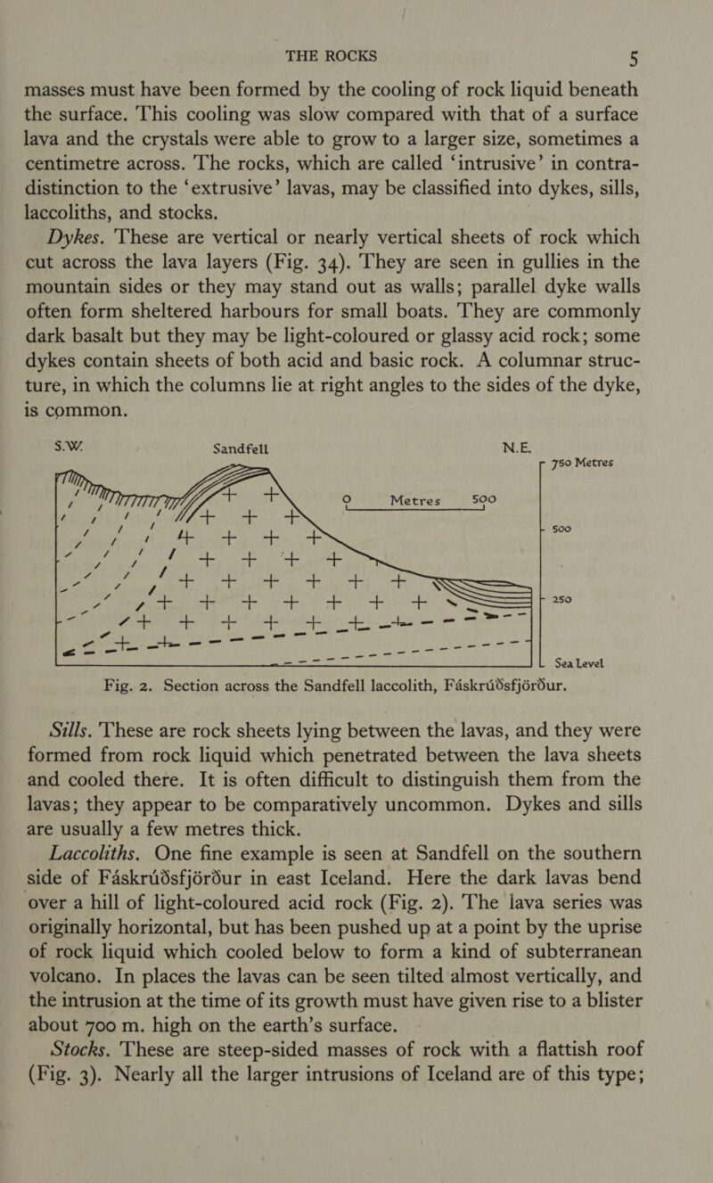 masses must have been formed by the cooling of rock liquid beneath the surface. This cooling was slow compared with that of a surface lava and the crystals were able to grow to a larger size, sometimes a centimetre across. ‘The rocks, which are called ‘intrusive’ in contra- distinction to the ‘extrusive’ lavas, may be classified into dykes, sills, laccoliths, and stocks. Dykes. 'These are vertical or nearly vertical sheets of rock which cut across the lava layers (Fig. 34). They are seen in gullies in the mountain sides or they may stand out as walls; parallel dyke walls often form sheltered harbours for small boats. They are commonly dark basalt but they may be light-coloured or glassy acid rock; some dykes contain sheets of both acid and basic rock. A columnar struc- ture, in which the columns lie at right angles to the sides of the dyke, is common. SW. Sandfell NE: 750 Metres  Sea Level Fig. 2. Section across the Sandfell laccolith, Faskrii6sfjérour. Sills. These are rock sheets lying between the lavas, and they were formed from rock liquid which penetrated between the lava sheets and cooled there. It is often difficult to distinguish them from the lavas; they appear to be comparatively uncommon. Dykes and sills are usually a few metres thick. Laccoliths. One fine example is seen at Sandfell on the southern side of Faskrudsfjérdur in east Iceland. Here the dark lavas bend over a hill of light-coloured acid rock (Fig. 2). The lava series was originally horizontal, but has been pushed up at a point by the uprise of rock liquid which cooled below to form a kind of subterranean volcano. In places the lavas can be seen tilted almost vertically, and the intrusion at the time of its growth must have given rise to a blister about 700 m. high on the earth’s surface. Stocks. These are steep-sided masses of rock with a flattish roof (Fig. 3). Nearly all the larger intrusions of Iceland are of this type;