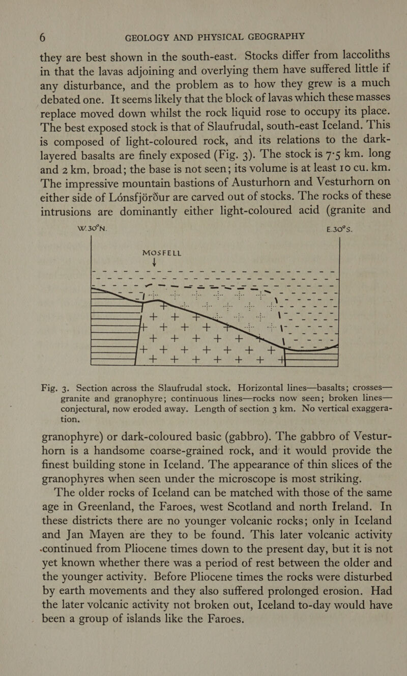 they are best shown in the south-east. Stocks differ from laccoliths in that the lavas adjoining and overlying them have suffered little if any disturbance, and the problem as to how they grew is a much debated one. It seems likely that the block of lavas which these masses replace moved down whilst the rock liquid rose to occupy its place. The best exposed stock is that of Slaufrudal, south-east Iceland. ‘This is composed of light-coloured rock, and its relations to the dark- layered basalts are finely exposed (Fig. 3). The stock is 7-5 km. long and 2 km. broad; the base is not seen; its volume is at least 10 cu. km. The impressive mountain bastions of Austurhorn and Vesturhorn on either side of Lonsfjérdur are carved out of stocks. The rocks of these intrusions are dominantly either light-coloured acid (granite and W.30°N. E.30°S.  Fig. 3. Section across the Slaufrudal stock. Horizontal lines—basalts; crosses— granite and granophyre; continuous lines—rocks now seen; broken lines— conjectural, now eroded away. Length of section 3 km. No vertical exaggera- tion. granophyre) or dark-coloured basic (gabbro). ‘The gabbro of Vestur- horn is a handsome coarse-grained rock, and it would provide the finest building stone in Iceland. The appearance of thin slices of the granophyres when seen under the microscope is most striking. The older rocks of Iceland can be matched with those of the same age in Greenland, the Faroes, west Scotland and north Ireland. In these districts there are no younger volcanic rocks; only in Iceland and Jan Mayen are they to be found. This later volcanic activity -continued from Pliocene times down to the present day, but it is not yet known whether there was a period of rest between the older and the younger activity. Before Pliocene times the rocks were disturbed by earth movements and they also suffered prolonged erosion. Had the later volcanic activity not broken out, Iceland to-day would have been a group of islands like the Faroes.