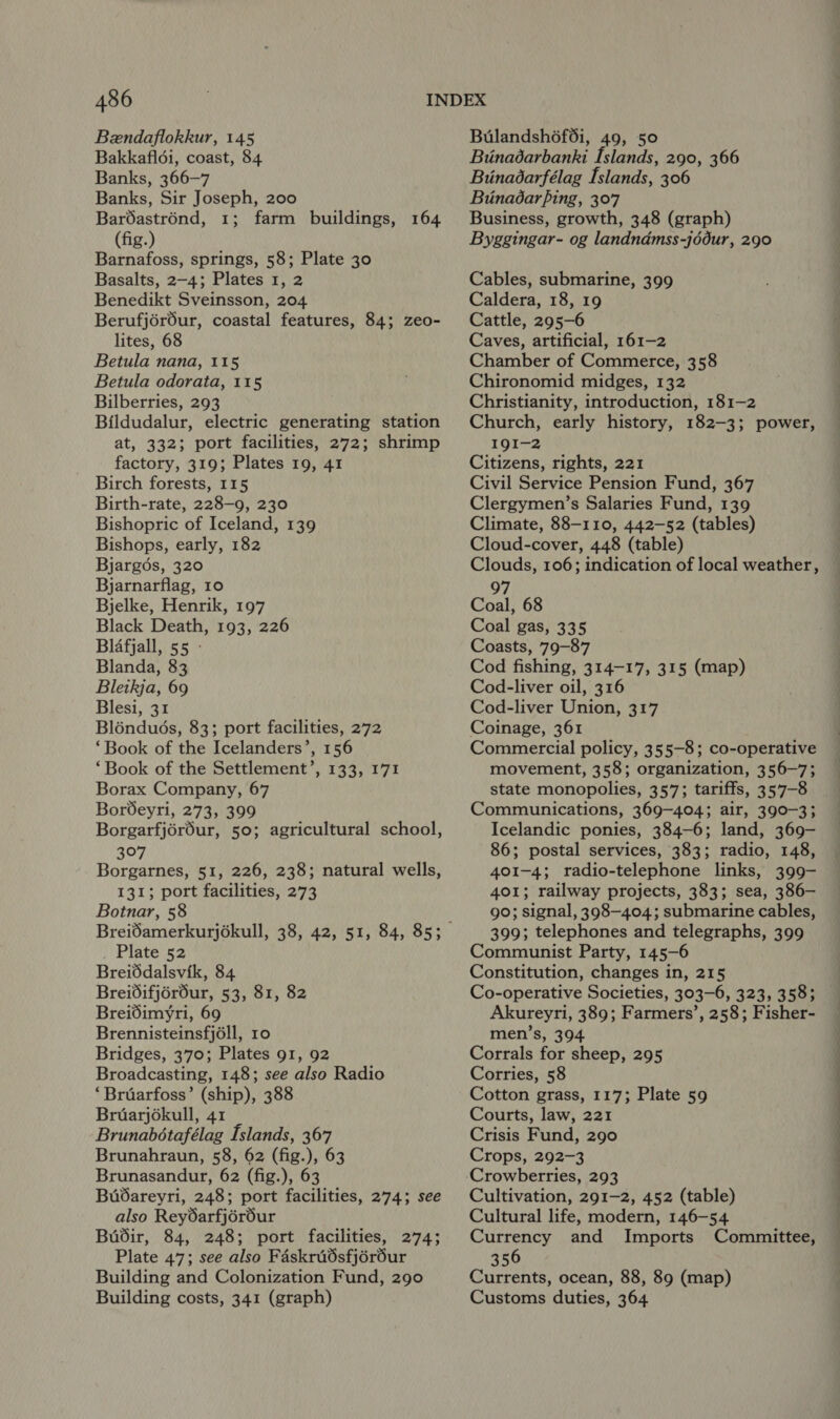 Bendaflokkur, 145 Bakkafldi, coast, 84 Banks, 366-7 Banks, Sir Joseph, 200 Bardastrénd, 1; farm buildings, 164 (fig.) Barnafoss, springs, 58; Plate 30 Basalts, 2-4; Plates 1, 2 Benedikt Sveinsson, 204 Berufjéréur, coastal features, 84; zeo- lites, 68 Betula nana, 115 Betula odorata, 115 Bilberries, 293 Bildudalur, electric generating station at, 332; port facilities, 272; shrimp factory, 319; Plates 19, 41 Birch forests, 115 Birth-rate, 228-9, 230 Bishopric of Iceland, 139 Bishops, early, 182 Bjargés, 320 Bjarnarflag, 10 Bjelke, Henrik, 197 Black Death, 193, 226 Blafjall, 55 - Blanda, 83 Bleikja, 69 Blesi, 31 Bléndués, 83; port facilities, 272 ‘Book of the Icelanders’, 156 ‘Book of the Settlement’, 133, 171 Borax Company, 67 Bor6eyri, 273, 399 Borgarfjérdur, 50; agricultural school, 3°97 Borgarnes, 51, 226, 238; natural wells, 131; port facilities, 273 Botnar, 58 Plate 52 Breiddalsvik, 84 Breidifj6rour, 53, 81, 82 Breidimyri, 69 Brennisteinsfjéll, 10 Bridges, 370; Plates 91, 92 Broadcasting, 148; see also Radio ‘Brdarfoss’ (ship), 388 Bruarjokull, 41 Brunabétafélag Islands, 367 Brunahraun, 58, 62 (fig.), 63 Brunasandur, 62 (fig.), 63 BuOareyri, 248; port facilities, 274; see also Rey6arfjéréur Budir, 84, 248; port facilities, 274; Plate 47; see also Faskri6sfjér6ur Building and Colonization Fund, 290 Building costs, 341 (graph) Bulandsh6f6i, 49, 50 Binadarbanki Islands, 290, 366 Binadarfélag Islands, 306 Buinadar fing, 307 Business, growth, 348 (graph) Byggingar- og landndémss-j6dur, 290 Cables, submarine, 399 Caldera, 18, 19 Cattle, 295-6 Caves, artificial, 161-2 Chamber of Commerce, 358 Chironomid midges, 132 Christianity, introduction, 181-2 Church, early history, 182-3; power, I9I-2 Citizens, rights, 221 Civil Service Pension Fund, 367 Clergymen’s Salaries Fund, 139 Climate, 88-110, 442-52 (tables) Cloud-cover, 448 (table) Clouds, 106; indication of local weather, 97 Coal, 68 Coal gas, 335 Coasts, 79-87 Cod fishing, 314-17, 315 (map) Cod-liver oil, 31 Cod-liver Union, 317 Coinage, 361 Commercial policy, 355-8; co-operative movement, 358; organization, 356-7; state monopolies, 357; tariffs, 357-8 Communications, 369-404; air, 390-3; Icelandic ponies, 384-6; land, 369- 86; postal services, 383; radio, 148, 401-4; radio-telephone links, 399- 401; railway projects, 383; sea, 386— 90; signal, 398-404; submarine cables, 399; telephones and telegraphs, 399 Communist Party, 145-6 Constitution, changes in, 215 Co-operative Societies, 303-6, 323, 3583 Akureyri, 389; Farmers’, 258; Fisher- men’s, 394 Corrals for sheep, 295 Corries, 58 Cotton grass, 117; Plate 59 Courts, law, 221 Crisis Fund, 290 Crops, 292-3 Cultivation, 291-2, 452 (table) Cultural life, modern, 146-54 Currency and Imports Committee, 356 Currents, ocean, 88, 89 (map) Customs duties, 364 ee